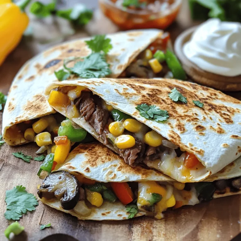 To make loaded steak quesadillas, you need these key ingredients: - 1 lb flank steak, thinly sliced - 2 tablespoons olive oil - 1 tablespoon taco seasoning - 1 bell pepper, sliced (any color) - 1 small red onion, thinly sliced - 1 cup shredded cheese (cheddar and Monterey Jack blend) - 4 large flour tortillas - 1 cup mushrooms, sliced - ½ cup corn (canned or frozen) - Salt and pepper to taste - Fresh cilantro, for garnish - Sour cream and salsa, for serving You will need some basic tools to make these quesadillas: - A large skillet or frying pan - A sharp knife for slicing - A cutting board - A spatula for flipping - Measuring spoons for accuracy Choosing the right ingredients makes a big difference. Here are some tips: - Flank steak: Look for bright red color and firm texture. - Vegetables: Pick fresh bell peppers and onions. They should feel firm and have no soft spots. - Cheese: Choose a blend of cheddar and Monterey Jack for great melting quality. - Corn: If using canned corn, check the label for low sodium options. If using frozen, pick a brand with no added ingredients. These tips help ensure you get the best flavors in your loaded steak quesadillas. For the complete cooking process, check out the Full Recipe. To start, heat a skillet over medium-high heat. Add two tablespoons of olive oil. Once hot, place one pound of thinly sliced flank steak in the skillet. Sprinkle on one tablespoon of taco seasoning, salt, and pepper. Cook for about 3-4 minutes. You want the meat browned and fully cooked. Remove the steak and set it aside. Next, in the same skillet, add one sliced bell pepper, one small thinly sliced red onion, one cup of sliced mushrooms, and half a cup of corn. Sauté these for about 5-6 minutes. You want the veggies to be tender and flavorful. Now, grab a large flour tortilla. Lay it in the skillet over medium heat. On one half of the tortilla, add half of the shredded cheese. Follow this with half of the cooked steak and half of the sautéed veggies. Then, add another layer of cheese. Fold the tortilla in half over the fillings. Cook this quesadilla for 2-3 minutes on each side. The goal is a golden-brown tortilla and melted cheese. Remove it from the skillet and let it cool a minute before slicing it into wedges. Repeat this process with the remaining ingredients to make a second quesadilla. When cooking steak, aim for a high temperature to get a nice sear. This locks in the juices and flavors. For vegetables, a medium heat works best. This allows them to soften without burning. Always check that your vegetables are tender but not mushy. For visual guidance, I recommend checking out video tutorials on loaded steak quesadillas. These can be helpful in showing you how to achieve the perfect cook on both the meat and the tortillas. You can find many great examples on cooking platforms like YouTube. To make great quesadillas, you need to focus on a few key steps: - Use a hot skillet: Preheat your skillet on medium-high heat. A hot skillet helps the tortillas get crispy. - Don't overfill: Fill your quesadilla but don’t overdo it. Too much filling can make it hard to flip. - Press down gently: When cooking, press the quesadilla lightly with a spatula. This helps the cheese melt well. Flavor is key in loaded steak quesadillas. Here are some tips to boost it: - Season your steak well: Use taco seasoning, salt, and pepper. Let the meat marinate for a few minutes for better taste. - Sauté vegetables: Sautéing bell peppers, onions, and mushrooms adds depth. It also brings out their natural sweetness. - Mix cheese types: The blend of cheddar and Monterey Jack gives a nice creamy texture. Combine different cheeses for a unique flavor. Sometimes issues pop up while cooking. Here’s how to fix them: - Quesadilla is soggy: If it feels wet, use less filling or cook longer. Make sure the skillet is hot before adding the quesadilla. - Cheese won’t melt: Use shredded cheese as it melts better. If it’s still not melting, try cooking on low heat a bit longer. - Tortilla tears: If your tortillas tear, they may be too cold. Warm them slightly before filling to make them more pliable. For a delicious adventure, check the Full Recipe for loaded steak quesadillas! {{image_2}} You can mix things up with different meats in your loaded quesadillas. Chicken is a great choice. Use grilled or shredded chicken for extra flavor. Pulled pork also works well, adding a smoky taste. For a spicy kick, try chorizo. This sausage brings bold flavors to the dish. You can also use shrimp for a seafood twist. Just cook them quickly and add them to your quesadilla. You can easily make a vegetarian version. Swap the steak for black beans or refried beans. These add protein and texture. You could also use lentils for a hearty option. For a vegan dish, skip the cheese and use a plant-based alternative. Nutritional yeast can give you a cheesy flavor without dairy. Add extra veggies like zucchini or spinach for more nutrition. Be creative with your ingredients! Instead of tortillas, try using lettuce wraps for a low-carb option. You can also switch out the cheese for guacamole or avocado slices. For a different flavor, add jalapeños or pickled onions. These ingredients bring a nice zing to your quesadillas. You can mix in different grains, like quinoa or rice, for added texture. The possibilities are endless! For the full recipe, check out the Loaded Steak Quesadillas section. After making loaded steak quesadillas, let them cool down. Place any leftovers in an airtight container. You can store them in the fridge for up to three days. If you want to keep them longer, freezing is a great option. When you are ready to enjoy the leftovers, use a skillet for reheating. Heat it over medium heat. Place the quesadilla in the skillet for about 3-5 minutes on each side. This method helps keep the tortilla crispy and the cheese melty. You can also use a microwave, but the texture may not be as good. To freeze your quesadillas, wrap each one in plastic wrap. Then, place them in a freezer-safe bag. They can last for up to two months in the freezer. When you want to eat them, thaw them overnight in the fridge. Then, reheat as mentioned above. This way, you can enjoy a tasty meal anytime! You can serve many tasty sides with loaded steak quesadillas. Some great options include: - Fresh guacamole - Mexican rice - Refried beans - Chopped salad with lime dressing - Nachos with cheese and jalapeños These sides add flavor and texture. They also make the meal more filling. Loaded steak quesadillas last about 3 to 4 days in the fridge. Make sure to store them in an airtight container. This helps keep them fresh and safe to eat. Yes, you can make loaded steak quesadillas ahead of time. Prepare the filling and tortillas separately. Then, store them in the fridge. When you're ready to eat, just cook them in a skillet. This way, you enjoy warm, crispy quesadillas without much hassle. To customize the full recipe, try these ideas: - Use different meats like chicken or shrimp. - Swap in veggies like spinach or zucchini. - Add spices like cumin or smoked paprika for extra flavor. - Try different cheeses like pepper jack or feta. These tweaks let you create your perfect quesadilla. Get creative and enjoy! Loaded steak quesadillas are filling and fun to make. We covered essential ingredients, cooking tips, and ways to customize them. You can choose your protein or make them vegan. Storing leftovers is easy, and reheating keeps them tasty. Use the techniques and advice to impress your family and friends. Enjoy your cooking journey and create delicious moments that bring everyone together!