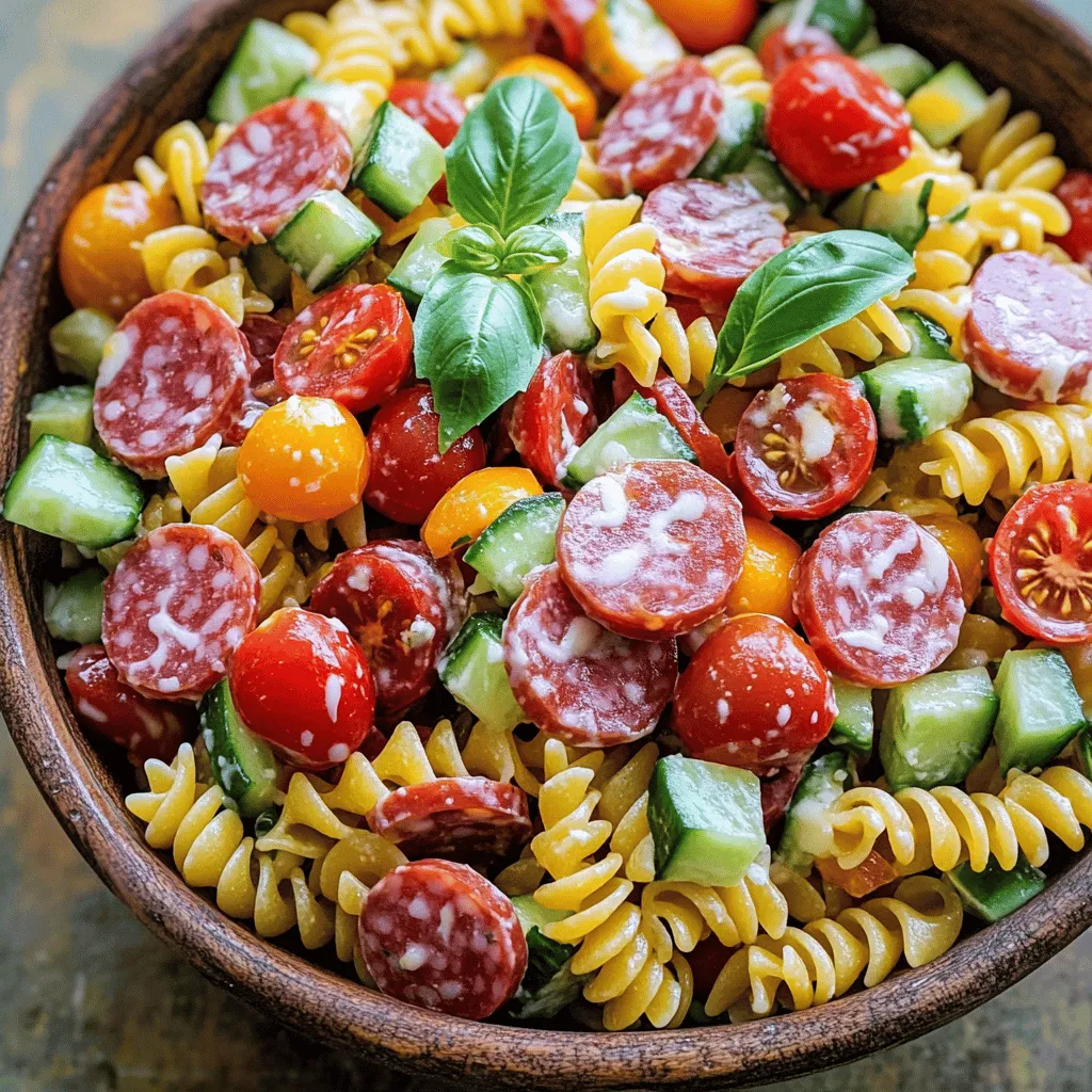 - 8 oz tri-color rotini pasta - 1 cup cherry tomatoes, halved - 1 cup cucumber, chopped - 1/2 bell pepper (red or yellow), diced - 1/2 red onion, finely chopped - 1 cup salami, cubed - 1 cup pepperoni slices - 1/2 cup provolone cheese, cubed - 1/2 cup olives (black or green), sliced - 1/4 cup Italian dressing (store-bought or homemade) - 1 tablespoon olive oil - Salt and pepper to taste - Fresh basil leaves for garnish When I make Italian Sub Pasta Salad, I always start with fresh ingredients. The tri-color rotini pasta brings a fun twist with its bright colors. I love to use cherry tomatoes because they add a burst of sweetness. Chopping cucumbers adds a nice crunch, while bell peppers give it a sweet, juicy bite. Red onion adds a bit of zing, which I find delicious. For the protein, I choose salami and pepperoni. They give the salad that classic Italian sub flavor. Provolone cheese adds creaminess and richness. I usually opt for black olives, but green olives also work well. The dressing is key. A good Italian dressing ties all the flavors together. For seasoning, I use salt and pepper. Fresh basil leaves are a must for garnish. They add a lovely aroma and a pop of color. This mix of ingredients makes the salad tasty and colorful. You can find the full recipe above to guide you through the steps. - Calories: 320 - Protein: 12g - Carbohydrates: 28g - Fats: 18g This pasta salad is not just pretty; it's also filling. Each serving gives you a good balance of energy and taste. You get protein from the meats and cheese. Carbs come from the pasta, which is great for a meal. The fats from the cheese and olives help keep you satisfied. Enjoy this salad on a hot day or as a side dish. It’s a crowd-pleaser! First, cook the tri-color rotini pasta. Boil a large pot of water. Add a pinch of salt to the water. Then, pour in the pasta. Cook it for about 8-10 minutes, or until it's al dente. Stir the pasta occasionally to prevent sticking. Once it's done, drain the pasta in a colander. Rinse it under cold water for a few minutes. This helps cool the pasta and stops the cooking process. Now, let’s chop the veggies and meat. Start with the cherry tomatoes; simply cut them in half. Next, chop the cucumber into small pieces. Dice the bell pepper and finely chop the red onion. For the meats, cube the salami and slice the pepperoni. Mix all these ingredients in a large bowl. This step is key for a balanced flavor in your salad. In a small bowl, whisk together the Italian dressing and olive oil. This helps blend the flavors well. Once mixed, drizzle the dressing over the pasta salad. Toss everything gently to combine. Make sure every piece is coated. Season with salt and pepper to taste. Chill the salad in the fridge for at least 30 minutes. This allows the flavors to meld. For the final touch, garnish with fresh basil leaves before serving. Enjoy your vibrant Italian Sub Pasta Salad! When making Italian Sub Pasta Salad, cooking the pasta al dente is key. Al dente means "to the tooth." It gives the pasta a nice bite and keeps it from getting mushy. Follow the package instructions, but test it a minute early. Then, rinse the pasta under cold water. This stops the cooking and cools it down fast. Chilling time is also important for flavor. After mixing everything, let the salad chill in the fridge for at least 30 minutes. This helps the flavors blend and makes each bite taste great. To make your salad even better, consider adding artichokes or fresh herbs. Fresh basil or parsley can add color and taste. You can also play with the seasonings. Adjust salt and pepper to your liking. If you want more zing, add a splash of vinegar or lemon juice to the dressing. Serve this pasta salad in a big, colorful bowl. It looks great and is easy for guests to help themselves. You can also pair it with grilled chicken or garlic bread for a full meal. This salad is perfect for picnics, potlucks, or family dinners. Enjoy every bite! For the full recipe, check out the details above. {{image_2}} You can switch up the pasta type for fun. Try penne or fusilli. Each shape adds a different texture. For a vegetarian version, replace meat with more veggies. Add chickpeas or artichokes for protein. You can even use tofu for a plant-based touch. Homemade dressing is simple and tasty. Mix olive oil, vinegar, and your choice of herbs. This way, you control the flavor. You can also customize the spices. Try adding garlic powder or crushed red pepper for a kick. Experiment to find a mix you love. If you need gluten-free options, use gluten-free pasta. Many brands offer great choices that taste similar. For low-fat substitutes, replace salami and pepperoni with turkey versions. You can also use low-fat cheese. These swaps help keep it delicious while being mindful of health. For the complete recipe, check [Full Recipe]. To keep your Italian Sub Pasta Salad fresh, use an airtight container. Glass or plastic containers work great. Make sure to seal it tightly to avoid air exposure. This helps retain the salad's vibrant colors and flavors. You should store the pasta salad in the fridge. It will stay crisp and tasty if you follow these steps. Keep your pasta salad in the fridge for up to three days. After that, the flavors and textures may change. Look for signs of spoilage like a sour smell or slimy texture. If you see these signs, it’s best to toss it out. Trust me; you want to enjoy this dish at its best! Can it be frozen? Yes, but it may change in texture. Freezing alters the pasta and veggies. If you want to freeze it, do so without the dressing. Pack the salad in a freezer-safe container. When you thaw it, add fresh dressing to revive its flavor. Thaw it in the fridge overnight for the best results. Enjoy your pasta salad anytime with these storage tips! To make Italian Sub Pasta Salad, start by cooking the tri-color rotini pasta. Follow the package instructions until it's al dente. Drain the pasta and rinse it under cold water to cool it down. In a large bowl, mix the cooled pasta with cherry tomatoes, cucumber, bell pepper, red onion, salami, pepperoni, provolone cheese, and olives. For the dressing, whisk together the Italian dressing and olive oil in a small bowl. Drizzle this over the pasta salad and toss gently to coat all the ingredients. Season with salt and pepper to taste. Chill the pasta salad in the fridge for at least 30 minutes. The flavors will blend beautifully. For the full recipe, check out the section above. Yes, you can make this pasta salad ahead of time. I recommend preparing it a few hours in advance. This gives the flavors time to meld together. If you want to make it the night before, that works too. Just make sure to cover it well in the fridge. If you want to switch up the dressing, there are great options. You can use a vinaigrette or a creamy dressing if you prefer. You can also make your own by mixing olive oil, vinegar, garlic, and spices. This homemade dressing adds a fresh touch to your pasta salad. To make this pasta salad gluten-free, choose gluten-free pasta. Many brands offer gluten-free rotini or other shapes. Check the label to ensure it fits your needs. You can also use fresh veggies and meats to keep it gluten-free. This blog post covered how to make a tasty Italian Sub Pasta Salad. You learned the key ingredients, how to prepare them, and the steps to combine everything for great flavor. Remember to cook your pasta just right and chill it for the best taste. You can customize this salad in many ways to fit your likes and needs. Enjoy this dish fresh, but also know how to store leftovers. Making this salad can be fun and rewarding, and you can impress others with your skills!