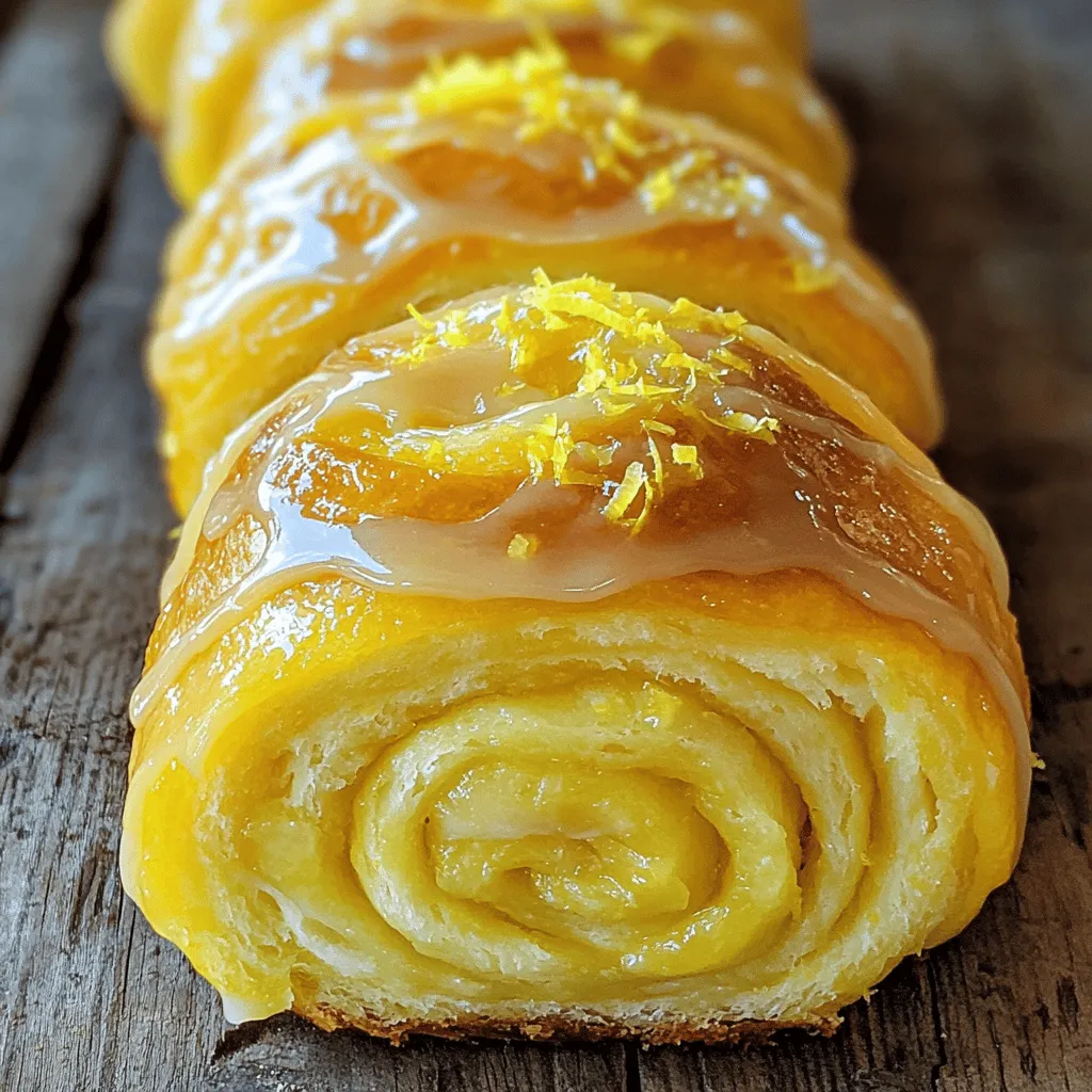 - 2 cups all-purpose flour - 1/2 cup granulated sugar - 1 tablespoon baking powder - 1/4 teaspoon salt - 1/2 cup unsalted butter, softened - 1/2 cup milk - 1 large egg - Zest of 1 lemon - 1/4 cup fresh lemon juice - 1 teaspoon vanilla extract To make lemon rolls, you need simple ingredients. First, use all-purpose flour for the dough's base. Granulated sugar gives the rolls that sweet touch. Baking powder is crucial for making them fluffy. Softened unsalted butter adds richness and flavor. Milk keeps the dough moist. A large egg binds it all together. Don't forget the zest and juice of a lemon; they give a zesty kick. Finally, vanilla extract adds a lovely depth of flavor. - 1 cup powdered sugar - 2 tablespoons fresh lemon juice - 1 tablespoon lemon zest For the glaze, you will need powdered sugar, which makes it sweet and smooth. Fresh lemon juice adds tanginess, balancing the sweetness. The extra lemon zest enhances the zing. Together, these ingredients create a delightful finish to your lemon rolls. You can find the full recipe at the end of this article. Enjoy making these zesty rolls! 1. Preheat the Oven: First, set your oven to 350°F (175°C). Greasing a 9x13-inch baking dish helps the rolls not stick. 2. Combine Dry Ingredients: In a large bowl, whisk together the flour, sugar, baking powder, and salt. This step is key for even flavor. 3. Mix Wet Ingredients: In a separate bowl, mix the softened butter, milk, egg, lemon zest, lemon juice, and vanilla extract. Whisk until smooth and creamy. 4. Combine Mixtures: Pour the wet mix into the dry mix. Stir gently until just combined. It’s okay if some lumps remain; don’t overmix! 5. Shape the Rolls: Dust your work surface with flour. Turn the dough out and knead gently. Roll it into a rectangle that’s about 1/2 inch thick. 6. Cut and Form Rolls: Cut the rectangle into strips, each around 2 inches wide. Roll each strip tightly from one end to the other. Place them in the baking dish so they touch. 7. Bake the Rolls: Bake for 25-30 minutes. Look for a golden brown top, and check for doneness with a toothpick. 8. Prepare the Glaze: While your rolls bake, whisk together powdered sugar, lemon juice, and lemon zest in a small bowl. Make sure it’s smooth and ready to use. 9. Glaze the Rolls: After removing the rolls from the oven, let them cool for about 10 minutes. Drizzle the lemon glaze generously over the warm rolls. 10. Serve and Enjoy: Let the glaze set for a few minutes before you dig in. Enjoy your fresh, zesty lemon rolls! For a complete guide to making these delicious treats, check the Full Recipe. - Proper oven temperature: Always preheat your oven to 350°F (175°C). This step ensures even baking. If the oven is not hot enough, your rolls may become dense. - Avoiding overmixing: Mix your dough until just combined. Overmixing can make your rolls tough. A few lumps are okay; they help keep the rolls soft. - Pairing with beverages: Lemon rolls pair well with tea or lemonade. The tartness of lemon complements both drinks nicely. You can also try them with coffee for a sweet morning treat. - Creative serving ideas: Serve lemon rolls warm with a scoop of vanilla ice cream. You can also sprinkle some extra lemon zest on top for an added pop of flavor. - Adding more citrus: For a zestier glaze, mix in more lemon juice or lime juice. This twist can give your rolls a bright flavor boost. - Experimenting with flavors: Try adding orange zest or even a hint of lavender to the glaze. These flavors can create a unique taste that surprises your guests. {{image_2}} When it comes to lemon rolls, you can have fun with different flavors and diets. Here are some exciting variations you can try. - Lemon-blueberry rolls: Add fresh or frozen blueberries to the dough. The tartness of the blueberries mixes well with the lemon. This adds a pop of color and flavor. - Lemon poppy seed rolls: Stir in poppy seeds into the dough. They give a nice crunch and a unique taste. The classic lemon-poppy seed combo makes for a delightful treat. - Gluten-free lemon rolls: Substitute all-purpose flour with a gluten-free blend. Make sure to check that it includes xanthan gum. This keeps your rolls fluffy and tasty without gluten. - Vegan lemon rolls: Replace butter with coconut oil and use plant milk instead of dairy milk. You can also use flaxseed meal mixed with water in place of the egg. These swaps keep the rolls light and lemony without animal products. - Using different sweeteners: Instead of granulated sugar, try honey or maple syrup. These natural sweeteners add depth to the flavor. Adjust the liquid in your recipe to balance the moisture. - Options for dairy substitutes: You can use almond milk or oat milk in place of cow's milk. For the butter, try vegan butter or margarine. These swaps ensure everyone can enjoy the lemon rolls, regardless of diet. Ready to whip up a batch of these delightful treats? Check out the Full Recipe for detailed steps! Store lemon rolls at room temperature for up to two days. Keep them in an airtight container. If you want to keep them fresh longer, put them in the fridge. They can last up to a week when refrigerated. Just make sure the container is sealed well to prevent drying out. To freeze lemon rolls, first let them cool completely. Wrap each roll tightly in plastic wrap. Then, place them in a freezer bag or container. They will stay fresh for about three months this way. When you're ready to eat them, take out the rolls and thaw them in the fridge overnight. For a quick option, you can also thaw them at room temperature for a few hours. Lemon rolls last for about two days at room temperature and up to a week in the fridge. Signs of spoilage include a dry texture or off smell. If you see any mold, it's time to toss them. Enjoy your lemon rolls while they are fresh for the best taste. For the full recipe, check the earlier section. Lemon rolls are soft, sweet, and zesty baked treats. They have a fluffy texture and a bright lemon flavor. You make them by mixing dough with lemon zest and juice. After baking, you top them with a tangy lemon glaze. They are perfect for breakfast or dessert. Yes, you can prepare lemon rolls ahead of time. You can make the dough and shape the rolls. Store them in the fridge for up to 24 hours. When you are ready, bake them straight from the fridge. This keeps them fresh and tasty. If you need a substitute for all-purpose flour, consider using almond flour or coconut flour. Both work well but may change the texture. You can also use gluten-free flour blends. Just make sure to follow the package instructions for best results. You can tell lemon rolls are done when they are golden brown on top. Insert a toothpick into the center. If it comes out clean, they are ready. They should also feel soft and slightly spring back when pressed. Enjoy your warm lemon rolls! Lemon rolls are bright, sweet, and perfect for any occasion. We covered the key ingredients like flour, sugar, and butter. Then, I explained how to mix, bake, and glaze them for the best results. I shared tips for storage, serving ideas, and fun variations, like gluten-free options. No matter your skill level, you can enjoy baking these treats. Use the steps and tips above to create delicious lemon rolls that you can share and savor.