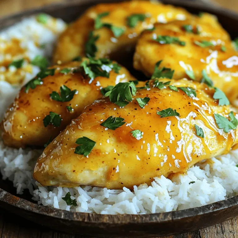 For this savory dish, you need: - 4 boneless, skinless chicken breasts - 1/4 cup honey - 1/4 cup unsalted butter - 4 cloves garlic, minced - 1 teaspoon soy sauce - 1/2 teaspoon crushed red pepper flakes (optional for a kick) - Salt and pepper to taste - Fresh parsley, chopped for garnish I choose boneless, skinless chicken breasts for their lean meat and quick cooking. Honey gives a sweet touch, while unsalted butter adds richness. Fresh garlic brings a bold flavor. You can adjust the red pepper flakes for spice lovers! If you need swaps, here are some ideas: - For honey, use agave syrup or maple syrup. - Instead of regular butter, try olive oil or coconut oil. - Fresh garlic can be replaced with garlic powder. Use 1/8 teaspoon per clove. These alternatives won't change the dish much but can fit your needs. To boost flavor, consider these: - Fresh herbs like thyme or rosemary. - Spices such as paprika or cumin for a twist. For garnishing, fresh parsley brightens the dish. You can also use green onions or sesame seeds for a fun look. Each adds a nice touch to your honey butter garlic chicken! 1. First, season the chicken breasts. Use salt and pepper on both sides. This adds basic flavor. 2. Next, grab a large skillet. Place it on the stove and set the heat to medium. 1. Start by melting the butter in the skillet. Watch for it to fully melt but not brown. 2. Now, add the minced garlic. Sauté it for 1-2 minutes until it smells great. 3. In a bowl, mix the honey, soy sauce, and red pepper flakes if you like heat. Stir until combined. 4. Increase the heat to medium-high. Carefully add the seasoned chicken breasts to the skillet. 5. Cook the chicken for about 5-6 minutes on each side. Look for a golden brown color. The chicken should reach 165°F (75°C) inside. 1. Once the chicken is done, reduce the heat to low. Spoon the honey garlic sauce over the chicken. 2. Let it simmer for 2-3 minutes. This helps the chicken soak up the sauce flavors. 3. Remove the skillet from the heat. Let the chicken rest for a few minutes. This keeps it juicy. 4. Finally, garnish the chicken with fresh chopped parsley before serving. Enjoy your delicious honey butter garlic chicken! For more detailed instructions, check out the Full Recipe. To ensure juicy chicken, start with good quality meat. Choose boneless, skinless chicken breasts for the best results. Season them well with salt and pepper. This adds flavor and helps keep the chicken moist. Perfect browning methods involve heating your skillet before adding the chicken. Use medium-high heat for a nice golden color. Don't overcrowd the pan; cook in batches if needed. This allows the chicken to sear properly and develop a rich flavor. To add depth to the sauce, balance the sweetness of honey with soy sauce. This gives a savory touch to your chicken. You can also add a splash of lemon juice for freshness. For a more complex taste, consider using fresh herbs like thyme or rosemary. Incorporating spice adds an exciting kick. Crushed red pepper flakes work well if you want heat. Start small; you can always add more. Experiment with other spices like smoked paprika or cayenne for different flavor profiles. Ideal pairings for the dish include fluffy rice or creamy mashed potatoes. The honey garlic sauce pairs well with both. Roasted vegetables like broccoli or carrots add color and nutrition. They also soak up the sauce, making every bite delicious. For plating tips, slice the chicken for a beautiful presentation. Drizzle the sauce over the top and sprinkle with fresh parsley. This adds a pop of color and freshness. Serve on a warm plate to keep everything inviting. For more details, check the Full Recipe. {{image_2}} To make spicy honey butter garlic chicken, you can add heat with extra spices. A great choice is crushed red pepper flakes. Just toss in half a teaspoon when you mix the sauce. If you want more heat, add fresh chili peppers. Jalapeños or serranos work well. Each type brings its unique flavor and spice level. You can also include sautéed veggies in your dish. Bell peppers, zucchini, or broccoli add color and taste. Start by cooking the veggies in the skillet before the chicken. This way, they soak up the honey garlic sauce. Roasted vegetable combinations are also great. Try mixing carrots, sweet potatoes, and Brussels sprouts. Roasting brings out their natural sweetness and pairs well with the honey garlic sauce. If you want to switch things up, consider alternative proteins. You can substitute chicken with pork or turkey. Just adjust the cooking time as needed. For a vegetarian option, use tofu or tempeh. Marinate the tofu in the honey garlic sauce for flavor. Cook it until it’s crispy and golden. This way, you keep the dish tasty and satisfying. For the full recipe, check out the Honey Butter Garlic Chicken. To keep your honey butter garlic chicken tasty, follow these steps. Allow the chicken to cool down first. Once cool, place it in an airtight container. This helps keep the chicken fresh and prevents drying out. For best results, store it in the fridge. Enjoy it within three days for the best flavor. When you are ready to eat leftovers, reheating is key. The oven is best for keeping flavor. Preheat it to 350°F (175°C). Place the chicken in a baking dish and cover it with foil. Heat for about 15-20 minutes. If you use a microwave, place the chicken on a microwave-safe plate. Heat for 1-2 minutes, checking every 30 seconds. This helps avoid overcooking. You can freeze honey butter garlic chicken for later. Wrap each piece tightly in plastic wrap. Then, place it in a freezer bag. Remove as much air as possible before sealing. This keeps the chicken fresh for up to three months. To thaw, move it to the fridge overnight. Reheat it using the oven or microwave, as mentioned above. Enjoy your delicious meal anytime! For the full recipe, check out the Honey Butter Garlic Chicken 🧄 recipe above. Honey butter garlic chicken is a tasty dish that blends sweet and savory flavors. It features chicken cooked in a rich honey-garlic sauce. This dish is popular due to its simple ingredients and quick cooking time. Many people love it because it tastes great and is easy to make at home. Cooking honey butter garlic chicken takes about 30 minutes. You need about 10 minutes for prep and 20 minutes for cooking. This makes it a quick meal for busy nights. You can have a delicious dinner on the table in no time. Yes, you can make honey butter garlic chicken in advance! This dish holds up well in the fridge. You can prepare it the night before and store it in an airtight container. When you’re ready, just reheat it on the stove or in the microwave. Enjoy it with rice or veggies for a quick meal! For the detailed steps, check the Full Recipe. This blog post covers how to make honey butter garlic chicken. You learned about the key ingredients, preparation steps, and cooking techniques. We explored tips for flavoring, garnishing, and serving the dish. I shared variations with spice and vegetables, plus storage options for leftovers. You now have the tools to create a delicious meal. Enjoy your cooking journey with this tasty recipe. Your kitchen will shine with flavors and warmth.