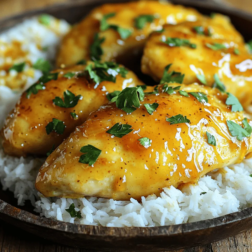 For this savory dish, you need: - 4 boneless, skinless chicken breasts - 1/4 cup honey - 1/4 cup unsalted butter - 4 cloves garlic, minced - 1 teaspoon soy sauce - 1/2 teaspoon crushed red pepper flakes (optional for a kick) - Salt and pepper to taste - Fresh parsley, chopped for garnish I choose boneless, skinless chicken breasts for their lean meat and quick cooking. Honey gives a sweet touch, while unsalted butter adds richness. Fresh garlic brings a bold flavor. You can adjust the red pepper flakes for spice lovers! If you need swaps, here are some ideas: - For honey, use agave syrup or maple syrup. - Instead of regular butter, try olive oil or coconut oil. - Fresh garlic can be replaced with garlic powder. Use 1/8 teaspoon per clove. These alternatives won't change the dish much but can fit your needs. To boost flavor, consider these: - Fresh herbs like thyme or rosemary. - Spices such as paprika or cumin for a twist. For garnishing, fresh parsley brightens the dish. You can also use green onions or sesame seeds for a fun look. Each adds a nice touch to your honey butter garlic chicken! 1. First, season the chicken breasts. Use salt and pepper on both sides. This adds basic flavor. 2. Next, grab a large skillet. Place it on the stove and set the heat to medium. 1. Start by melting the butter in the skillet. Watch for it to fully melt but not brown. 2. Now, add the minced garlic. Sauté it for 1-2 minutes until it smells great. 3. In a bowl, mix the honey, soy sauce, and red pepper flakes if you like heat. Stir until combined. 4. Increase the heat to medium-high. Carefully add the seasoned chicken breasts to the skillet. 5. Cook the chicken for about 5-6 minutes on each side. Look for a golden brown color. The chicken should reach 165°F (75°C) inside. 1. Once the chicken is done, reduce the heat to low. Spoon the honey garlic sauce over the chicken. 2. Let it simmer for 2-3 minutes. This helps the chicken soak up the sauce flavors. 3. Remove the skillet from the heat. Let the chicken rest for a few minutes. This keeps it juicy. 4. Finally, garnish the chicken with fresh chopped parsley before serving. Enjoy your delicious honey butter garlic chicken! For more detailed instructions, check out the Full Recipe. To ensure juicy chicken, start with good quality meat. Choose boneless, skinless chicken breasts for the best results. Season them well with salt and pepper. This adds flavor and helps keep the chicken moist. Perfect browning methods involve heating your skillet before adding the chicken. Use medium-high heat for a nice golden color. Don't overcrowd the pan; cook in batches if needed. This allows the chicken to sear properly and develop a rich flavor. To add depth to the sauce, balance the sweetness of honey with soy sauce. This gives a savory touch to your chicken. You can also add a splash of lemon juice for freshness. For a more complex taste, consider using fresh herbs like thyme or rosemary. Incorporating spice adds an exciting kick. Crushed red pepper flakes work well if you want heat. Start small; you can always add more. Experiment with other spices like smoked paprika or cayenne for different flavor profiles. Ideal pairings for the dish include fluffy rice or creamy mashed potatoes. The honey garlic sauce pairs well with both. Roasted vegetables like broccoli or carrots add color and nutrition. They also soak up the sauce, making every bite delicious. For plating tips, slice the chicken for a beautiful presentation. Drizzle the sauce over the top and sprinkle with fresh parsley. This adds a pop of color and freshness. Serve on a warm plate to keep everything inviting. For more details, check the Full Recipe. {{image_2}} To make spicy honey butter garlic chicken, you can add heat with extra spices. A great choice is crushed red pepper flakes. Just toss in half a teaspoon when you mix the sauce. If you want more heat, add fresh chili peppers. Jalapeños or serranos work well. Each type brings its unique flavor and spice level. You can also include sautéed veggies in your dish. Bell peppers, zucchini, or broccoli add color and taste. Start by cooking the veggies in the skillet before the chicken. This way, they soak up the honey garlic sauce. Roasted vegetable combinations are also great. Try mixing carrots, sweet potatoes, and Brussels sprouts. Roasting brings out their natural sweetness and pairs well with the honey garlic sauce. If you want to switch things up, consider alternative proteins. You can substitute chicken with pork or turkey. Just adjust the cooking time as needed. For a vegetarian option, use tofu or tempeh. Marinate the tofu in the honey garlic sauce for flavor. Cook it until it’s crispy and golden. This way, you keep the dish tasty and satisfying. For the full recipe, check out the Honey Butter Garlic Chicken. To keep your honey butter garlic chicken tasty, follow these steps. Allow the chicken to cool down first. Once cool, place it in an airtight container. This helps keep the chicken fresh and prevents drying out. For best results, store it in the fridge. Enjoy it within three days for the best flavor. When you are ready to eat leftovers, reheating is key. The oven is best for keeping flavor. Preheat it to 350°F (175°C). Place the chicken in a baking dish and cover it with foil. Heat for about 15-20 minutes. If you use a microwave, place the chicken on a microwave-safe plate. Heat for 1-2 minutes, checking every 30 seconds. This helps avoid overcooking. You can freeze honey butter garlic chicken for later. Wrap each piece tightly in plastic wrap. Then, place it in a freezer bag. Remove as much air as possible before sealing. This keeps the chicken fresh for up to three months. To thaw, move it to the fridge overnight. Reheat it using the oven or microwave, as mentioned above. Enjoy your delicious meal anytime! For the full recipe, check out the Honey Butter Garlic Chicken 🧄 recipe above. Honey butter garlic chicken is a tasty dish that blends sweet and savory flavors. It features chicken cooked in a rich honey-garlic sauce. This dish is popular due to its simple ingredients and quick cooking time. Many people love it because it tastes great and is easy to make at home. Cooking honey butter garlic chicken takes about 30 minutes. You need about 10 minutes for prep and 20 minutes for cooking. This makes it a quick meal for busy nights. You can have a delicious dinner on the table in no time. Yes, you can make honey butter garlic chicken in advance! This dish holds up well in the fridge. You can prepare it the night before and store it in an airtight container. When you’re ready, just reheat it on the stove or in the microwave. Enjoy it with rice or veggies for a quick meal! For the detailed steps, check the Full Recipe. This blog post covers how to make honey butter garlic chicken. You learned about the key ingredients, preparation steps, and cooking techniques. We explored tips for flavoring, garnishing, and serving the dish. I shared variations with spice and vegetables, plus storage options for leftovers. You now have the tools to create a delicious meal. Enjoy your cooking journey with this tasty recipe. Your kitchen will shine with flavors and warmth.