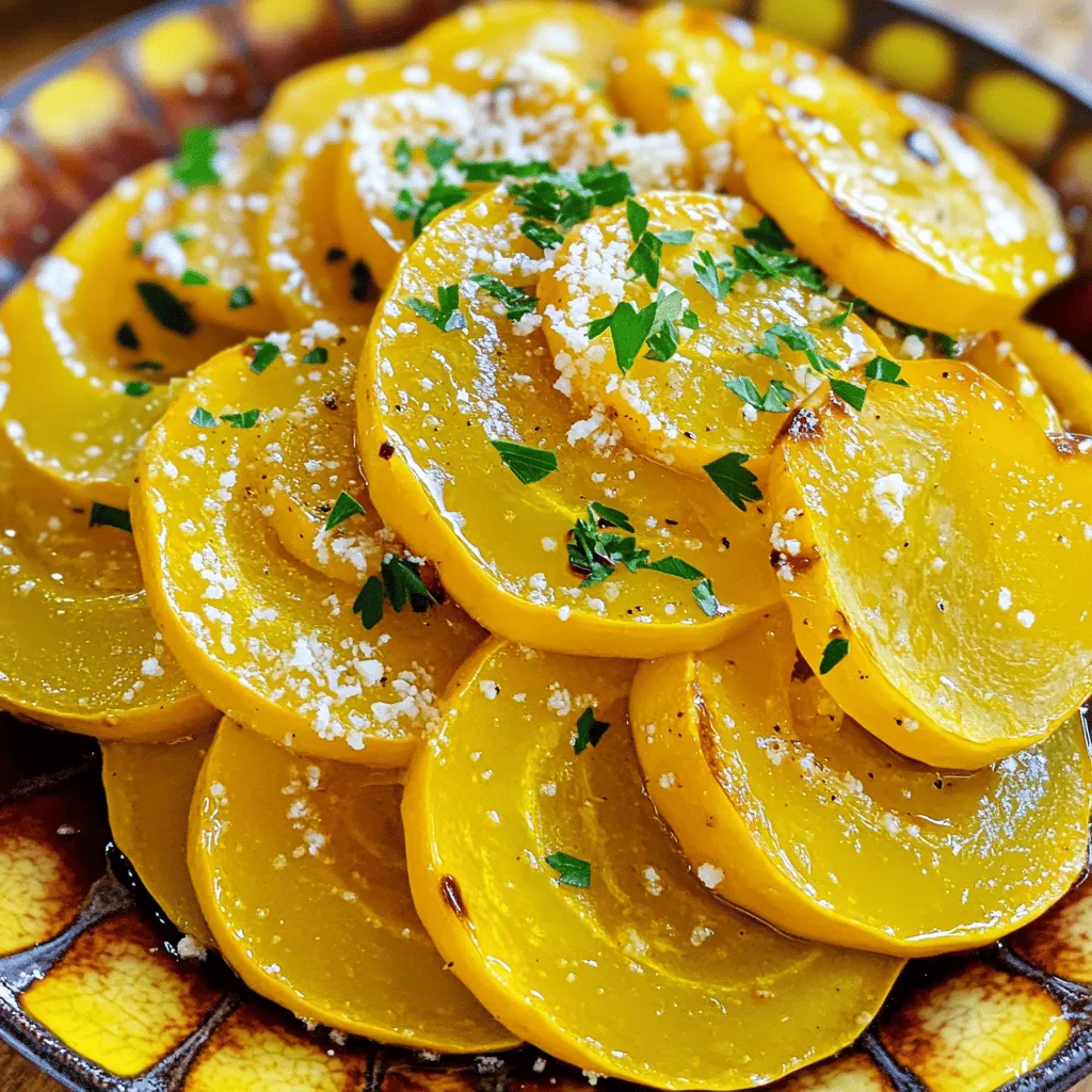 - 2 medium yellow squashes - 3 tablespoons olive oil - 1 teaspoon garlic powder - 1 teaspoon onion powder - 1 teaspoon dried Italian herbs (oregano, basil, thyme) - Salt and pepper to taste - ¼ cup grated Parmesan cheese (optional, for a cheesy twist) To make easy roasted yellow squash, you need just a few simple ingredients. First, grab two medium yellow squashes. These squashes have a mild taste and soft texture, making them perfect for roasting. Next, you'll need three tablespoons of olive oil. This oil adds richness and helps the squash brown nicely. For flavor, use garlic powder, onion powder, and Italian herbs. These spices bring out the best in the squash. A pinch of salt and pepper will enhance the taste too. If you're feeling fancy, add grated Parmesan cheese. It melts beautifully and adds a savory kick. Roasted yellow squash makes a great side dish. You can serve it with grilled chicken or fish. It pairs well with any protein, like steak or tofu. You can also have it alongside rice or quinoa for a complete meal. For a fresh touch, add a squeeze of lemon juice or a sprinkle of fresh herbs before serving. Yellow squash is low in calories and high in vitamins. A serving has about 40 calories, 0.5 grams of fat, and 2 grams of fiber. It's rich in vitamin C and vitamin A, which are good for your skin and eyes. Eating yellow squash may help with digestion too, thanks to its fiber content. This vegetable is a tasty way to boost your health while enjoying a flavorful side dish. To start, wash your yellow squashes under cool water. This removes any dirt. Next, slice them into half-moons. Aim for about a quarter-inch thickness. This size ensures even cooking. Prepare your oven by preheating it to 400°F (200°C). Line a baking sheet with parchment paper. This makes for easy cleanup later. In a large mixing bowl, combine the sliced squash with olive oil, garlic powder, onion powder, Italian herbs, salt, and pepper. Toss everything well. Each slice should be coated evenly. Now, spread the squash on your baking sheet. Make sure they are in a single layer. This helps them roast evenly. Place the baking sheet in the oven and roast for 20 to 25 minutes. Halfway through, give the squash a turn. This allows all sides to brown nicely. If you want a cheesy twist, sprinkle the grated Parmesan cheese over the squash in the last five minutes of cooking. This creates a delicious crust. To check if the squash is done, look for golden edges. The squash should be tender but not mushy. Once ready, remove the baking sheet from the oven. Garnish with fresh parsley before serving. For the full recipe, be sure to check the instructions. Preheating the oven is key to great roasted yellow squash. Set your oven to 400°F (200°C) before you start. This step ensures the squash cooks evenly. Next, arrange the squash in a single layer on the baking sheet. This helps each piece brown nicely. You want to avoid steaming, which can happen if the pieces are too close together. To boost flavor, consider adding spices like paprika or cumin. Fresh herbs like thyme or rosemary can also work well. A splash of lemon juice can brighten the dish too. If you want a different twist, try a marinade with balsamic vinegar or a bit of honey. These options can take your roasted squash to new heights. One common mistake is overcrowding the baking sheet. When the squash pieces touch, they won’t roast well. They might steam instead. Also, don’t skimp on oil or seasoning. A good drizzle of olive oil helps the squash crisp up. Make sure to season generously with salt and pepper. These small details can make a big difference in flavor. For the full recipe, check out the details above. {{image_2}} You can change the taste of your roasted yellow squash easily. For a sweet twist, try adding honey or maple syrup. This gives a nice caramelization when you roast it. Just drizzle a bit on top before cooking. If you crave spice, use chili powder or paprika. These add warmth and excitement to each bite. While roasting is great, you can also grill or sauté the squash. Grilling adds a smoky flavor, while sautéing keeps it tender and quick. If you own an Instant Pot or air fryer, use them too. Each method offers unique flavors and textures. Just adjust the cooking time based on your choice. Incorporate seasonal vegetables for a colorful dish. Adding bell peppers or zucchini enhances the look and taste. Change your ingredients based on what is fresh at the market. This way, you can enjoy different flavors throughout the year. For the full recipe, check out the main article. To keep leftover roasted yellow squash fresh, let it cool first. Place the squash in an airtight container. Store it in the fridge for up to four days. If you want to enjoy it later, freezing is a great option. To freeze roasted squash, spread it on a baking sheet in a single layer. Freeze until solid, then transfer it to a freezer bag. This will help keep it from sticking together. When it's time to enjoy your squash again, you can use an oven or a microwave. For the oven, preheat it to 350°F (175°C). Place the squash on a baking sheet and heat for about 10-15 minutes. This will keep it crispy. If you're in a hurry, the microwave works too. Heat in short bursts of 30 seconds until warm. To maintain texture, avoid overheating. Roasted yellow squash stays good in the fridge for about four days. In the freezer, it can last up to three months. Always check for signs of spoilage. If the squash smells off or has a slimy texture, it’s best to toss it. Keeping an eye on these signs helps you enjoy your dishes safely! To keep yellow squash firm, watch the cooking time closely. Roast it for 20-25 minutes, turning it halfway. This helps the squash cook even and brown nicely. Make sure to slice the squash evenly. Thinner slices can cook too fast and become mushy. A hot oven is key too; preheat it to 400°F (200°C). Lastly, avoid overcrowding the baking sheet. Give each piece space to breathe and roast well. Yes! You can mix in many vegetables. Bell peppers add a sweet crunch. Red onions bring a nice bite. Zucchini pairs well with yellow squash for a colorful mix. Carrots or cherry tomatoes can add sweetness and color. Just cut them to similar sizes for even cooking. Each veggie will add a unique flavor to your dish. Seasoning yellow squash is easy and fun. Start with olive oil, salt, and pepper. Garlic powder and onion powder add depth. For a touch of herbs, use dried Italian herbs like oregano, basil, or thyme. Want a cheesy twist? Add grated Parmesan cheese in the last few minutes of roasting. Mix and match spices to find your favorite blend! For more ideas, check out the Full Recipe. Roasting yellow squash is simple and fun. We explored its main ingredients, cooking steps, and serving ideas. Remember to season well and avoid overcrowding the pan for perfect results. You can also try different flavors and cooking methods to keep it exciting. Store leftovers properly and enjoy them later. With these tips, you can make delicious roasted squash every time. Whether for a side dish or meal prep, this veggie will shine on your table. Enjoy your cooking journey with yellow squash!