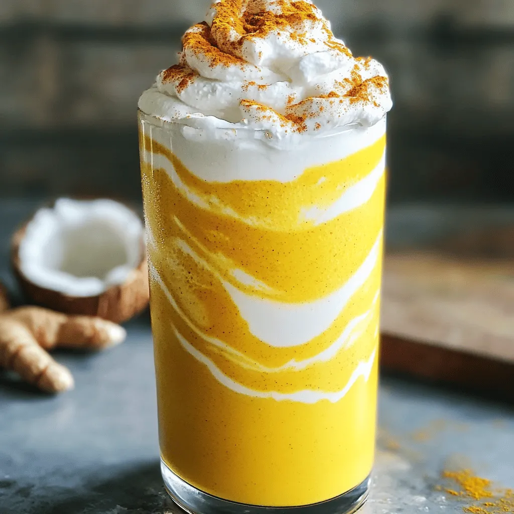 - 1 cup coconut milk (or any milk of choice) - 1 frozen banana - 1 teaspoon ground turmeric - 1 teaspoon ground ginger - 1 tablespoon honey or maple syrup (adjust to taste) - 1/2 teaspoon cinnamon - 1 cup ice - Optional: pinch of black pepper (to enhance turmeric absorption) - Optional: whipped coconut cream for topping For the Golden Milk Turmeric Frappe, you need a few simple ingredients. Start with coconut milk or your favorite milk. The frozen banana adds creaminess and natural sweetness. Ground turmeric gives that beautiful color and health boost. Ground ginger adds warmth, while honey or maple syrup sweetens the drink. A sprinkle of cinnamon rounds out the flavor, and ice gives it that frosty texture you want. You can add a pinch of black pepper. This may seem odd, but it helps your body absorb turmeric better. If you want to make it extra special, top your drink with whipped coconut cream. This frappe is not just tasty; it's also nourishing and perfect for any time of day. For the complete recipe, check out the Full Recipe section above. - Step 1: Combine main ingredients in a blender Gather your ingredients. In your blender, add 1 cup of coconut milk, 1 frozen banana, 1 teaspoon of ground turmeric, and 1 teaspoon of ground ginger. Don't forget 1 tablespoon of honey or maple syrup, and 1/2 teaspoon of cinnamon. If you like, add a pinch of black pepper to boost turmeric's benefits. - Step 2: Blend until smooth and creamy Start blending on high. Watch as the ingredients mix together into a smooth and creamy base. This step is key for a great texture. - Step 3: Add ice and blend until thick and frothy Now, it's time to add 1 cup of ice. Blend again. This will make your frappe thick and frothy, perfect for a refreshing drink. - Step 4: Adjust sweetness to taste Take a quick taste. If you want more sweetness, add a little more honey or syrup. Blend again briefly to mix it in. - Step 5: Serve and garnish Pour your creamy frappe into a tall glass. If you want to make it fancy, top with whipped coconut cream. For a fun touch, sprinkle some extra cinnamon or turmeric on top. This is how you make a delicious Golden Milk Turmeric Frappe. Enjoy this creamy and nourishing treat! For the full recipe, check [Full Recipe]. You can make this frappé just how you like it. If you want it sweeter, add more honey or maple syrup. For a spicy kick, toss in a bit more ginger. You can also switch up the milk. Almond milk or oat milk work great too. If you prefer fresh ginger, use about one inch, grated. This will give your drink a bright, zesty taste. A good blender is key for a smooth frappé. High-speed blenders work best, but any blender should do the job. When blending ice, use the pulse setting first. This helps break the ice into smaller pieces. After that, blend on high until it’s thick and frothy. Want to jazz up the flavor? Add a splash of vanilla extract. It adds a lovely warmth. You can also sprinkle in nutmeg or cardamom for a special touch. For a pretty finish, top it with whipped coconut cream. A sprinkle of cinnamon or turmeric on top looks nice too! For the complete recipe, check out the [Full Recipe]. {{image_2}} You can switch up the milk in your Golden Milk Turmeric Frappe. Almond or oat milk works great. These options add a unique flavor and keep it creamy. If you want a different taste, try using mango or avocado instead of banana. Both fruits bring a rich texture and taste. Mango adds sweetness, while avocado gives it a creamy feel. Want to spice things up? Add a pinch of nutmeg or cardamom. Nutmeg gives warmth, while cardamom offers a sweet, floral hint. These spices enhance the drink’s flavor and make it even more inviting. You can experiment with different amounts to find your perfect mix. If you need a morning boost, mix in some cold brew coffee. This addition gives your frappe a caffeine kick. It blends well with the spices and coconut milk. Plus, it makes your drink even more refreshing. This twist is perfect for coffee lovers who want something unique. For the full recipe, check out the [Full Recipe]. To keep your Golden Milk Turmeric Frappe fresh, start with proper cooling. Allow the frappé to cool to room temperature before storing. Pour it into a clean, airtight container. Glass jars work well, but any container with a tight seal will do. This helps keep the flavors intact. Store it in the fridge for up to three days. Remember to shake or stir well before enjoying it again. You can freeze the frappé for later use. Pour it into ice cube trays or freezer-safe containers. This way, you can enjoy a quick treat anytime. When you want to enjoy it, simply take out the cubes and blend them with a little milk until smooth. For best results, thaw your frappé in the fridge overnight. This method keeps the texture nice and creamy. Avoid using the microwave, as it can change the taste and texture. Enjoy your delicious Golden Milk Turmeric Frappe even days later! Turmeric is a bright yellow spice. It has many health benefits. It can help reduce inflammation in the body. This spice also has strong antioxidant properties. Turmeric may boost your immune system, too. It can support digestion and improve skin health. Some studies suggest it may help with brain health. Overall, adding turmeric to your diet can be a smart choice. Yes, you can use other sweeteners. If you do not want to use honey or maple syrup, try agave nectar. You can also use stevia for a lower-calorie option. Just remember to adjust the amount to taste. Each sweetener has a different level of sweetness. So, start small and add more if needed. Yes, this recipe can be vegan-friendly. Use coconut milk or any plant-based milk. Replace honey with maple syrup or agave for sweetness. This way, you keep it dairy-free and egg-free. The recipe stays delicious and creamy without any animal products. You can enjoy this treat while sticking to a vegan diet. For the whipped topping, use whipped coconut cream to stay vegan. In this blog post, we explored how to make a tasty frappé using simple ingredients like coconut milk, banana, turmeric, and ginger. I shared steps for blending and tips for customizing the flavor. You can also try fun variations and learn how to store leftovers. This drink not only tastes great but also offers health benefits. Enjoy making it your own and have fun experimenting with different flavors!