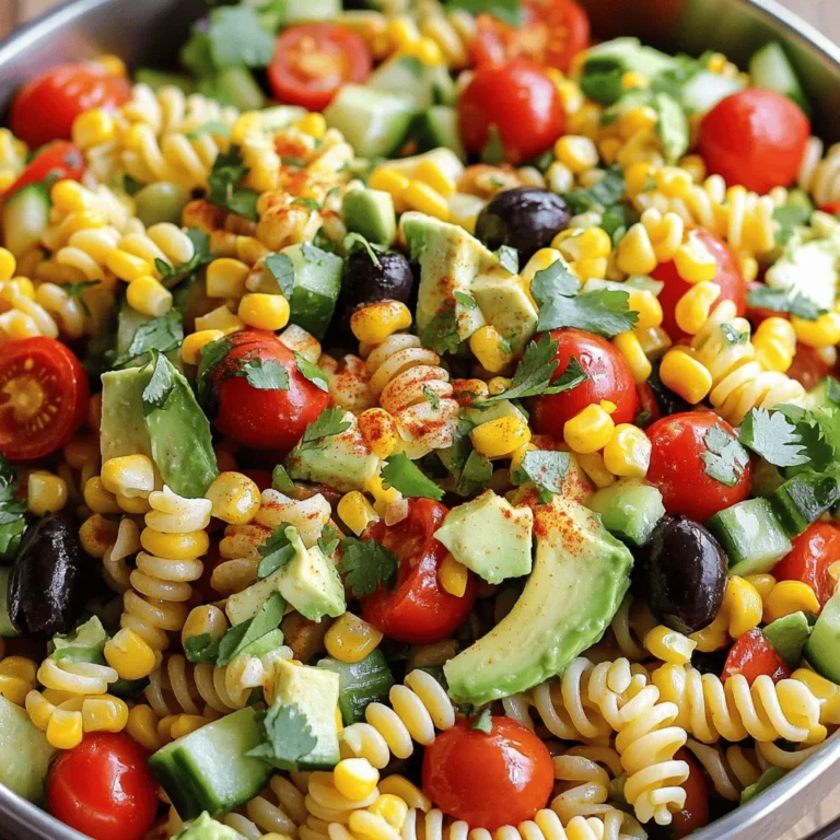 - 8 oz. rotini pasta - 1 cup cherry tomatoes, halved - 1 cup cucumbers, diced - 1/2 cup red bell pepper, chopped - 1/2 cup black olives, sliced - 1/2 cup corn kernels California Pasta Salad shines with its fresh and colorful ingredients. The rotini pasta gives a fun twist with its spiral shape. The cherry tomatoes add a burst of sweetness, while the cucumbers bring a crisp texture. Red bell peppers offer a slight crunch and a sweet flavor. Black olives introduce a savory touch, and corn kernels add a hint of sweetness. Together, these ingredients create a delightful and vibrant salad. - 1/4 cup olive oil - 2 tablespoons apple cider vinegar - 1 teaspoon garlic powder - Salt and pepper to taste The dressing for California Pasta Salad is simple yet full of flavor. Olive oil provides a rich base, while apple cider vinegar adds a tangy kick. Garlic powder gives depth without overpowering the other flavors. Salt and pepper help balance everything. This dressing brings all the salad's ingredients together in harmony. - Additional fresh herbs - Slice of avocado - Paprika For extra flair, you can add garnishes. Fresh herbs like cilantro or parsley enhance flavor and color. A slice of avocado adds creaminess and a rich taste. A sprinkle of paprika gives a pop of color and a hint of spice. These optional garnishes make your salad even more attractive and tasty. For the full recipe, check out the California Dreamin' Pasta Salad . To start, cook the rotini pasta. Boil it in a pot of water. Make sure to cook it al dente. This means it should be firm when bitten. After cooking, drain the pasta. Rinse it under cold water to stop the cooking process. This will help keep the pasta from getting mushy. Next, grab a large bowl. In this bowl, mix the cooled rotini pasta with fresh vegetables. Add in cherry tomatoes, diced cucumbers, and chopped red bell pepper. Don't forget the sliced black olives, corn, and diced avocado. Finally, toss in some finely chopped red onion and fresh herbs like cilantro or parsley. This mix will bring great color and flavor to your salad. Now it’s time to make the dressing. In a small bowl, whisk together the olive oil, apple cider vinegar, and garlic powder. Season with salt and pepper to taste. This dressing will tie all the flavors together. Once it's well mixed, pour it over your salad mixture. Gently toss everything until it is evenly coated. After tossing the salad, let it chill in the refrigerator. This step is key for the flavors to blend well. Chill it for at least 30 minutes. Before serving, taste the salad. Adjust the seasoning if needed. You can add more salt or pepper to suit your taste. Feel free to explore the [Full Recipe] for more details! - Use plenty of water and salt. This helps the pasta cook evenly. - Rinse pasta thoroughly after cooking. This keeps it from sticking together. - Allow the salad to chill for maximum flavor. Cold temperatures help blend the tastes. - Adjust the acidity with vinegar or lemon juice. This can brighten up the dish. - Serve in a large bowl with garnishes. This makes your salad inviting and pretty. - Consider using a colorful serving dish. A pop of color catches the eye and adds fun. For the complete instructions and ingredients, check the Full Recipe. {{image_2}} You can make your California Pasta Salad even better with protein. Add cooked chicken or shrimp for a heartier meal. Both options taste great and boost the salad's protein. If you want a vegetarian option, incorporate beans like black beans or chickpeas. They add texture and flavor while keeping it plant-based. Feel free to get creative with your ingredients. Substitute different pasta shapes to switch things up. Fusilli or farfalle work well too. You can also use seasonal vegetables based on what you like. Try adding roasted zucchini in summer or butternut squash in fall. This keeps the salad fresh and exciting. The dressing can change the whole vibe of your salad. Try a creamy dressing option, like ranch or a yogurt-based dressing, if you want a richer taste. You can also use fresh lemon juice instead of apple cider vinegar. This adds a nice zing and brightness to the dish. Check out the Full Recipe to get started on your delicious California Pasta Salad! To keep your California Pasta Salad fresh, use an airtight container. This method protects the salad from air and moisture. Store it in the fridge for up to 3 days. After a few days, it may lose its crispness and flavor. If you want to freeze this salad, separate the components first. Freeze the pasta and veggies in one bag. Keep the dressing in another. This way, the pasta won't get mushy. When you're ready to eat, thaw the pasta and veggies in the fridge overnight. Add the dressing just before serving for the best taste. California Pasta Salad tastes best when served chilled. If leftovers seem dry, add a splash of olive oil or vinegar. This will refresh the salad and enhance the flavor. Enjoy it as a side dish or a light meal! California Pasta Salad features vibrant and fresh ingredients. The main base is rotini pasta. It holds the dressing and pairs well with other flavors. Cherry tomatoes add a burst of sweetness. Cucumbers give a nice crunch. Red bell pepper brings a hint of sweetness and color. Black olives provide a salty bite, while corn adds a bit of sweetness. Avocado contributes creaminess. Red onion adds a sharp taste that balances the salad. Fresh herbs like cilantro or parsley enhance the flavor. You can find the full recipe [here](#). Yes, you can make California Pasta Salad ahead of time. It actually tastes better after chilling. Make it one day in advance for the best flavor. Store it in an airtight container in the fridge. This keeps it fresh and safe to eat. Just remember to toss it again before serving. If you notice the pasta has absorbed too much dressing, add a splash of olive oil. This helps restore moisture. You can get creative with your California Pasta Salad. Many people love adding protein. Cooked chicken or shrimp can make it a meal. For a vegetarian option, try chickpeas or black beans. You can also swap in seasonal veggies. Try adding roasted zucchini, bell peppers, or artichokes. Cheese is another great addition. Feta or mozzarella can bring a tasty twist. For extra flavor, sprinkle in some spices or nuts. In this blog post, I covered how to make a tasty California Pasta Salad. We went through the fresh ingredients, the easy steps to prepare it, and useful tips. Remember, chilling enhances the flavors, so don’t skip that step. With simple swaps and protein options, you can make this salad your own. Enjoy your colorful dish and share it with friends. It’s fresh, fun, and perfect for any gathering!
