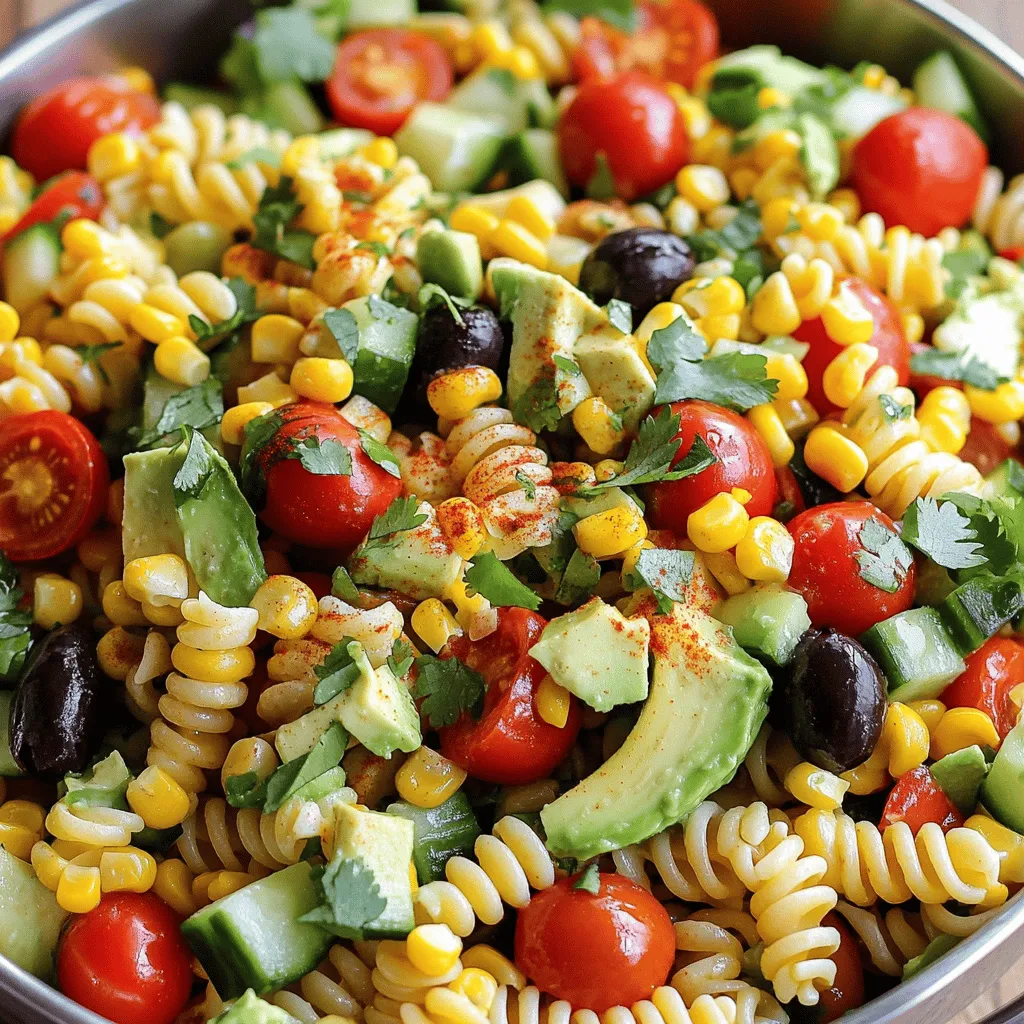 - 8 oz. rotini pasta - 1 cup cherry tomatoes, halved - 1 cup cucumbers, diced - 1/2 cup red bell pepper, chopped - 1/2 cup black olives, sliced - 1/2 cup corn kernels California Pasta Salad shines with its fresh and colorful ingredients. The rotini pasta gives a fun twist with its spiral shape. The cherry tomatoes add a burst of sweetness, while the cucumbers bring a crisp texture. Red bell peppers offer a slight crunch and a sweet flavor. Black olives introduce a savory touch, and corn kernels add a hint of sweetness. Together, these ingredients create a delightful and vibrant salad. - 1/4 cup olive oil - 2 tablespoons apple cider vinegar - 1 teaspoon garlic powder - Salt and pepper to taste The dressing for California Pasta Salad is simple yet full of flavor. Olive oil provides a rich base, while apple cider vinegar adds a tangy kick. Garlic powder gives depth without overpowering the other flavors. Salt and pepper help balance everything. This dressing brings all the salad's ingredients together in harmony. - Additional fresh herbs - Slice of avocado - Paprika For extra flair, you can add garnishes. Fresh herbs like cilantro or parsley enhance flavor and color. A slice of avocado adds creaminess and a rich taste. A sprinkle of paprika gives a pop of color and a hint of spice. These optional garnishes make your salad even more attractive and tasty. For the full recipe, check out the California Dreamin' Pasta Salad . To start, cook the rotini pasta. Boil it in a pot of water. Make sure to cook it al dente. This means it should be firm when bitten. After cooking, drain the pasta. Rinse it under cold water to stop the cooking process. This will help keep the pasta from getting mushy. Next, grab a large bowl. In this bowl, mix the cooled rotini pasta with fresh vegetables. Add in cherry tomatoes, diced cucumbers, and chopped red bell pepper. Don't forget the sliced black olives, corn, and diced avocado. Finally, toss in some finely chopped red onion and fresh herbs like cilantro or parsley. This mix will bring great color and flavor to your salad. Now it’s time to make the dressing. In a small bowl, whisk together the olive oil, apple cider vinegar, and garlic powder. Season with salt and pepper to taste. This dressing will tie all the flavors together. Once it's well mixed, pour it over your salad mixture. Gently toss everything until it is evenly coated. After tossing the salad, let it chill in the refrigerator. This step is key for the flavors to blend well. Chill it for at least 30 minutes. Before serving, taste the salad. Adjust the seasoning if needed. You can add more salt or pepper to suit your taste. Feel free to explore the [Full Recipe] for more details! - Use plenty of water and salt. This helps the pasta cook evenly. - Rinse pasta thoroughly after cooking. This keeps it from sticking together. - Allow the salad to chill for maximum flavor. Cold temperatures help blend the tastes. - Adjust the acidity with vinegar or lemon juice. This can brighten up the dish. - Serve in a large bowl with garnishes. This makes your salad inviting and pretty. - Consider using a colorful serving dish. A pop of color catches the eye and adds fun. For the complete instructions and ingredients, check the Full Recipe. {{image_2}} You can make your California Pasta Salad even better with protein. Add cooked chicken or shrimp for a heartier meal. Both options taste great and boost the salad's protein. If you want a vegetarian option, incorporate beans like black beans or chickpeas. They add texture and flavor while keeping it plant-based. Feel free to get creative with your ingredients. Substitute different pasta shapes to switch things up. Fusilli or farfalle work well too. You can also use seasonal vegetables based on what you like. Try adding roasted zucchini in summer or butternut squash in fall. This keeps the salad fresh and exciting. The dressing can change the whole vibe of your salad. Try a creamy dressing option, like ranch or a yogurt-based dressing, if you want a richer taste. You can also use fresh lemon juice instead of apple cider vinegar. This adds a nice zing and brightness to the dish. Check out the Full Recipe to get started on your delicious California Pasta Salad! To keep your California Pasta Salad fresh, use an airtight container. This method protects the salad from air and moisture. Store it in the fridge for up to 3 days. After a few days, it may lose its crispness and flavor. If you want to freeze this salad, separate the components first. Freeze the pasta and veggies in one bag. Keep the dressing in another. This way, the pasta won't get mushy. When you're ready to eat, thaw the pasta and veggies in the fridge overnight. Add the dressing just before serving for the best taste. California Pasta Salad tastes best when served chilled. If leftovers seem dry, add a splash of olive oil or vinegar. This will refresh the salad and enhance the flavor. Enjoy it as a side dish or a light meal! California Pasta Salad features vibrant and fresh ingredients. The main base is rotini pasta. It holds the dressing and pairs well with other flavors. Cherry tomatoes add a burst of sweetness. Cucumbers give a nice crunch. Red bell pepper brings a hint of sweetness and color. Black olives provide a salty bite, while corn adds a bit of sweetness. Avocado contributes creaminess. Red onion adds a sharp taste that balances the salad. Fresh herbs like cilantro or parsley enhance the flavor. You can find the full recipe [here](#). Yes, you can make California Pasta Salad ahead of time. It actually tastes better after chilling. Make it one day in advance for the best flavor. Store it in an airtight container in the fridge. This keeps it fresh and safe to eat. Just remember to toss it again before serving. If you notice the pasta has absorbed too much dressing, add a splash of olive oil. This helps restore moisture. You can get creative with your California Pasta Salad. Many people love adding protein. Cooked chicken or shrimp can make it a meal. For a vegetarian option, try chickpeas or black beans. You can also swap in seasonal veggies. Try adding roasted zucchini, bell peppers, or artichokes. Cheese is another great addition. Feta or mozzarella can bring a tasty twist. For extra flavor, sprinkle in some spices or nuts. In this blog post, I covered how to make a tasty California Pasta Salad. We went through the fresh ingredients, the easy steps to prepare it, and useful tips. Remember, chilling enhances the flavors, so don’t skip that step. With simple swaps and protein options, you can make this salad your own. Enjoy your colorful dish and share it with friends. It’s fresh, fun, and perfect for any gathering!
