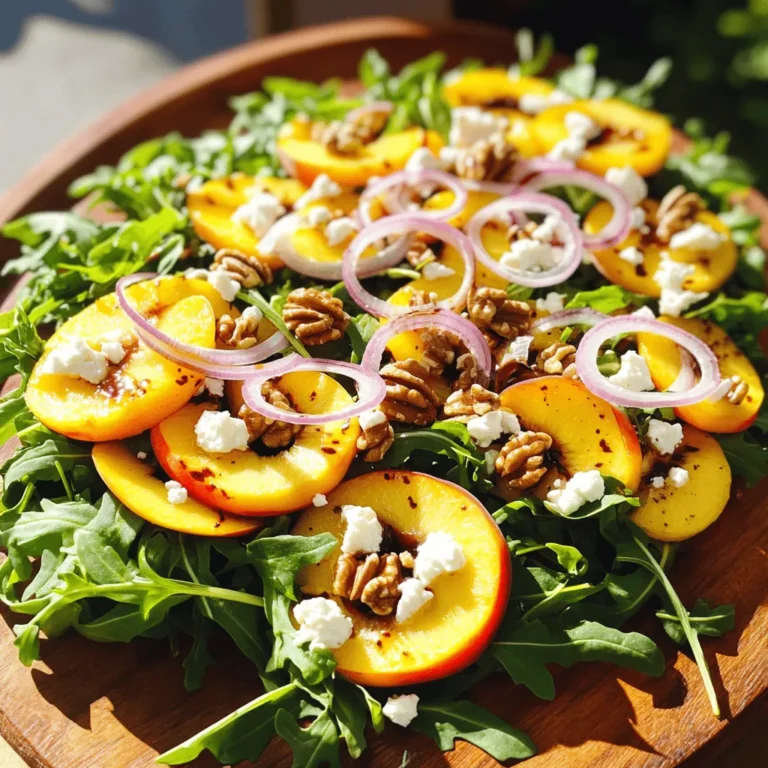 - 3 ripe peaches, sliced - 4 cups arugula or mixed greens - 1/2 cup crumbled feta cheese - 1/4 cup chopped walnuts, toasted - 1/4 cup red onion, thinly sliced - 1/4 cup balsamic vinegar - 2 tablespoons olive oil - 1 tablespoon honey - Salt and pepper to taste When making this salad, fresh peaches are key. Look for peaches that are slightly soft to the touch but not mushy. The flavor of ripe peaches adds a sweet burst to each bite. Next, choose arugula for a peppery kick, or mix greens for a milder taste. Feta cheese brings a creamy tang, while toasted walnuts add a nice crunch. The dressing is simple yet flavorful. Balsamic vinegar adds acidity, and olive oil gives a smooth texture. Honey sweetens the mix, but feel free to adjust it to your taste. Salt and pepper enhance all the flavors, so don't skip them! - Caloric breakdown per serving: Approximately 250 calories - Key vitamins and minerals: Vitamins A, C, and K; calcium; healthy fats This salad is not just tasty but also packed with nutrients. Peaches provide vitamins A and C, which are great for skin health. Feta cheese adds calcium, while walnuts contribute healthy fats. - Look for peaches that feel slightly soft when pressed. - Check for a sweet aroma; this shows they are ripe. - Avoid peaches with bruises or dark spots. You can find the best peaches at local farmers' markets or grocery stores. Seasonality matters, so buy them during summer for the best flavor. Always ask the vendor for advice if you're unsure! Explore the [Full Recipe] for step-by-step instructions to create this delicious salad. Start by washing your peaches. Use cool water to rinse them well. This removes dirt and pesticides. Next, slice the peaches into thin pieces. Aim for even slices for a nice look. Set these aside for later. Now, let’s prepare the salad greens. If you use arugula, rinse it too. Shake off the excess water. If you choose mixed greens, do the same. In a large bowl, combine the greens with the peach slices. Mix them gently to avoid bruising the peaches. Next, add the crumbled feta cheese. The creamy cheese adds a nice touch. Then, sprinkle in the toasted walnuts for crunch. These give the salad a satisfying texture. For the balsamic dressing, gather your ingredients. You will need balsamic vinegar, olive oil, honey, salt, and pepper. In a small bowl, add the vinegar and olive oil. Use two tablespoons of oil for the right balance. Add a tablespoon of honey for sweetness. Sprinkle in salt and pepper to taste. Whisk these together until they blend well. This technique helps mix oil and vinegar, creating a smooth dressing. Drizzle the dressing over your salad mixture. Toss everything gently to coat the ingredients. Make sure the flavors mix well without breaking the peaches. Now, it’s time to add a garnish. Top the salad with thinly sliced red onions. This adds a lovely pop of color and flavor. For a final touch, sprinkle extra feta cheese on top. Serve your salad immediately for the best taste. You can find the Full Recipe to guide you through each step. To make your salad look stunning, serve it on a large platter. Arrange the peach slices in a circle. Scatter the greens around the peaches for a colorful look. Drizzle extra balsamic glaze on top for that finishing touch. A sprinkle of fresh herbs adds a nice pop too. You can easily change the sweetness of the dressing. If you like it sweeter, add more honey. For a zesty kick, squeeze in some lemon juice. Adding fresh herbs like basil or mint can enhance the flavor. Just chop them finely and mix them in. One big mistake is overdressing the salad. Too much dressing can drown the flavors. Use just enough to coat the greens lightly. Another mistake is using unripe or overly soft peaches. Look for peaches that are firm but slightly soft to the touch. They should smell sweet and fragrant. This ensures the best taste and texture in your salad. {{image_2}} You can change the cheese for different flavors. Goat cheese adds creaminess. Blue cheese offers a strong taste. Both work well with peaches. For nuts, try almonds or pecans. They add crunch and flavor too. Just toast them for the best taste. In spring, you can add strawberries or asparagus. Strawberries add sweetness and color. Asparagus brings a fresh, green bite. In fall, consider apples and candied pecans. Apples give a crisp texture. Candied pecans add a sweet crunch that pairs well with peaches. You can switch up the dressing for variety. A citrus vinaigrette brightens the salad. It pairs well with the sweetness of peaches. Yogurt-based dressings bring creaminess and tang. They create a different flavor profile. Feel free to explore these options to keep your salad fresh and exciting. Don't forget to check the Full Recipe for more details! Store leftover salad in an airtight container. Glass containers work best, but plastic is fine too. Keep the salad in the fridge for up to three days. The greens will stay fresh and crisp if you store them dry. If the salad has dressing, eat it within two days for the best taste. You can prepare salad parts ahead of time. Slice the peaches and store them in lemon juice to keep them bright. Wash and dry the greens and store them in the fridge. You can also crumble the feta cheese and toast the walnuts in advance. On busy days, simply toss everything together with the dressing for a quick meal. I do not recommend freezing the salad. The greens will turn soggy when thawed. However, you can freeze peach slices. Cut the peaches and place them in a single layer on a baking sheet. Once frozen, transfer the slices to a freezer bag. Use them later in smoothies or as a topping for yogurt. You can store Savory Summer Peach Salad in the fridge for up to three days. Keep it in an airtight container. This helps keep the salad fresh. The peaches may soften a bit, but the flavors will still shine. If you want the best taste, eat it sooner rather than later. Yes, you can make this salad in advance. Prep the ingredients the night before. Slice the peaches and onions, and store them separately. Mix the greens and feta cheese ahead of time. Combine everything just before serving for the best texture and flavor. This salad goes well with grilled chicken or fish. You can serve it with a side of crusty bread. It also pairs nicely with a light pasta dish. For a vegetarian option, try serving it with quinoa or a grain bowl. Yes, this salad is naturally gluten-free. All the ingredients, including the dressing, are free from gluten. Just ensure that any added ingredients or sides you choose are also gluten-free. Enjoy this salad guilt-free! This blog post covers how to make a delicious Savory Summer Peach Salad. You learned about the ingredients, preparation steps, and tips to enhance flavor and presentation. Always select ripe peaches for the best taste. Avoid common mistakes to keep your salad fresh and tasty. Remember, there are many ways to customize this dish. Enjoy experimenting with variations and don’t hesitate to prep ahead for busy days. Your salad skills are key to impressing friends and family. Dive in and make this refreshing salad today!