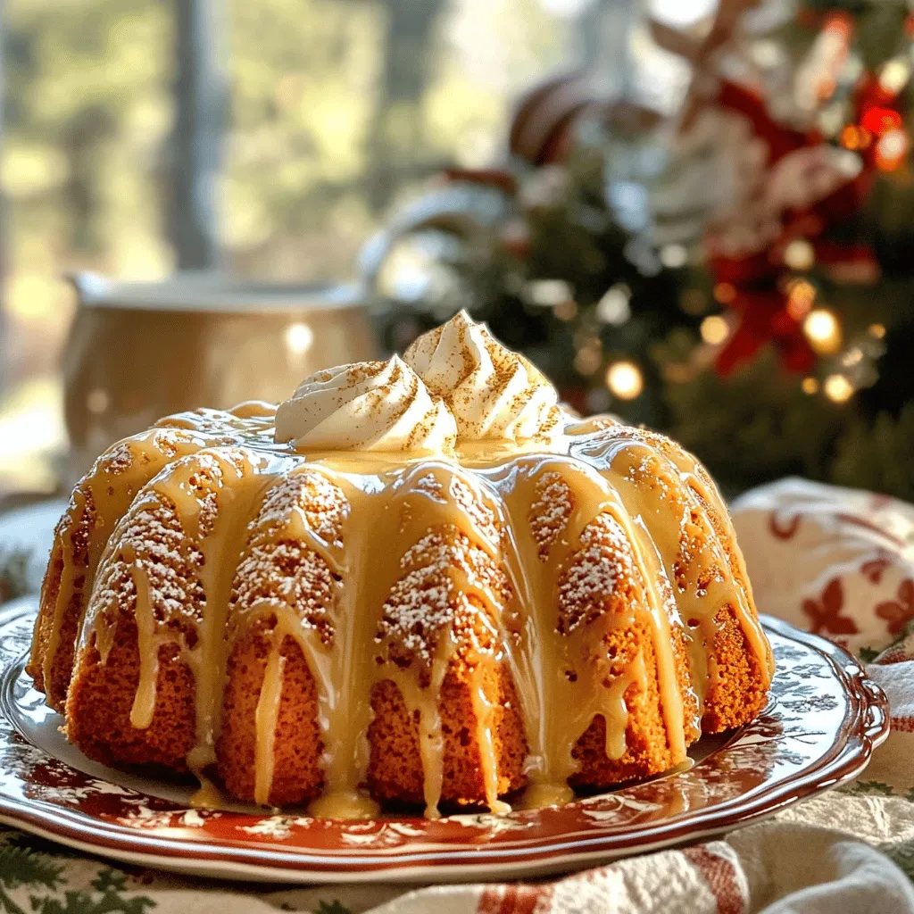 - 2 cups all-purpose flour - 1 teaspoon baking powder - 1 teaspoon ground nutmeg - 1 teaspoon ground cinnamon - 1/2 teaspoon salt - 1 cup unsalted butter, softened - 2 cups granulated sugar - 4 large eggs - 1 cup eggnog (store-bought or homemade) - 1 teaspoon vanilla extract - 1 tablespoon lemon zest - 1 cup powdered sugar - 3-4 tablespoons eggnog - A sprinkle of ground nutmeg for garnish These ingredients create a rich and moist cake full of holiday cheer. The blend of spices gives it a warm, festive flavor. The eggnog adds creaminess, making each bite a delight. You can use store-bought eggnog or make your own for a personal touch. It’s simple and fun to prepare. For the glaze, powdered sugar and eggnog combine to create a sweet, creamy topping. Adjust the eggnog amount to get the right thickness. The sprinkle of nutmeg on top adds a beautiful finish. This cake is perfect for gatherings or cozy nights at home. You can find the full recipe at the end of this article for all the details you need. - Preheat your oven to 350°F (175°C) and prepare a 10-inch bundt pan by greasing and flouring it. - In a large bowl, cream together 1 cup of softened unsalted butter and 2 cups of granulated sugar until light and fluffy. This step adds air to the batter, making the cake soft. - Add 4 large eggs, one at a time, mixing well after each addition. This ensures the eggs blend fully into the mixture. - In a separate bowl, mix 2 cups of all-purpose flour, 1 teaspoon of baking powder, 1 teaspoon of ground nutmeg, 1 teaspoon of ground cinnamon, and 1/2 teaspoon of salt. This mix gives the cake its flavor and structure. - Gradually add the dry mix to the butter mixture. Alternate with 1 cup of eggnog. Start and end with the flour mixture. Mix until just combined to avoid overmixing. - Pour the batter into the prepared bundt pan, smoothing the top with a spatula for an even bake. - Bake for 55-65 minutes, or until a toothpick inserted in the center comes out clean. This shows the cake is done. - Allow the cake to cool in the pan for 15 minutes. Then, carefully transfer it to a wire rack to cool completely. This cooling step helps keep the cake moist and prevents it from breaking. For the full recipe, check the detailed instructions above. To cream butter and sugar properly, start with soft butter. Use a mixer and beat until it looks light and fluffy. This step adds air, giving your cake a great rise. Room temperature ingredients are key. Cold eggs or butter can make the batter lumpy. Let your eggs sit out for about 30 minutes before using. This simple tip helps blend everything smoothly. Look for signs that the cake is fully baked. The edges should pull away from the pan. The top will be golden brown and spring back when lightly touched. The toothpick test is a great way to check. Insert a toothpick into the center of the cake. If it comes out clean or with a few crumbs, your cake is ready. If it has wet batter, bake it a bit longer. For a smooth glaze application, drizzle it over the cooled cake slowly. You can use a spoon or a squeeze bottle for more control. Start in the center and let it flow to the edges. Adjusting glaze consistency is important. If it is too thick, add more eggnog a little at a time. If too thin, mix in more powdered sugar. Aim for a drizzle-like texture that coats nicely without running off. For the full recipe, check the detailed steps above to create your Eggnog Pound Cake Delight. {{image_2}} You can make your eggnog pound cake even better. Try adding chocolate chips or nuts for a nice crunch. Chocolate pairs well with the sweet eggnog flavor. Walnuts or pecans add a lovely texture and taste. You can also swap out the spices. Use ginger or allspice for a different kick. Each spice brings a new twist to your cake. If you want a healthier cake, consider using whole wheat flour. This flour adds fiber and nutrients. You can also cut down on sugar. Replace some granulated sugar with a natural sweetener like honey or maple syrup. This change keeps the cake sweet while being a bit better for you. Make your cake festive with fun decorations. Dust the top with powdered sugar or ground nutmeg. You can also drizzle extra eggnog glaze over the cake. Serve slices with whipped cream for a creamy touch. Fresh fruits like berries or citrus slices add color and flavor. These simple ideas make your eggnog pound cake a showstopper! For more details, check out the Full Recipe. To keep your eggnog pound cake fresh, store it at room temperature. Use an airtight container to lock in moisture and flavor. Wrap it tightly in plastic wrap if you don’t have a container. This method helps the cake stay soft and tasty. If you want your cake to last longer, freezing is a great option. First, let the cake cool completely. Then, wrap it in plastic wrap and foil. This way, it will keep its flavor and moisture. When you’re ready to eat it, thaw the cake in the fridge. Allow it to sit overnight for the best results. Once you make the eggnog glaze, it lasts about one week in the fridge. Store it in a sealed container to keep it fresh. If you have leftovers, you can use it for other treats. Just remember to give it a good stir before using again. Yes, you can use many types of eggnog. You might try dairy-free eggnog made from almond or coconut milk. You can also use flavored eggnog, like spiced or vanilla eggnog. Each option gives a unique taste to your cake. Just ensure that the eggnog you pick has a similar texture to traditional eggnog. To check if your cake is done, look for a few signs. The edges should pull away from the pan slightly. The top should be golden brown and firm to touch. An easy test is to insert a toothpick into the center. If it comes out clean, your cake is ready! Eggnog pound cake pairs well with many treats. You can serve it with whipped cream for a light touch. A scoop of vanilla ice cream also works great. For drinks, try pairing it with spiced cider or hot chocolate. These choices make your dessert even more enjoyable. Yes, you can freeze eggnog pound cake! Wrap it tightly in plastic wrap and then in foil. It can stay fresh in the freezer for up to three months. When you're ready to eat, let it thaw in the fridge overnight. This method keeps the cake moist and tasty. You can find the full recipe for Eggnog Pound Cake with Eggnog Glaze in the article. It includes all the steps you need to make this festive treat. Enjoy baking! This blog post covered how to make a delicious Eggnog Pound Cake. You learned about the ingredients, steps to prepare the batter, and tips for getting the right texture. We also explored useful variations and storage tips. Try out this easy recipe for your next gathering. You can impress friends and family with your baking skills. Enjoy the rich flavors and festive spirit this cake brings. Happy baking!