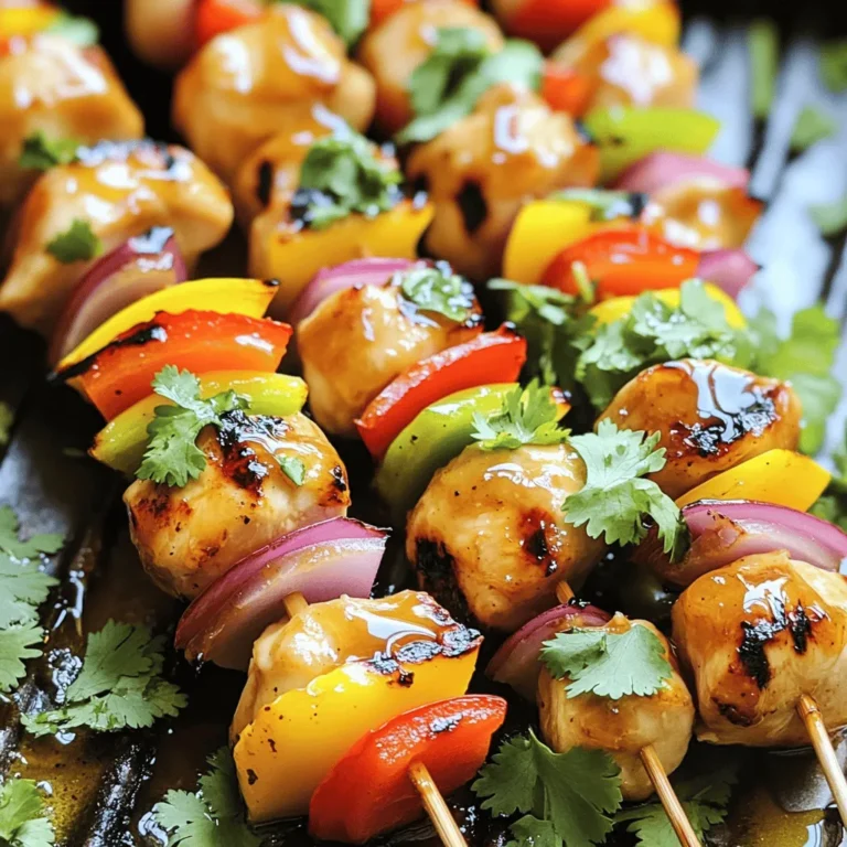 To create these tasty skewers, you need fresh, simple ingredients. Here’s what you will need: - 1 ½ lbs chicken breast, cut into 1-inch cubes - 1 bell pepper (any color), cut into 1-inch pieces - 1 red onion, cut into wedges - Wooden or metal skewers The marinade brings flavor to the chicken. Use these items to make it: - 1/4 cup honey - 1/4 cup soy sauce (low sodium) - 4 cloves garlic, minced - 1 tablespoon fresh ginger, grated - 1 tablespoon sesame oil - 1/2 teaspoon black pepper - 1 teaspoon red pepper flakes (optional, for heat) You can add extra colors and crunch to your skewers. If you want, include: - Cherry tomatoes - Zucchini slices - Mushrooms - Pineapple chunks Once you gather these ingredients, you can follow the Full Recipe to create a delicious meal. The honey and garlic mix perfectly with the chicken, while the veggies add crunch and flavor. Enjoy the process and make it your own! To start, gather your ingredients. In a bowl, mix these items: honey, soy sauce, minced garlic, grated ginger, sesame oil, black pepper, and red pepper flakes if you like heat. Whisk them together until smooth. This marinade brings sweetness and flavor to the chicken. Next, add your chicken cubes to the marinade. Make sure each piece is well covered. This step is key for flavor. Cover your bowl with plastic wrap. Place it in the fridge for at least 1 hour. For the best taste, let it sit overnight. If you use wooden skewers, soak them in water for 30 minutes. This keeps them from burning. Now, preheat your grill over medium-high heat. Begin threading the marinated chicken onto the skewers. Alternate with bell pepper and red onion pieces. This makes them colorful and tasty. Place the skewers on the grill. Cook for about 10-12 minutes. Turn them occasionally. You want nice grill marks, and the chicken should reach 165°F (75°C). After grilling, let the skewers rest briefly before serving. For extra flavor, brush some leftover marinade on during the last minute of grilling. Now you're ready to enjoy these savory honey garlic chicken skewers! For the full recipe, check the details above. To make your honey garlic chicken skewers truly shine, start with the marinade. Use fresh ingredients like garlic and ginger. They bring out the best taste. Mix honey and soy sauce for a sweet and salty base. Let your chicken marinate for at least one hour. For more flavor, marinate overnight. This allows the chicken to soak up all the goodness. Grilling correctly makes a big difference. Preheat your grill to medium-high heat. This helps get those nice grill marks. If using wooden skewers, soak them in water first. This prevents burning while cooking. Thread the chicken and veggies tightly on the skewers. Don’t overcrowd them; let heat circulate. Grill for 10-12 minutes and turn them often. Check the chicken’s internal temperature; it should reach 165°F (75°C) for safety. When serving your skewers, think about presentation. Use a large platter for an appealing look. Add fresh cilantro or green onions for color. A drizzle of extra honey will give a nice shine. These skewers pair well with rice or a fresh salad. They make a great dish for parties or family dinners. Enjoy your meal with friends and family, and don’t forget to share the Full Recipe for more fun in the kitchen! {{image_2}} You can switch out chicken for other proteins. Try shrimp for a quick cook. Beef works well, too, especially tender cuts like sirloin. For a lighter option, use firm tofu. Each protein absorbs the marinade nicely. Make sure to adjust cooking times based on the protein type. Adding veggies to your skewers makes them colorful and healthy. Bell peppers are great, but you can also use zucchini or mushrooms. Cherry tomatoes add sweetness and juiciness. Onions and pineapple give a nice contrast in flavor. Mix and match for fun combinations! Want more heat? Add extra red pepper flakes to the marinade. You can also include sliced jalapeños on the skewers. For milder flavors, skip the red pepper flakes. Adjust the spice to fit your taste. Make it as bold or as gentle as you like! Find the full recipe for Honey Garlic Chicken Skewers [here]. To store your leftover honey garlic chicken skewers, let them cool first. Once cool, place them in an airtight container. This helps keep them fresh. You can store them in the fridge for up to three days. If you want to keep them longer, freezing is a great option. When you’re ready to eat your leftover skewers, there are a few ways to reheat them. The best method is to use the oven. Preheat your oven to 350°F (175°C). Place the skewers on a baking tray and cover them with foil. Heat for about 10-15 minutes. This keeps them moist and tasty. You can also use a microwave. Heat them in short intervals, checking to avoid overcooking. If you want to freeze your skewers, wrap them tightly in plastic wrap. Then, place them in a freezer bag. This prevents freezer burn. They can last in the freezer for up to three months. When you want to enjoy them again, thaw them in the fridge overnight. After thawing, reheat them as mentioned above. Enjoy your delicious honey garlic chicken skewers anytime! For the full recipe, check the detailed instructions and tips provided earlier. I suggest marinating the chicken for at least one hour. For best results, let it sit overnight. This gives the chicken time to soak up all the tasty flavors. The longer it marinates, the more delicious it becomes. Just remember to keep it in the fridge so it stays safe to eat. Yes, you can prepare honey garlic skewers ahead of time. You can marinate the chicken and assemble the skewers a day before cooking. Just cover the skewers and store them in the fridge. When you’re ready to cook, grill them as usual. This saves time and makes for easy meal prep. Honey garlic chicken skewers taste great with many sides. Here are some ideas: - Steamed rice - Grilled vegetables - Fresh salad - Garlic bread - Coleslaw These sides balance the sweet and savory flavors of the skewers. They also add color and texture to your meal. For more ideas, check the Full Recipe. Enjoy your cooking! Honey garlic chicken skewers are a tasty dish that anyone can make. We covered the key ingredients, step-by-step instructions, and tips to enhance flavor. You can even mix things up with different proteins or veggies. Remember to store leftovers properly for later enjoyment. Try making these skewers for your next meal. They are fun to grill and great to share! Enjoy the sweet and savory flavor in every bite.