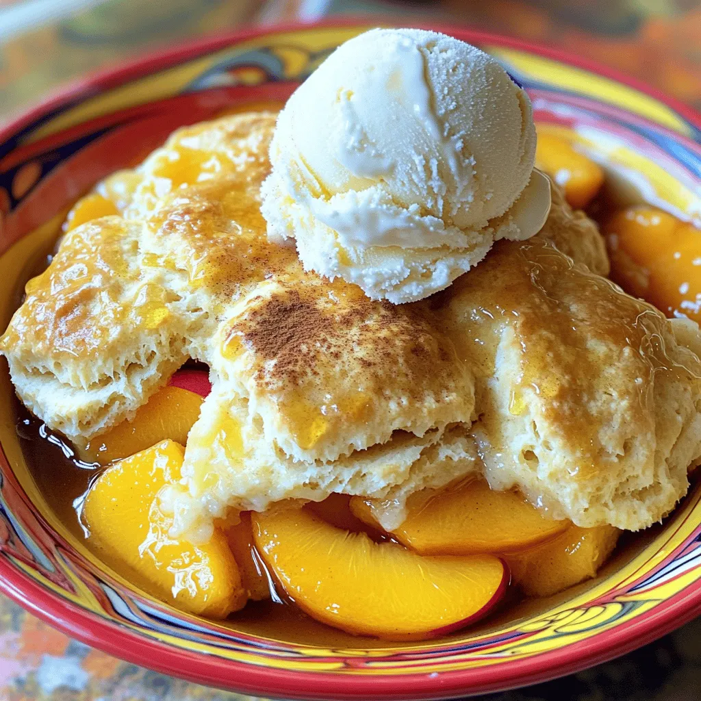 - 6 ripe peaches, peeled and sliced - 1 cup granulated sugar, divided - 1 teaspoon cinnamon - 2 tablespoons lemon juice To make the best peach cobbler, start with fresh, ripe peaches. They should smell sweet and feel slightly soft. The sugar balances the tartness of the peaches. You can adjust it slightly based on your taste. Cinnamon adds warmth, while lemon juice gives a zesty kick. - 1 cup all-purpose flour - 1 tablespoon baking powder - 1/2 teaspoon salt - 1 cup milk - 1/4 cup unsalted butter, melted - 1 teaspoon vanilla extract The flour gives structure to the cobbler. Baking powder helps it rise, making it light. Salt enhances all the flavors. Milk brings moisture, while melted butter adds richness. The vanilla extract adds a lovely aroma that compliments the peaches perfectly. - Whipped cream - Vanilla ice cream Serving peach cobbler warm is key. A scoop of vanilla ice cream or a dollop of whipped cream takes it to the next level. The cold cream melts into the warm cobbler, creating a delicious contrast. You can even drizzle some peach syrup from the baking dish on top for an extra treat! If you want the full recipe, check it out here: Ultimate Peach Cobbler! - Start by peeling and slicing 6 ripe peaches. - In a large bowl, toss the peaches with 1/2 cup of sugar, 1 teaspoon of cinnamon, and 2 tablespoons of lemon juice. - Make sure the peaches are well coated. - Transfer this peach mixture into a greased 9x13-inch baking dish. - In another bowl, whisk together 1 cup of all-purpose flour, 1/2 cup of sugar, 1 tablespoon of baking powder, and 1/2 teaspoon of salt. - Next, mix in 1 cup of milk, 1/4 cup of melted butter, and 1 teaspoon of vanilla extract. - Stir until just combined. It's okay if there are a few lumps. Don't overmix! - Spoon the batter evenly over the peaches. Do not stir the layers together. - Bake in the preheated oven at 375°F for 40-45 minutes. - The cobbler is done when it's golden brown and a toothpick comes out clean from the biscuit layer. Once out of the oven, let it cool for about 10 minutes. You can find the full recipe [here](#). Enjoy your delicious peach cobbler! Use freestone peaches for easy slicing. They separate cleanly from the pit. Clingstone peaches stick to the pit, making them harder to work with. Look for peaches that feel firm but have a slight give when gently squeezed. They should smell sweet and fruity. For the best flavor, choose peaches in season, usually from late spring to early fall. This ensures you get the juiciest and most flavorful fruit. To keep your cobbler fluffy, avoid overmixing the batter. Stir just enough to combine the ingredients. A few lumps are fine. This helps the cobbler rise nicely and stay light. Use a 9x13-inch baking dish for the best results. This size allows for even baking and gives you a perfect balance of filling and topping. Add spices like nutmeg or ginger to boost the flavor of your cobbler. Just a pinch can make a big difference. You can also try fresh herbs like mint or basil for a unique twist. Chop them finely and mix them in with the peaches or sprinkle on top before serving. These small changes can elevate your peach cobbler into a delightful treat. For the full recipe, check out the Ultimate Peach Cobbler. {{image_2}} You can switch peaches for other fruits. Berries, like blueberries or raspberries, work great. Apples also make a tasty cobbler. They add a crisp bite. Combining fruits gives a fun twist. Try mixing peaches with blackberries for a new flavor. Each fruit brings its unique taste and texture. If you need gluten-free, use almond flour or coconut flour. Both give a nice texture. You may need to adjust the amount of liquid. Start with less liquid and add more as needed. This keeps the cobbler moist while avoiding a soggy base. Always check the package for the right ratio when using gluten-free flour. Want a little crunch? Try a crumb topping. Mix oats, flour, and brown sugar for a sweet, crunchy layer. You can even add nuts. Walnuts or pecans add a great bite. Just sprinkle them on top before baking. This variation gives your cobbler an extra flavor dimension that everyone will love. For the full recipe, check the Ultimate Peach Cobbler section. To keep your peach cobbler fresh, place it in the fridge. Use an airtight container or cover it tightly with plastic wrap. This helps prevent it from drying out or absorbing other smells. Stored correctly, your cobbler will last about 3 to 4 days. When you're ready to enjoy your cobbler again, the best way to reheat it is in the oven. Preheat the oven to 350°F (175°C). Place the cobbler in an oven-safe dish and cover it with foil. Heat for about 15 to 20 minutes. This method helps keep the topping crisp. If you prefer using a microwave, heat it in short bursts. Be careful not to overheat, as this can make the cobbler soggy. If you want to save your peach cobbler for later, freezing is a great option. First, let it cool completely. Then, wrap it tightly in plastic wrap and aluminum foil, or use a freezer-safe container. It can last up to 3 months in the freezer. When you’re ready to eat it, thaw it in the fridge overnight. To reheat, you can follow the oven method mentioned above. Enjoy the same great taste as the first day! Yes, you can use canned peaches. They save time and are easy to find. Canned peaches are often softer and sweeter than fresh ones. This means your cobbler will taste different. Pros of canned peaches: - Convenient and quick - Consistent sweetness Cons of canned peaches: - Texture may be mushy - Less fresh flavor If you choose canned peaches, drain them well. This helps avoid excess liquid in the cobbler. Check the color and texture. The top should be golden brown. You can use a toothpick to test it. Insert the toothpick into the batter. If it comes out clean, the cobbler is ready. Look for bubbling around the edges. This shows that the fruit and batter cooked well. If you see these signs, your cobbler is done! You can prepare some parts ahead. Slice the peaches and mix them with sugar and spices. Store this mix in the fridge for up to a day. For the batter, it is best to make it fresh. If you store it, it may lose its fluffiness. Storing tips: - Keep the peach mix in an airtight container. - Bake the cobbler just before serving. This keeps it warm and fresh when you are ready to enjoy it! To sum it up, this blog post guides you through making an easy peach cobbler. You learned about the main ingredients, step-by-step instructions, tips for success, and variations to try. Remember, the best peaches make a big difference in flavor. You can also explore different fruits or gluten-free options. Storing leftovers thoughtfully keeps them tasty. Enjoying your homemade cobbler is worth the effort, and it’s sure to impress everyone! Start baking and share your delicious results.