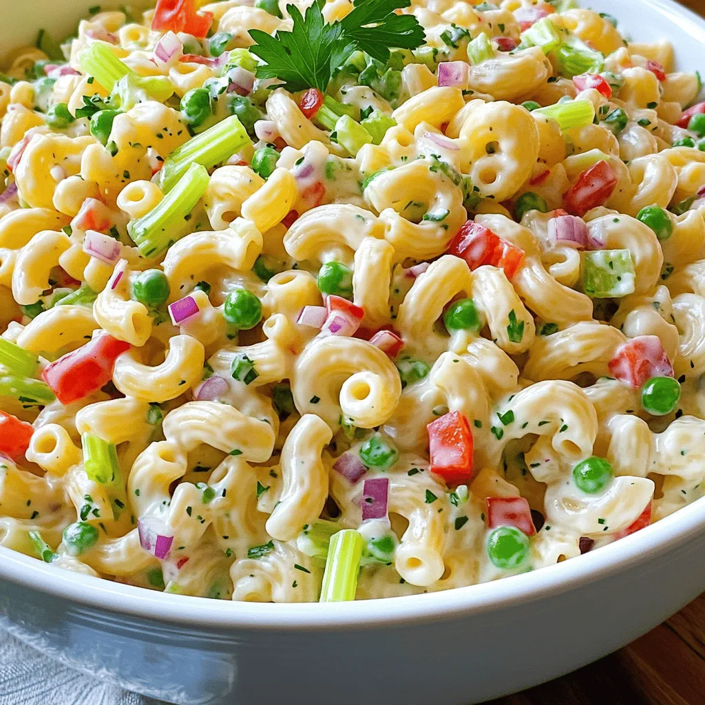To make a tasty macaroni salad, you need some key items. Here’s what you’ll need: - 2 cups elbow macaroni - 1 cup mayonnaise - 2 tablespoons apple cider vinegar - 1 tablespoon Dijon mustard - 1 teaspoon sugar - 1 cup celery, finely diced - 1 cup red bell pepper, diced - 1/2 cup red onion, finely chopped - 1 cup frozen peas, thawed - Salt and pepper to taste - Fresh parsley for garnish These ingredients come together to create a creamy and colorful dish. The elbow macaroni serves as a base, while the veggies add crunch and color. The right seasonings make all the difference in flavor. In this salad, you use: - Salt - Pepper These simple seasonings enhance the taste without overpowering it. The balance is key to a perfect macaroni salad. Feel free to get creative! You can add extra flavors with these optional ingredients: - Chopped hard-boiled eggs - Cooked bacon bits - Diced pickles - Shredded cheese These add-ins can make your salad more hearty and fun. Just mix and match based on what you like! For the full recipe, check out the instructions above. Start by boiling water in a large pot. Add a pinch of salt to the water. When the water bubbles, add 2 cups of elbow macaroni. Cook it until it's al dente, which means it should be firm but not hard. This usually takes about 8 to 10 minutes. Drain the macaroni and rinse it under cold water. This cools it down and stops the cooking. Set the macaroni aside in a bowl. Now let's make the dressing. In a big mixing bowl, add 1 cup of mayonnaise. Then pour in 2 tablespoons of apple cider vinegar. Next, add 1 tablespoon of Dijon mustard and 1 teaspoon of sugar. Whisk these ingredients together until the mixture is smooth and creamy. This dressing gives the salad its rich flavor. It's time to combine everything. Add the cooled macaroni to the bowl with the dressing. Next, fold in 1 cup of finely diced celery, 1 cup of diced red bell pepper, 1/2 cup of finely chopped red onion, and 1 cup of thawed frozen peas. Mix gently until all ingredients are well coated in the dressing. Season your salad with salt and pepper to taste. Now, cover the bowl and refrigerate for at least 1 hour. This chilling time helps all the flavors blend together. For a great finish, garnish with fresh parsley before serving. Enjoy this classic dish! To enhance the taste of your macaroni salad, use fresh ingredients. Fresh herbs, like parsley, add a nice touch. I also suggest adding a squeeze of lemon juice for brightness. For texture, consider adding crunchy veggies, like diced cucumbers or radishes. These will give you that satisfying crunch. Mixing the salad a few times during chilling helps the flavors grow deeper. Macaroni salad is perfect for outdoor events. Serve it in a large bowl with a spoon for easy serving. You can also divide it into small cups for guests to grab. If you want to keep it cool, use a bowl on ice. Pair your salad with grilled meats or veggie skewers. A cold drink like lemonade goes well with it too. One mistake is overcooking the macaroni. You want it al dente, so it stays firm. Another mistake is not chilling the salad long enough. Letting it sit for at least one hour helps the flavors blend well. Avoid skipping the seasoning step; salt and pepper are key for taste. Lastly, don't forget to taste your salad before serving. Adjusting flavors can make a big difference. For the full recipe, check out the Classic Macaroni Salad section above! {{image_2}} Classic macaroni salad is creamy and packed with flavor. It often includes mayo, celery, and peppers. Modern takes add new flavors and textures. You might see ingredients like avocado or a spicy dressing. These twists give the dish a fresh feel. You can also swap out elbow macaroni for spiral or shell pasta. Each shape brings a different bite and look to your salad. If you want a lighter version, try Greek yogurt instead of mayo. It cuts down on fat but keeps creaminess. Adding more veggies can boost nutrition too. Think about adding carrots, cucumbers, or even broccoli. You can also use whole-grain pasta for extra fiber. This keeps the dish filling and satisfying. If you need gluten-free options, choose gluten-free pasta. Many brands make great alternatives that taste just as good. For a dairy-free version, use vegan mayo. This keeps your salad creamy without using eggs. If you want to reduce sugar, skip the sugar in the dressing. You can also add a splash of lemon juice for a fresh taste. These swaps make it easy to adapt the recipe to fit your needs. For the full recipe, check out Classic Macaroni Salad 🥗! After making your classic macaroni salad, let it cool. Cover the bowl tightly with plastic wrap or a lid. This keeps the salad fresh and prevents smells from other foods. Store it in the fridge. The cool air helps maintain its taste and texture. I don’t recommend freezing macaroni salad. The pasta can become mushy when thawed. If you still want to freeze it, pack it in an airtight container. Leave some space at the top for expansion. Thaw it in the fridge when you’re ready to eat it. When stored in the fridge, your macaroni salad lasts about 3 to 5 days. Check for any off smells or changes in texture before eating. If you see any signs of spoilage, it's best to toss it. Enjoy your salad while it’s fresh for the best taste! Yes, you can use other pasta shapes. Fusilli, penne, or shells work well too. Just ensure they cook well and hold the dressing. Each type adds a unique twist to the salad. Try different shapes to find your favorite. You can make macaroni salad a day in advance. Just follow the recipe and store it in the fridge. This gives the flavors time to blend. When you're ready to serve, stir it lightly. If it seems dry, add a bit more mayo. To keep your salad creamy, use enough mayonnaise. Mix mayonnaise with apple cider vinegar and mustard for extra flavor. Whisk them until smooth before adding to the pasta. If needed, add a bit of pasta water for a smoother texture. Macaroni salad is easy to make with the right ingredients and steps. We covered classic components, seasonings, and tasty optional add-ins. I shared tips for flavor and common mistakes to avoid. We explored fun variations and best storage practices. Macaroni salad can fit any meal. With this knowledge, you can enjoy it at home or share with friends.