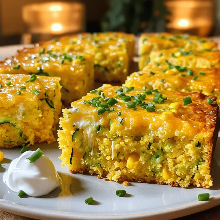 To make a tasty Zucchini Cornbread Casserole, you need: - 2 medium zucchinis, grated - 1 cup corn kernels (fresh or frozen) - 1 cup cornmeal - 1 cup all-purpose flour - 1 tablespoon baking powder - 1/2 teaspoon baking soda - 1 teaspoon salt - 1/2 teaspoon black pepper - 1 cup buttermilk - 2 large eggs - 1/4 cup melted butter - 1 cup shredded cheddar cheese - 1/4 cup chopped fresh chives (for garnish) Zucchini adds moisture and a mild flavor. Grate it finely for best results. Corn gives a sweet crunch and bright color. Use fresh corn if you can; frozen works too. Cornmeal and flour help create a hearty base. Baking powder and baking soda are key for rising. The buttermilk adds tang and richness. Eggs bind everything together. Cheese adds creaminess and flavor. You can swap the buttermilk for regular milk or plant-based milk. If you lack cornmeal, use all-purpose flour instead, but the texture will change. For a gluten-free option, use gluten-free flour blends. You can replace cheddar with any cheese you like, such as Monterey Jack or feta. If you prefer a dairy-free option, skip the cheese or use a dairy-free substitute. Start by preheating your oven to 375°F (190°C). This step is key. It ensures even baking. While the oven heats, you can prepare the rest of the dish. Next, take two medium zucchinis and grate them. In a large bowl, mix the grated zucchini with one cup of corn kernels. If the zucchini is very wet, squeeze out the extra moisture. This helps keep the casserole from being soggy. In another bowl, whisk together one cup of cornmeal, one cup of all-purpose flour, one tablespoon of baking powder, and half a teaspoon each of baking soda and salt. Add half a teaspoon of black pepper too. This blend gives the casserole a nice flavor and helps it rise. In a separate bowl, mix one cup of buttermilk, two large eggs, and a quarter cup of melted butter. Stir until it looks smooth. This mixture binds everything together. Now, pour the wet mixture into the dry ingredients. Stir until just combined. Don't overmix! Gently fold in the zucchini and corn mixture, along with half of the shredded cheddar cheese. This adds a lovely cheesy flavor. Pour the combined mixture into a greased 9x13-inch baking dish. Smooth the top with a spatula. Sprinkle the remaining cheddar cheese on top. Bake for 25-30 minutes. The top should be golden brown. To check if it’s done, insert a toothpick in the center. It should come out clean. Let the casserole rest for 10 minutes before slicing. Enjoy this dish warm! For the full details, refer to the Full Recipe. To get the best texture in your zucchini cornbread casserole, focus on the zucchini. Grate it finely and squeeze out extra moisture. This step helps your casserole stay fluffy. You want a nice balance of wet and dry in your mix. The cornmeal adds a nice crunch, so don't skip it! Remember to mix just until combined. Over-mixing can make it dense. Serve your casserole warm for the best taste. I love adding a sprinkle of fresh chives on top. They add color and flavor. You can also plate it with a dollop of sour cream. This adds creaminess and pairs well with the dish. For a fun twist, serve it with a side salad or some grilled chicken. One mistake is not squeezing the zucchini enough. Too much moisture can make your casserole soggy. Another common issue is overbaking. Keep an eye on it! When the top is golden brown, it’s time to take it out. Finally, don’t skip the resting time after baking. Letting it sit for ten minutes helps the flavors meld. For the complete recipe, check the Full Recipe section! {{image_2}} You can easily make this dish gluten-free. Instead of all-purpose flour, use a gluten-free blend. Look for one that works well in baking. This swap keeps the texture light and fluffy. Just be sure to check the labels for gluten-free assurance. Want to make this casserole heartier? Add cooked chicken or turkey. Chop the meat into small pieces and mix it in with the veggies. This addition gives the dish extra flavor and protein. It's a great way to use up leftovers, too! Get creative with herbs and spices. Fresh herbs like basil or thyme can brighten the dish. You can also add spices like paprika for a smoky taste. A pinch of cayenne pepper can add heat if you like it spicy. Experiment with flavors to find your perfect mix. To store leftovers of your zucchini cornbread casserole, let it cool completely. Place the casserole in an airtight container. You can keep it in the fridge for up to three days. If you know you won't eat it quickly, think about freezing it instead. To freeze your casserole, start by cutting it into portions. Wrap each piece tightly in plastic wrap. Then place the wrapped portions in a freezer bag or container. This way, they will stay fresh for up to three months. When you're ready to eat, you can thaw it in the fridge overnight. To reheat the casserole, you have a couple of options. You can use the oven or the microwave. If using the oven, preheat it to 350°F (175°C). Place the casserole in an oven-safe dish, cover it with foil, and heat for about 15-20 minutes. If you prefer the microwave, heat individual portions for 1-2 minutes, checking to see if it's hot throughout. Enjoy your delicious zucchini cornbread casserole again! For the full recipe, check the earlier section. Yes, you can make this casserole ahead of time. Prepare it and then cover it well. Store it in the fridge for up to 24 hours. Just remember to bake it before serving. This saves you time on busy days. Zucchini Cornbread Casserole pairs well with many dishes. You can serve it with: - Grilled chicken or fish - A fresh garden salad - Chili or soup - Sour cream or yogurt on the side These sides enhance the flavors and create a balanced meal. Yes, this recipe is perfect for vegetarians. It contains no meat or animal products, aside from the cheese and eggs. You can also use vegan cheese and flax eggs for a vegan option. This makes it friendly for many diets. To check if your casserole is done, look for a golden brown top. Insert a toothpick into the center. If it comes out clean, it’s ready. The baking time is usually 25 to 30 minutes. Let it rest for 10 minutes before slicing. Enjoy this tasty dish! For the full recipe, visit the provided link. This blog post covered everything about making a delicious Zucchini Cornbread Casserole. We discussed the key ingredients, substitutions, and step-by-step instructions to help you bake it perfectly. I shared tips to perfect the texture and common mistakes to avoid. You can even explore variations like gluten-free options or adding protein. Lastly, we touched on storage and reheating. With this guide, you can create a satisfying and tasty dish. Enjoy your cooking adventure!