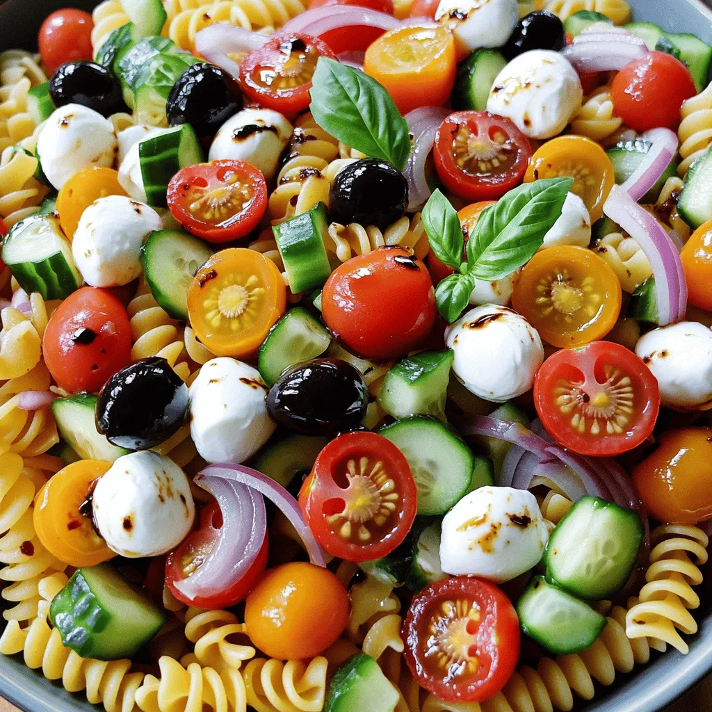 To make a great Italian pasta salad, you need some key items. Here are the must-have ingredients: - 2 cups rotini pasta - 1 cup cherry tomatoes, halved - 1 cup cucumber, diced - 1/2 cup red onion, finely chopped - 1/2 cup black olives, sliced - 1/2 cup mozzarella balls, halved - 1/4 cup fresh basil, chopped These ingredients blend well to create a colorful and tasty dish. The rotini pasta holds the dressing nicely, while the veggies add crunch and freshness. Feel free to get creative! You can add more items to boost the taste. Consider these optional add-ins: - 1/2 cup bell peppers, diced - 1/2 cup artichoke hearts, chopped - 1/4 cup sun-dried tomatoes, chopped - 1/4 cup Parmesan cheese, grated These add-ins can enhance the flavor and texture. Experiment and see what you like best! The dressing is vital for flavor. Here’s what you'll need: - 1/4 cup olive oil - 2 tablespoons balsamic vinegar - 1 teaspoon dried oregano - 1/2 teaspoon garlic powder - Salt and pepper, to taste Mix these dressing ingredients to create a zesty blend. This will tie all the flavors together beautifully. For the full recipe, check out the complete guide. Start by boiling water in a large pot. Once it boils, add the rotini pasta. Cook it until it is al dente, which usually takes about 8-10 minutes. This means it should still have a slight bite when you chew it. After cooking, drain the pasta in a colander. Rinse it under cold water. This stops the cooking process and cools the pasta down quickly. Set it aside while you prepare the vegetables. Grab a large mixing bowl. In it, add the halved cherry tomatoes, diced cucumber, finely chopped red onion, sliced black olives, and halved mozzarella balls. These colorful veggies will give your salad a fresh taste. Make sure to mix them well so they are evenly distributed. This also helps the flavors blend together. Now, take the cooled pasta and add it to the bowl with the vegetables. Gently toss everything together. In a small bowl, whisk together the olive oil, balsamic vinegar, dried oregano, garlic powder, and a pinch of salt and pepper. Pour this dressing over the pasta salad. Toss gently again until all the ingredients are well coated. Finally, fold in the chopped fresh basil. This adds a lovely aroma and taste. Cover the bowl with plastic wrap or a lid. Refrigerate for at least 30 minutes. This helps all the flavors meld together, making your salad even better. For the full recipe, check out the instructions above. To cook pasta right, start with a big pot of water. Use about 4 quarts for every pound. Add a good amount of salt; it helps the pasta taste better. Bring the water to a rolling boil before adding the pasta. Stir the pasta right away so it doesn't stick. Cook it until it's al dente, which means it has a firm bite. Always check the package for the right cooking time. After cooking, drain the pasta and rinse it with cold water. This stops the cooking and keeps it from getting mushy. If you have pasta salad left over, store it in an airtight container. This keeps it fresh and tasty. Refrigerate it as soon as you can. It will stay good for about three days. If you want to keep it longer, you can freeze it. Just make sure to use a freezer-safe container. When ready to eat, thaw it in the fridge overnight. You can add a little olive oil to freshen up the flavors after thawing. To make your pasta salad extra special, try adding more herbs. Fresh herbs like parsley or dill can add a nice touch. You can also mix in some cheese, like feta or parmesan. It adds creaminess and depth. For a little kick, consider adding a pinch of red pepper flakes. If you want it sweeter, toss in some chopped bell peppers or a bit of honey in the dressing. Finally, don't be shy with the dressing; a little more can really lift the dish. For the full recipe, check out Italian Pasta Party Salad. {{image_2}} You can easily make Italian pasta salad vegetarian. Just skip the meat and add more veggies. Try bell peppers, artichoke hearts, or spinach. These ingredients add color and taste. You might also like to add nuts or seeds for crunch. This salad still tastes great without meat! For a gluten-free version, use gluten-free pasta. Many brands offer tasty options made from rice or corn. You can still use all the same vegetables and dressing. This way, everyone can enjoy the salad. It will be just as colorful and full of flavor. Adding protein makes your pasta salad more filling. You can use cooked chicken, canned tuna, or even beans. Chickpeas are a great choice for a plant-based option. Just mix in your protein after combining the pasta and veggies. This addition gives you more nutrients and keeps your meal balanced. You can find the full recipe to get started on your Italian pasta salad today! To store leftover pasta salad, place it in an airtight container. This keeps the salad fresh and tasty. Make sure to refrigerate it right away. Leftovers will last for about three to five days. If you see any changes in smell or color, it’s best to toss it. If you want to freeze your pasta salad, it's best to do so without dressing. The dressing can change the texture when thawed. To freeze, use a freezer-safe container and fill it to leave some space for expansion. You can store it for up to three months. When you're ready to eat, just thaw it in the fridge overnight. For the best storage, use glass containers with tight lids. They help keep your pasta salad fresh and prevent odors. Plastic containers are fine, too, but choose ones that are BPA-free. If you want to take it on the go, mason jars work great for single servings. The best type of pasta to use is rotini. Its twisty shape holds the dressing and toppings well. Other good choices are fusilli or penne. These shapes add fun and texture to your salad. Yes, you can make Italian Pasta Salad ahead of time. It actually tastes better when chilled for a while. I recommend making it a few hours or even a day before serving. Just store it in the fridge. Italian Pasta Salad lasts about three to five days in the fridge. Make sure to keep it in an airtight container. If you notice any strange smells or colors, it’s best to toss it. You can easily swap ingredients in this salad. Use whole wheat pasta for a healthier option. Instead of mozzarella, try feta or goat cheese. If you don’t have black olives, green olives work too. To make your pasta salad more colorful, add bell peppers or carrots. Cherry tomatoes already add a nice pop. You can also use colorful pasta, like spinach or beet pasta. Fresh herbs like parsley or cilantro can brighten it up too. For the full recipe, check out the [Full Recipe]. Italian pasta salad is easy to make with fresh ingredients and simple steps. You can mix different vegetables, proteins, and dressings for a tasty dish. Remember, cooking pasta well and storing leftovers correctly keep your salad fresh and enjoyable. Try variations like vegetarian or gluten-free options to suit your diet. Feel free to explore flavors and colors to make it your own. With a few tips and tricks, you will create a delightful meal that everyone will love. Enjoy your cooking!