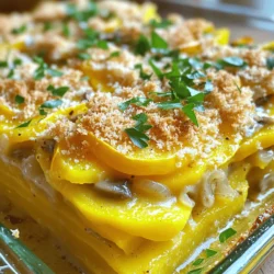To make a tasty yellow squash casserole, gather these ingredients: - 4 cups yellow squash, sliced - 1 cup onion, chopped - 1 cup sharp cheddar cheese, shredded - 1 cup cream of mushroom soup (canned or homemade) - 1 cup breadcrumbs - 1/2 teaspoon garlic powder - 1/2 teaspoon onion powder - 1/2 teaspoon black pepper - 1/4 teaspoon salt - 2 tablespoons olive oil - 1/2 cup grated Parmesan cheese These ingredients combine to create a warm, comforting dish. The yellow squash provides a mild flavor and tender texture. The sharp cheddar adds richness, while the cream of mushroom soup brings creaminess. You can boost the flavor with a few extra ingredients: - Fresh herbs like thyme or basil - Cooked bacon or sausage for a meaty twist - Red pepper flakes for some heat - A splash of lemon juice for brightness Adding these options can make your casserole even more special. Feel free to experiment and find your favorite mix! One serving of this yellow squash casserole offers: - Calories: 250 - Protein: 10g - Carbohydrates: 30g - Fat: 12g - Fiber: 2g This dish is a great way to enjoy veggies while still being hearty. It makes a perfect side dish or main course. For the full recipe, check out the details above. Prepare your ingredients before you start cooking. Slice 4 cups of yellow squash. Chop 1 cup of onion. Grate 1 cup of sharp cheddar cheese. Measure out 1 cup of cream of mushroom soup. Gather the other ingredients: breadcrumbs, garlic powder, onion powder, black pepper, salt, olive oil, and grated Parmesan cheese. This setup makes your cooking smooth and easy. First, preheat your oven to 350°F (175°C). Next, heat 2 tablespoons of olive oil in a large skillet over medium heat. Add the chopped onion and cook for about 5 minutes until soft. Then, toss in the sliced yellow squash and season it with garlic powder, onion powder, black pepper, and salt. Cook this mix for about 10 minutes. Stir often to keep it from sticking. You want the squash to be tender but not mushy. In a large bowl, combine the sautéed squash with the cream of mushroom soup and sharp cheddar cheese. Mix until everything is well combined. In a separate bowl, mix the breadcrumbs with 1/2 cup of grated Parmesan cheese. Now it’s time to assemble! Pour the squash mix into a greased 9x13 inch baking dish. Spread it evenly. Then, sprinkle the breadcrumb mixture on top. Make sure to cover the whole dish. Bake it in the oven for 25-30 minutes. Look for a golden brown top and bubbling edges. Let the casserole cool for about 5 minutes before serving. This dish tastes great warm. For a pretty touch, garnish it with fresh herbs like parsley or chives. Pair it with a colorful side salad for a complete meal. Enjoy your delicious yellow squash casserole! For the full recipe, check out the details above. To make your yellow squash casserole shine, use fresh squash. Fresh squash has a better taste than older ones. Slice your squash evenly for uniform cooking. Cook the onions until soft; this adds a sweet flavor. Do not rush this step. When mixing, blend everything well to get even flavor in every bite. Top it with breadcrumbs and cheese for a nice crunch. Bake until golden brown for the best look and taste. One common mistake is overcooking the squash. This can make it mushy. Cook it just until tender. Another mistake is using too much salt. Start with less, and add more if needed. Also, avoid skipping the breadcrumbs. They add texture and help absorb extra moisture. Lastly, don’t forget to let it cool a bit before serving. This helps it hold its shape better. You will need a few simple tools to make this casserole. - Large skillet for sautéing - Mixing bowls for combining ingredients - 9x13 inch baking dish for baking - Sharp knife for slicing squash - Cutting board for safe prep - Measuring cups and spoons for accurate amounts These tools will help you create the best yellow squash casserole. For the full recipe, refer to the above instructions. {{image_2}} You can easily make this casserole vegetarian or vegan. For a vegetarian dish, skip meat and focus on the squash. To turn it vegan, swap dairy and cream soup. Use a plant-based cream soup and vegan cheese. Nutritional yeast adds a cheesy flavor without dairy. This keeps the dish creamy and delicious. You can mix up the cheeses and soups for different tastes. Try mozzarella for a mild twist or feta for a tangy kick. You can also use cream of celery or potato soup instead of mushroom. Each choice adds its own unique flavor to the casserole. Want to make this casserole heartier? Add proteins like cooked chicken or turkey. You can also mix in other vegetables. Spinach, bell peppers, or mushrooms work well. Just chop them small so they blend in nicely. This makes your casserole more nutritious and filling. Check out the Full Recipe for more ideas! To keep your leftover yellow squash casserole fresh, let it cool completely first. Then, place it in an airtight container. This helps to seal in moisture and flavor. Store it in the fridge for up to three days. If you have a lot left, consider dividing it into smaller portions. This makes it easier to reheat and share. If you want to save your casserole for later, freezing works great. Cut the casserole into serving-sized pieces. Wrap each piece tightly in plastic wrap and then in aluminum foil. This double layer prevents freezer burn. You can freeze it for up to three months. When you're ready to eat, just thaw it in the fridge overnight. To reheat, the oven is your best friend. Preheat the oven to 350°F (175°C). Place the casserole in an oven-safe dish. Cover it with foil to keep it moist. Heat for about 20-25 minutes, or until it’s warm all the way through. If you want a crispy top, remove the foil for the last 5 minutes. This will give it that delicious crunch you love. For a quick option, you can use a microwave. Heat in short bursts, stirring in between, until hot. You can use cream of chicken soup or a homemade mix. A simple blend of milk, butter, and flour also works well. You can add mushrooms for flavor. If you need a dairy-free option, try coconut milk or a cashew cream. Both will make your casserole creamy. To make it gluten-free, swap regular breadcrumbs for gluten-free ones. You can also use crushed gluten-free crackers. Make sure your cream of mushroom soup is labeled gluten-free. These swaps keep the dish tasty and safe for those with gluten issues. Yes, yellow squash can replace zucchini in many dishes. Both have similar textures and cooking times. You can use yellow squash in stir-fries, salads, and soups. It adds a nice color and flavor to your meals. Experimenting with yellow squash opens up new tastes. In this post, we explored how to make a delicious yellow squash casserole. We covered ingredients, preparation steps, and cooking tips. We also shared storage info and answered common questions. With these details, you can create a dish everyone will love. Experiment with variations to suit your taste. Enjoy cooking and sharing this hearty meal with friends and family!