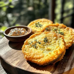 - 4 medium green tomatoes, sliced - 1 cup buttermilk - 1 cup cornmeal - 1/2 cup all-purpose flour - 1 teaspoon paprika - 1/2 teaspoon garlic powder - 1/2 teaspoon onion powder - 1/4 teaspoon cayenne pepper - Salt and black pepper to taste - Oil for frying Using fresh ingredients is key. When you work with fresh green tomatoes, they have a firm texture and bright flavor. This makes your dish taste better. Fresh buttermilk adds tanginess and helps the coating stick. Always check your spices too. Old spices can lose flavor, which affects the final dish. If you're out of buttermilk, you can mix 1 cup of milk with 1 tablespoon of vinegar. Let it sit for five minutes. For cornmeal, you can use breadcrumbs for a different crunch. Gluten-free folks can use almond flour instead of all-purpose flour. Each swap changes the taste, so have fun exploring! Remember, you can find the Full Recipe in another section for more details. First, wash your green tomatoes well. This step is key for great flavor. Slice them into 1/4 inch thick rounds. Next, place the slices on a paper towel. Sprinkle salt over them and let them sit for 10-15 minutes. This draws out extra moisture. The result? Crispier fried tomatoes. In a shallow bowl, pour in the buttermilk. This helps the coating stick. In another bowl, mix the cornmeal, flour, paprika, garlic powder, onion powder, cayenne pepper, salt, and black pepper. Dip each tomato slice into the buttermilk first. Let any extra buttermilk drip off. Then, coat it in the cornmeal mix. Press lightly for even coverage. This coating creates a crunchy texture that you want. Heat about 1 inch of oil in a large skillet. Aim for medium heat. You want the oil to reach 350°F (175°C). Carefully place the coated tomato slices in the hot oil. Do this in batches. Overcrowding the pan leads to soggy tomatoes. Fry each side for about 3-4 minutes. Look for a golden brown color. Once done, remove the slices. Place them on a paper towel-lined plate to drain excess oil. Enjoy your crispy fried green tomatoes warm! For more details, see the Full Recipe. To get that crunchy texture, you need to follow a few steps. First, use fresh green tomatoes. They should be firm and bright. Slice them evenly, about 1/4 inch thick. This helps them cook evenly. Next, soak the slices in buttermilk. This helps the coating stick. After soaking, coat each slice well in the cornmeal mix. Press lightly to ensure even coverage. Many people make a few common errors. One mistake is not salting the tomato slices. Salting helps to remove moisture and makes them crispier. Another mistake is overcrowding the pan. Fry in batches to keep the oil temperature steady. If the oil cools down, your tomatoes will become soggy. Lastly, don’t skip the resting step. Placing them on paper towels helps remove extra oil. Dipping sauces can enhance the flavor of your fried green tomatoes. Here are a few great options: - Spicy remoulade - Creamy ranch dressing - Tangy buttermilk dip - Zesty hot sauce Feel free to mix and match to find your favorite! For the full recipe, check the beginning of the article. {{image_2}} For a kick, add heat! Mix the cornmeal with extra cayenne pepper. You can also use hot sauce in the buttermilk for more flavor. Dip each slice into the spicy mixture. Fry as usual for a zesty treat. These spicy fried green tomatoes bring a bold twist to the classic dish. Want extra flavor? Add cheese! Mix grated Parmesan or cheddar cheese into the cornmeal. This makes a deliciously cheesy crust. The cheese melts while frying, creating a tasty bite. Try mixing in herbs like thyme or oregano for a fresh taste. These cheesy cornmeal variations make your fried tomatoes even more special. Need a gluten-free option? No problem! Replace all-purpose flour with a gluten-free flour blend. You can also use almond flour or chickpea flour. Just make sure the cornmeal is gluten-free, too. This way, everyone can enjoy crispy fried green tomatoes without worry. To store leftover fried green tomatoes, let them cool first. Place them in an airtight container. You can keep them in the fridge for up to three days. Make sure to layer them with paper towels to absorb extra moisture. This keeps them tasty and crispy. To reheat, I recommend using the oven. Preheat it to 350°F (175°C). Place your tomatoes on a baking sheet. Heat them for about 10-15 minutes. This method helps to regain some of the crispiness. You can also use an air fryer for about 5-7 minutes at the same temperature. You can freeze fried green tomatoes if you want to save some for later. First, let them cool completely. Place them in a single layer on a baking sheet. Freeze them for about two hours. Once frozen, transfer them to a freezer bag. They can last for up to three months. When ready to eat, just bake them straight from the freezer! For more details, check out the Full Recipe. The best tomatoes for frying are firm green tomatoes. They should be unripe and slightly tart. Varieties like Cherokee Green or Green Zebra work well. Choose tomatoes with no bruises or soft spots. Freshness matters. The flavor and texture improve with quality ingredients. Yes, you can make this recipe vegan. Replace buttermilk with a plant-based milk, like almond milk, mixed with a bit of vinegar. Use a vegan-friendly coating mix instead of regular flour. This keeps the crispy factor while making it plant-based. Enjoy the same great taste without animal products. You can check if the oil is hot enough by using a thermometer. Aim for 350°F (175°C). If you don’t have one, drop a small amount of batter into the oil. It should sizzle and bubble right away. If it sinks, the oil is not hot enough. For the full recipe and detailed instructions, check the Crispy Southern Fried Green Tomatoes recipe. It guides you through every step for perfect results. Fried green tomatoes are fun and tasty. This post shared all you need for success. We covered fresh ingredients, step-by-step frying, and tips for a crispy crust. I shared tasty variations and smart storage methods. Remember, your choice of tomatoes matters. You can swap ingredients to fit your needs. With this guide, you can enjoy crispy fried green tomatoes anytime. Get cooking, and enjoy the crunch!