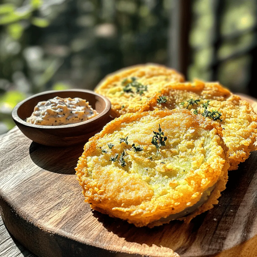 - 4 medium green tomatoes, sliced - 1 cup buttermilk - 1 cup cornmeal - 1/2 cup all-purpose flour - 1 teaspoon paprika - 1/2 teaspoon garlic powder - 1/2 teaspoon onion powder - 1/4 teaspoon cayenne pepper - Salt and black pepper to taste - Oil for frying Using fresh ingredients is key. When you work with fresh green tomatoes, they have a firm texture and bright flavor. This makes your dish taste better. Fresh buttermilk adds tanginess and helps the coating stick. Always check your spices too. Old spices can lose flavor, which affects the final dish. If you're out of buttermilk, you can mix 1 cup of milk with 1 tablespoon of vinegar. Let it sit for five minutes. For cornmeal, you can use breadcrumbs for a different crunch. Gluten-free folks can use almond flour instead of all-purpose flour. Each swap changes the taste, so have fun exploring! Remember, you can find the Full Recipe in another section for more details. First, wash your green tomatoes well. This step is key for great flavor. Slice them into 1/4 inch thick rounds. Next, place the slices on a paper towel. Sprinkle salt over them and let them sit for 10-15 minutes. This draws out extra moisture. The result? Crispier fried tomatoes. In a shallow bowl, pour in the buttermilk. This helps the coating stick. In another bowl, mix the cornmeal, flour, paprika, garlic powder, onion powder, cayenne pepper, salt, and black pepper. Dip each tomato slice into the buttermilk first. Let any extra buttermilk drip off. Then, coat it in the cornmeal mix. Press lightly for even coverage. This coating creates a crunchy texture that you want. Heat about 1 inch of oil in a large skillet. Aim for medium heat. You want the oil to reach 350°F (175°C). Carefully place the coated tomato slices in the hot oil. Do this in batches. Overcrowding the pan leads to soggy tomatoes. Fry each side for about 3-4 minutes. Look for a golden brown color. Once done, remove the slices. Place them on a paper towel-lined plate to drain excess oil. Enjoy your crispy fried green tomatoes warm! For more details, see the Full Recipe. To get that crunchy texture, you need to follow a few steps. First, use fresh green tomatoes. They should be firm and bright. Slice them evenly, about 1/4 inch thick. This helps them cook evenly. Next, soak the slices in buttermilk. This helps the coating stick. After soaking, coat each slice well in the cornmeal mix. Press lightly to ensure even coverage. Many people make a few common errors. One mistake is not salting the tomato slices. Salting helps to remove moisture and makes them crispier. Another mistake is overcrowding the pan. Fry in batches to keep the oil temperature steady. If the oil cools down, your tomatoes will become soggy. Lastly, don’t skip the resting step. Placing them on paper towels helps remove extra oil. Dipping sauces can enhance the flavor of your fried green tomatoes. Here are a few great options: - Spicy remoulade - Creamy ranch dressing - Tangy buttermilk dip - Zesty hot sauce Feel free to mix and match to find your favorite! For the full recipe, check the beginning of the article. {{image_2}} For a kick, add heat! Mix the cornmeal with extra cayenne pepper. You can also use hot sauce in the buttermilk for more flavor. Dip each slice into the spicy mixture. Fry as usual for a zesty treat. These spicy fried green tomatoes bring a bold twist to the classic dish. Want extra flavor? Add cheese! Mix grated Parmesan or cheddar cheese into the cornmeal. This makes a deliciously cheesy crust. The cheese melts while frying, creating a tasty bite. Try mixing in herbs like thyme or oregano for a fresh taste. These cheesy cornmeal variations make your fried tomatoes even more special. Need a gluten-free option? No problem! Replace all-purpose flour with a gluten-free flour blend. You can also use almond flour or chickpea flour. Just make sure the cornmeal is gluten-free, too. This way, everyone can enjoy crispy fried green tomatoes without worry. To store leftover fried green tomatoes, let them cool first. Place them in an airtight container. You can keep them in the fridge for up to three days. Make sure to layer them with paper towels to absorb extra moisture. This keeps them tasty and crispy. To reheat, I recommend using the oven. Preheat it to 350°F (175°C). Place your tomatoes on a baking sheet. Heat them for about 10-15 minutes. This method helps to regain some of the crispiness. You can also use an air fryer for about 5-7 minutes at the same temperature. You can freeze fried green tomatoes if you want to save some for later. First, let them cool completely. Place them in a single layer on a baking sheet. Freeze them for about two hours. Once frozen, transfer them to a freezer bag. They can last for up to three months. When ready to eat, just bake them straight from the freezer! For more details, check out the Full Recipe. The best tomatoes for frying are firm green tomatoes. They should be unripe and slightly tart. Varieties like Cherokee Green or Green Zebra work well. Choose tomatoes with no bruises or soft spots. Freshness matters. The flavor and texture improve with quality ingredients. Yes, you can make this recipe vegan. Replace buttermilk with a plant-based milk, like almond milk, mixed with a bit of vinegar. Use a vegan-friendly coating mix instead of regular flour. This keeps the crispy factor while making it plant-based. Enjoy the same great taste without animal products. You can check if the oil is hot enough by using a thermometer. Aim for 350°F (175°C). If you don’t have one, drop a small amount of batter into the oil. It should sizzle and bubble right away. If it sinks, the oil is not hot enough. For the full recipe and detailed instructions, check the Crispy Southern Fried Green Tomatoes recipe. It guides you through every step for perfect results. Fried green tomatoes are fun and tasty. This post shared all you need for success. We covered fresh ingredients, step-by-step frying, and tips for a crispy crust. I shared tasty variations and smart storage methods. Remember, your choice of tomatoes matters. You can swap ingredients to fit your needs. With this guide, you can enjoy crispy fried green tomatoes anytime. Get cooking, and enjoy the crunch!
