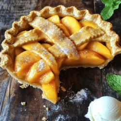 You need ripe, fresh peaches for the best flavor. Look for peaches that feel soft and smell sweet. For this pie, I suggest using about six peaches. Peel them and slice them into thin pieces. This helps them cook evenly and blend well with the other flavors. This recipe uses two types of sugar. I use 3/4 cup of granulated sugar and 1/4 cup of brown sugar. The granulated sugar adds sweetness, while the brown sugar gives a slight caramel flavor. Together, they make the filling rich and tasty. To make your peach pie pop, add a few flavorings. I use one tablespoon of lemon juice for brightness. A teaspoon of vanilla extract adds depth. You can also sprinkle in a teaspoon of ground cinnamon and a dash of nutmeg (1/4 teaspoon). Lastly, two tablespoons of cornstarch help thicken the filling. For a golden crust, I recommend using one egg for an egg wash. These ingredients combine for a delicious pie. For the full recipe, check the details earlier. First, set your oven to 425°F (220°C). This hot start helps the crust get brown and crisp. A preheated oven is key for great pie. In a large bowl, mix the sliced peaches with the sugars, lemon juice, and spices. Use: - 6 fresh peaches, peeled and sliced - 3/4 cup granulated sugar - 1/4 cup brown sugar - 1 tablespoon lemon juice - 1 teaspoon vanilla extract - 1 teaspoon ground cinnamon - 1/4 teaspoon nutmeg - 2 tablespoons cornstarch Toss gently. This helps the peaches soak up the sweet mix. Let it sit for 15 minutes. This allows the flavors to blend and the mixture to thicken. Roll out your pie crust into a 9-inch pie dish. If you're using a pre-made crust, just lay it in. Pour the peach mixture into the crust. Spread it out evenly. Dot the top with small pieces of butter for extra richness. If you have a second crust, cover the filling with it. Trim and crimp the edges to seal. Beat an egg and brush it over the crust. This gives a shiny, golden look. Add a sprinkle of coarse sugar for a sweet touch. Bake for 15 minutes at 425°F, then lower the heat to 350°F (175°C). Bake for another 30 to 35 minutes. Look for a golden crust and bubbly filling. Cool the pie on a wire rack for at least 2 hours. This helps the filling set. Enjoy your peach pie with a scoop of vanilla ice cream. Check out the Full Recipe for more details! To make the best peach pie, choose ripe peaches. Look for peaches that are slightly soft and smell sweet. They should have a bright color, usually yellow or orange. Avoid peaches with bruises or wrinkled skin. If you can, buy local peaches in season. They taste better and are more flavorful. A flaky pie crust is key to a great peach pie. Use cold butter when making your crust. Cut it into small pieces and mix it with flour. Do not overwork the dough; mix just until it comes together. Chill the crust for at least 30 minutes before rolling it out. This helps keep it flaky when baking. An egg wash gives your pie a beautiful golden color. To make one, beat an egg in a small bowl. Use a pastry brush to apply it on the crust. This step is important before baking. For added sweetness, sprinkle coarse sugar on top after applying the egg wash. This gives your pie a lovely shine and texture. For the full recipe, check the Sweet Summer Bliss Peach Pie 🥧 section. {{image_2}} Want to add some zing to your peach pie? Spice it up! You can mix in warm spices like ginger or cloves. Just a pinch of each can change the flavor. You can also try adding a tablespoon of bourbon or rum for a fun twist. These options give your pie a new layer of taste. You can also add nuts for a crunchy surprise. Chopped walnuts or pecans work well in peach pie. They add texture and a nutty flavor. If you want to get creative, mix in berries like blueberries or raspberries. These fruits add color and a tartness that balances the sweetness of peaches. While a classic pie crust is great, you can try different crusts. A crumb crust made with crushed graham crackers or cookies offers a fun twist. You can also use phyllo dough for a flaky, light texture. Each crust brings a unique taste and feel to your peach pie. Check out the Full Recipe for more ideas. To keep your peach pie fresh, store it at room temperature. Cover it with plastic wrap or foil. Avoid refrigerating it unless your kitchen is very warm. The pie can last for about two days at room temperature. If you want to save it longer, consider freezing it. Freezing your peach pie is easy and keeps it tasty. Let the pie cool completely first. Wrap it tightly with plastic wrap and then with aluminum foil. This prevents freezer burn. You can freeze it for up to three months. When you're ready to eat it, thaw it in the fridge overnight. To reheat your peach pie, preheat your oven to 350°F (175°C). Remove any wrapping and place the pie on a baking sheet. Heat it for about 15-20 minutes. This keeps the crust crispy and warms the filling. If you want it warm faster, cover it loosely with foil. Enjoy your pie warm for the best taste! Yes, you can use frozen peaches. Just make sure to thaw them first. Drain any extra juice before mixing them with the sugars. This helps keep your pie from getting too soggy. Remember, fresh peaches taste best, but frozen ones work in a pinch! You can tell the pie is done by checking the crust and filling. The crust should look golden brown. You should see bubbles in the filling. If both look good, your pie is ready! Let it cool for a bit before slicing. This helps the filling set up nicely. Peach pie pairs well with many tasty treats. I love serving it warm with a scoop of vanilla ice cream. Whipped cream is another great option. You can also add a sprinkle of cinnamon or fresh mint for a nice touch. For a fun twist, try drizzling caramel sauce on top! Peach pie is a delightful treat, made with fresh peaches, sugars, and unique flavors. We explored how to make it, from prepping the oven to assembling your pie. I shared tips for choosing the best peaches and achieving a perfect crust. You can even play with variations like spices or different crusts. Remember to store it well so it stays fresh. With these steps, you can enjoy a delicious peach pie anytime. Happy baking!
