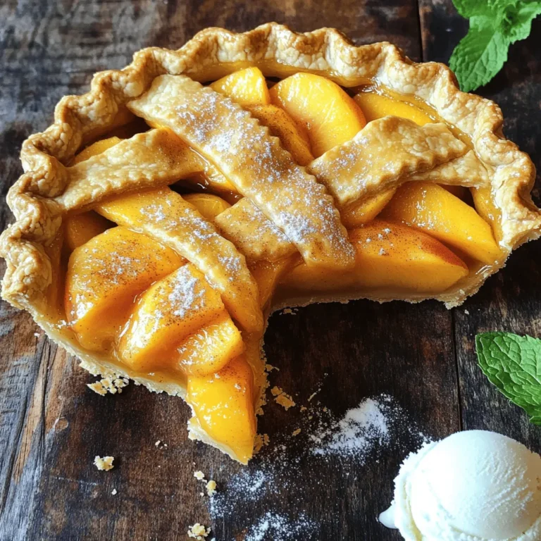You need ripe, fresh peaches for the best flavor. Look for peaches that feel soft and smell sweet. For this pie, I suggest using about six peaches. Peel them and slice them into thin pieces. This helps them cook evenly and blend well with the other flavors. This recipe uses two types of sugar. I use 3/4 cup of granulated sugar and 1/4 cup of brown sugar. The granulated sugar adds sweetness, while the brown sugar gives a slight caramel flavor. Together, they make the filling rich and tasty. To make your peach pie pop, add a few flavorings. I use one tablespoon of lemon juice for brightness. A teaspoon of vanilla extract adds depth. You can also sprinkle in a teaspoon of ground cinnamon and a dash of nutmeg (1/4 teaspoon). Lastly, two tablespoons of cornstarch help thicken the filling. For a golden crust, I recommend using one egg for an egg wash. These ingredients combine for a delicious pie. For the full recipe, check the details earlier. First, set your oven to 425°F (220°C). This hot start helps the crust get brown and crisp. A preheated oven is key for great pie. In a large bowl, mix the sliced peaches with the sugars, lemon juice, and spices. Use: - 6 fresh peaches, peeled and sliced - 3/4 cup granulated sugar - 1/4 cup brown sugar - 1 tablespoon lemon juice - 1 teaspoon vanilla extract - 1 teaspoon ground cinnamon - 1/4 teaspoon nutmeg - 2 tablespoons cornstarch Toss gently. This helps the peaches soak up the sweet mix. Let it sit for 15 minutes. This allows the flavors to blend and the mixture to thicken. Roll out your pie crust into a 9-inch pie dish. If you're using a pre-made crust, just lay it in. Pour the peach mixture into the crust. Spread it out evenly. Dot the top with small pieces of butter for extra richness. If you have a second crust, cover the filling with it. Trim and crimp the edges to seal. Beat an egg and brush it over the crust. This gives a shiny, golden look. Add a sprinkle of coarse sugar for a sweet touch. Bake for 15 minutes at 425°F, then lower the heat to 350°F (175°C). Bake for another 30 to 35 minutes. Look for a golden crust and bubbly filling. Cool the pie on a wire rack for at least 2 hours. This helps the filling set. Enjoy your peach pie with a scoop of vanilla ice cream. Check out the Full Recipe for more details! To make the best peach pie, choose ripe peaches. Look for peaches that are slightly soft and smell sweet. They should have a bright color, usually yellow or orange. Avoid peaches with bruises or wrinkled skin. If you can, buy local peaches in season. They taste better and are more flavorful. A flaky pie crust is key to a great peach pie. Use cold butter when making your crust. Cut it into small pieces and mix it with flour. Do not overwork the dough; mix just until it comes together. Chill the crust for at least 30 minutes before rolling it out. This helps keep it flaky when baking. An egg wash gives your pie a beautiful golden color. To make one, beat an egg in a small bowl. Use a pastry brush to apply it on the crust. This step is important before baking. For added sweetness, sprinkle coarse sugar on top after applying the egg wash. This gives your pie a lovely shine and texture. For the full recipe, check the Sweet Summer Bliss Peach Pie 🥧 section. {{image_2}} Want to add some zing to your peach pie? Spice it up! You can mix in warm spices like ginger or cloves. Just a pinch of each can change the flavor. You can also try adding a tablespoon of bourbon or rum for a fun twist. These options give your pie a new layer of taste. You can also add nuts for a crunchy surprise. Chopped walnuts or pecans work well in peach pie. They add texture and a nutty flavor. If you want to get creative, mix in berries like blueberries or raspberries. These fruits add color and a tartness that balances the sweetness of peaches. While a classic pie crust is great, you can try different crusts. A crumb crust made with crushed graham crackers or cookies offers a fun twist. You can also use phyllo dough for a flaky, light texture. Each crust brings a unique taste and feel to your peach pie. Check out the Full Recipe for more ideas. To keep your peach pie fresh, store it at room temperature. Cover it with plastic wrap or foil. Avoid refrigerating it unless your kitchen is very warm. The pie can last for about two days at room temperature. If you want to save it longer, consider freezing it. Freezing your peach pie is easy and keeps it tasty. Let the pie cool completely first. Wrap it tightly with plastic wrap and then with aluminum foil. This prevents freezer burn. You can freeze it for up to three months. When you're ready to eat it, thaw it in the fridge overnight. To reheat your peach pie, preheat your oven to 350°F (175°C). Remove any wrapping and place the pie on a baking sheet. Heat it for about 15-20 minutes. This keeps the crust crispy and warms the filling. If you want it warm faster, cover it loosely with foil. Enjoy your pie warm for the best taste! Yes, you can use frozen peaches. Just make sure to thaw them first. Drain any extra juice before mixing them with the sugars. This helps keep your pie from getting too soggy. Remember, fresh peaches taste best, but frozen ones work in a pinch! You can tell the pie is done by checking the crust and filling. The crust should look golden brown. You should see bubbles in the filling. If both look good, your pie is ready! Let it cool for a bit before slicing. This helps the filling set up nicely. Peach pie pairs well with many tasty treats. I love serving it warm with a scoop of vanilla ice cream. Whipped cream is another great option. You can also add a sprinkle of cinnamon or fresh mint for a nice touch. For a fun twist, try drizzling caramel sauce on top! Peach pie is a delightful treat, made with fresh peaches, sugars, and unique flavors. We explored how to make it, from prepping the oven to assembling your pie. I shared tips for choosing the best peaches and achieving a perfect crust. You can even play with variations like spices or different crusts. Remember to store it well so it stays fresh. With these steps, you can enjoy a delicious peach pie anytime. Happy baking!