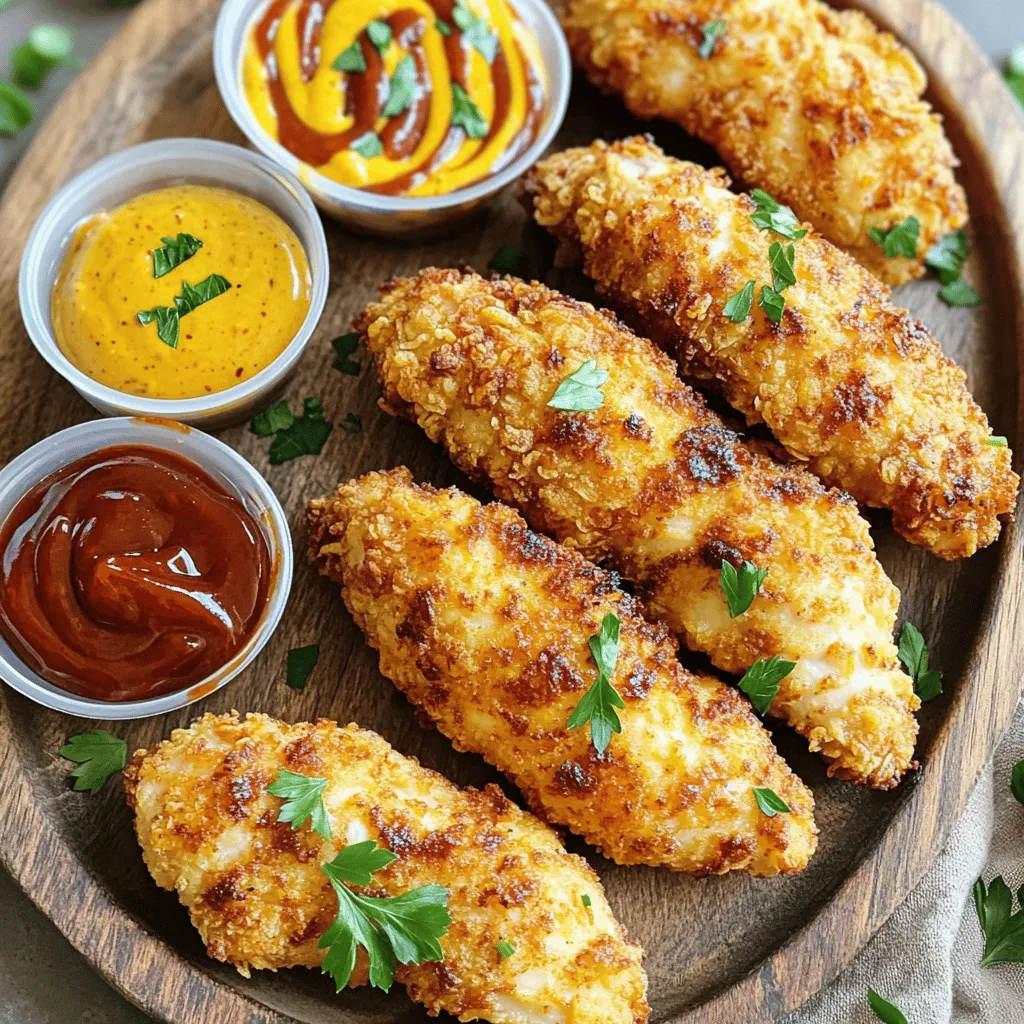 For these tasty chicken tenders, you will need: - 1 lb chicken breast, cut into strips - 1 cup buttermilk (or milk with 1 tbsp lemon juice) - 1 cup all-purpose flour - 1 cup breadcrumbs (Panko for extra crunch) - 1 tsp garlic powder - 1 tsp onion powder - 1 tsp paprika - 1/2 tsp black pepper - 1/2 tsp salt - 1/2 tsp cayenne pepper (optional) - Cooking spray or olive oil spray These ingredients work together to create a crispy and juicy meal that everyone loves. The chicken breast is the star here, offering a lean protein that cooks well in the air fryer. The buttermilk tenderizes the chicken, making it moist. You can mix in your favorite seasonings to change the flavor. Some ideas include: - Italian herbs like oregano and basil - A dash of lemon zest for brightness - Parmesan cheese in the breadcrumb mix for added flavor These additions can elevate your chicken tenders. Feel free to experiment to find your perfect blend! If you have dietary needs, there are simple swaps: - Use gluten-free flour and breadcrumbs for a gluten-free option. - Swap buttermilk for a dairy-free milk alternative, like almond or oat milk. - For a lower-carb option, use crushed pork rinds in place of breadcrumbs. These alternatives still let you enjoy crispy chicken tenders while fitting your diet. You can find options that suit everyone at the table! Start by cutting the chicken breast into strips. Place the strips in a bowl and cover them with buttermilk. Buttermilk helps to keep the chicken tender and juicy. Let the chicken marinate for at least 30 minutes in the refrigerator. This step is key for great flavor and texture. Next, gather your breading supplies. In one shallow dish, mix flour, garlic powder, onion powder, paprika, salt, black pepper, and cayenne pepper. In a second dish, place the breadcrumbs. Using Panko breadcrumbs gives extra crunch. Set this up near your chicken for easy access. Once the chicken has marinated, take it out of the buttermilk. Let the excess buttermilk drip off. First, dip each chicken strip into the flour mixture. Make sure it gets fully coated. Shake off any extra flour. Then, dip it back into the buttermilk and finally coat it in the breadcrumbs. Press gently to help the crumbs stick. Repeat this for all chicken strips. Now it's time to preheat the air fryer. Set the air fryer to 400°F (200°C) and let it heat for about 4-5 minutes. Preheating ensures that the chicken cooks evenly. Lightly spray the air fryer basket with cooking spray. Place the breaded chicken tenders in a single layer. Make sure they don’t touch each other. This helps them crisp up nicely. Lightly spray the tops of the chicken tenders with cooking spray for even more crunch. Cook them for 10-12 minutes, flipping halfway through. They should turn golden brown and reach an internal temperature of 165°F (75°C). After cooking, remove the tenders from the air fryer. Let them rest for a couple of minutes. This helps keep them juicy. Serve the crispy chicken tenders on a platter. Add dipping sauces like honey mustard, barbecue sauce, or ranch dressing. Garnish with fresh parsley for a nice touch. For the full recipe, refer to the earlier section. To get that extra crunch, follow these steps: - Use Panko breadcrumbs. They give a better texture. - Lightly spray the chicken with cooking spray before cooking. - Don’t crowd the air fryer basket. Space helps air circulate. - Flip the tenders halfway through cooking for even crisping. These tips make a big difference in texture and taste. Here are some mistakes to steer clear of: - Skipping the marinating step. It adds flavor and juiciness. - Not shaking off the excess flour. This helps the coating stick. - Overcrowding the air fryer. This leads to soggy chicken. - Forgetting to preheat the air fryer. This ensures even cooking. Avoiding these errors will help you make perfect tenders. Want to boost the flavor? Try these ideas: - Add herbs like thyme or oregano to the flour mix. - Mix in some grated Parmesan cheese with the breadcrumbs. - Use spicy sauces in the buttermilk for a kick. - Experiment with different spices to match your taste. These enhancements make your chicken tenders even more delicious. {{image_2}} If you want a lighter version, you can try using whole wheat flour instead of all-purpose flour. This swap adds fiber and nutrients. You can also use air-fried chickpeas instead of chicken for a plant-based option. They offer crunch and flavor. Another idea is to use skinless chicken thighs; they stay moist and tender. You can also bake the chicken tenders instead of air frying. Just be sure to adjust the cooking time to get them crispy. You can change up the flavor with different spices. For a zesty kick, add lemon zest to the breading mix. Want something spicy? Try adding chili powder or cayenne pepper. If you like a sweet taste, mix in some brown sugar with the spices. For a unique marinade, swap buttermilk with yogurt. This makes the chicken extra tender. You can also try a teriyaki marinade for an Asian twist. Just remember to adjust the cooking time and breading for best results. Dipping sauces can take your chicken tenders to the next level. Honey mustard is a classic choice, with its sweet and tangy balance. If you want something spicy, try sriracha mayo. Just mix sriracha with mayonnaise for a creamy kick. For a fresh taste, serve with a yogurt-based tzatziki sauce. This sauce pairs well with the crispy coating. You can also try a sweet chili sauce for an Asian flair. Get creative and mix different sauces to find your favorite combo! To keep your crispy air fryer chicken tenders fresh, store them in an airtight container. This helps maintain their crunch. Let the chicken cool completely before sealing. I recommend using parchment paper between layers to prevent sticking. To reheat leftover chicken tenders, use your air fryer. Set it to 350°F (175°C). Heat for about 5-7 minutes. This method keeps them crispy. You can also use a regular oven at the same temperature for about 10 minutes. Avoid using the microwave, as it can make them soggy. You can freeze chicken tenders for later use. First, let them cool completely. Then, place them on a baking sheet in a single layer. Freeze for about 1-2 hours until solid. After that, transfer them to a freezer bag. They can last up to three months. To cook from frozen, air fry at 400°F (200°C) for about 15-18 minutes. You should marinate chicken tenders for at least 30 minutes. This helps keep them juicy and flavorful. For best results, try marinating for up to 2 hours. You can easily substitute buttermilk with milk mixed with lemon juice. Just add 1 tablespoon of lemon juice to 1 cup of milk. Let it sit for 5-10 minutes to thicken. Yes, you can cook these tenders in a conventional oven. Preheat your oven to 400°F (200°C). Place the breaded chicken on a baking sheet and bake for about 15-20 minutes. Flip them halfway for even cooking. To check if the chicken tenders are fully cooked, use a meat thermometer. The internal temperature should reach 165°F (75°C). If you don’t have a thermometer, cut into a tender. It should be white and no longer pink. The best dipping sauces for chicken tenders include honey mustard, barbecue sauce, and ranch dressing. You can also try hot sauce or a spicy aioli for a kick. These sauces add great flavor to your crispy air fryer chicken tenders. You can make crispy air fryer chicken tenders with simple ingredients and steps. We covered marinating, breading, and cooking techniques to get perfect results. Remember, achieving extra crispiness requires attention to detail. Experiment with seasonings and variations for unique flavors. Proper storage lets you enjoy leftovers later. Whether it's for a weeknight meal or a gathering, these tenders are a hit. Enjoy this tasty dish and have fun with it!