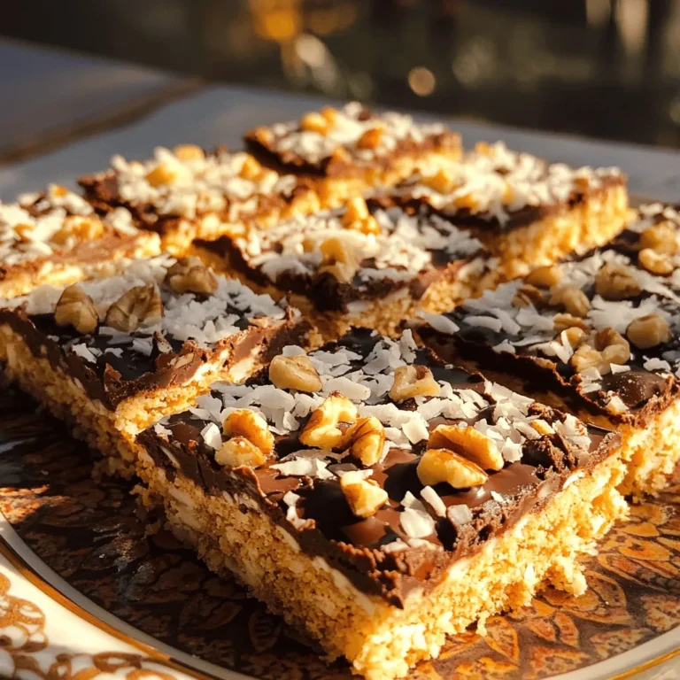 To make Matzo Magic Bars, you need the following items: - 4 sheets of matzo - 1/2 cup unsalted butter, melted - 1/2 cup packed brown sugar - 1 cup sweetened shredded coconut - 1 cup chocolate chips (semi-sweet or dark) - 1/2 cup chopped walnuts or pecans (optional) - 1/2 teaspoon vanilla extract - 1/4 teaspoon salt You can switch out some ingredients if needed. Here are a few ideas: - Use coconut oil instead of butter for a dairy-free option. - Replace nuts with seeds for a nut-free version. - Look for gluten-free matzo if you need a gluten-free choice. Choosing the right brands can make a difference in taste. Here are my favorites: - For matzo, I recommend Streit’s or Manischewitz. - Enjoy high-quality chocolate chips from Ghirardelli or Guittard. - For coconut, Sweetened Baker's or Bob's Red Mill are great options. This recipe is simple and fun to make. You can find the full recipe in the recipe section above. 1. Preheat your oven to 350°F (175°C). 2. Line an 8x8 inch baking dish with parchment paper. Leave some paper hanging over the edges for easy lifting later. 3. In a medium bowl, mix 1/2 cup melted unsalted butter with 1/2 cup packed brown sugar. 4. Stir in 1/2 teaspoon of vanilla extract and 1/4 teaspoon of salt until well blended. 1. Lay 4 sheets of matzo flat in the baking dish. Break them if needed to fit. 2. Pour the butter and sugar mixture over the matzo. Use a spatula to spread it evenly. 3. Sprinkle 1 cup of sweetened shredded coconut over the matzo layer. 4. Add 1 cup of chocolate chips on top. If you like, you can also add 1/2 cup of chopped walnuts or pecans. 5. Press down gently with the spatula to help the toppings stick. 1. Bake in the preheated oven for 25 minutes. Look for golden brown edges and melted chocolate. 2. To check if it’s done, the edges should be firm and the center slightly soft. 3. Once baked, remove from the oven and let cool for at least 10 minutes. 4. Use the parchment paper to lift the bars out of the dish. Cut into squares when fully cool. For the Full Recipe, refer to the earlier section. Enjoy these Matzo Magic Bars with family and friends! - Ensuring even coating: Spread the butter and sugar mix carefully. This helps each matzo piece get covered. Use a spatula to reach all corners. - Adjusting sweetness levels: If you like it sweeter, add more brown sugar. For less sweetness, cut back a bit. Taste the mix if unsure! - Pressing toppings down: After adding the coconut and chocolate, press gently. This makes sure the toppings stick well and won't fall off later. - Overbaking or underbaking: Keep an eye on your bars while they bake. Look for golden edges. Overbaked bars can be dry, and underbaked ones may fall apart. - Incorrect ingredient proportions: Measure your ingredients carefully. Too much butter or sugar can change the taste and texture. - Not cooling before cutting: Let the bars cool completely. If you cut them too soon, they may crumble. Patience is key! - Plating ideas: Use a pretty platter to show off your bars. Arrange them neatly for a nice look. - Pairing with beverages: Serve with a glass of milk or a warm cup of tea. They complement each other well! - Presentation enhancement tips: Add a sprinkle of coconut on top for flair. A dollop of whipped cream or ice cream makes it extra special. Check out the Full Recipe for more details on making these delicious treats! {{image_2}} You can make Matzo Magic Bars even better by adding your favorite dried fruits. Try raisins, apricots, or cranberries. These fruits add sweetness and chewiness to the bars. You can also experiment with different nuts. Pecans, almonds, or even pistachios will give a nice crunch. Each nut adds its own unique flavor and texture. If you want a vegan version, swap the butter for coconut oil. Use a vegan brown sugar for the sweet taste. There are also sugar-free options. Try using a sugar substitute like monk fruit or stevia. This makes the bars friendly for those watching their sugar intake. For special occasions, think of holiday-inspired variations. Add spices like cinnamon for a festive touch. You can also use seasonal ingredients. In fall, add chopped apples or pumpkin. In summer, fresh berries can brighten up the bars. The possibilities are endless to make these treats fit any theme! You can find the full recipe to try these variations at home. For short-term storage, keep your Matzo Magic Bars at room temperature. Place them in an airtight container. This keeps them fresh for up to five days. For long-term storage, I suggest freezing them. Use a freezer-safe container or wrap them in plastic wrap and aluminum foil. This way, they can last for up to three months. To freeze Matzo Magic Bars, wait until they cool completely. Cut them into squares first, then freeze. Lay them flat in a single layer to avoid sticking. After they're frozen, stack them with parchment paper in between layers. For thawing, just move them to the fridge overnight. This keeps their texture nice and soft. At room temperature, Matzo Magic Bars last about five days. Look for signs like a dry texture or off smell. If you see either, it’s time to toss them. If stored well in the freezer, they can last for three months. Always check for changes in color or texture when thawing. Matzo Magic Bars are sweet treats made with layers of matzo, chocolate, and coconut. They blend flavors and textures for a tasty dessert. This recipe has roots in Jewish cuisine, especially during Passover. The bars combine a crunchy base with a rich topping. They are easy to make and fun to eat. Yes, you can prepare Matzo Magic Bars in advance. I suggest making them a day before serving. After baking, let them cool completely. Then, cut them into squares and store them in an airtight container. This method keeps them fresh and tasty. To store leftovers, place the bars in an airtight container. Keep them at room temperature for up to five days. If you prefer, you can refrigerate them for a longer shelf life. Just remember to let them come to room temperature before enjoying. Absolutely! To make a larger batch, simply double the ingredients. Use a larger baking dish, like a 9x13 inch pan. Adjust the baking time slightly, checking for doneness. You will have more delicious bars to share with family and friends. Matzo Magic Bars pair well with many desserts. You can serve them with whipped cream or vanilla ice cream. Fresh fruits, like berries or sliced bananas, add a nice touch too. These combinations make the treat even more enjoyable. Yes, there are common allergens in this recipe. The bars contain nuts, dairy, and gluten. You can use dairy-free butter for a dairy-free version. For nut allergies, simply skip the nuts or use seeds instead. Always check labels for allergens when preparing. In this blog post, we've explored the essential ingredients for Matzo Magic Bars and how to prepare them. You learned about tasty ingredient substitutions and the best brands available. We also detailed each step for creating perfect bars, including tips to avoid common mistakes. Remember, you can customize your bars with different flavors and store leftovers for later. Enjoy experimenting with this simple recipe! With these insights, you can create delicious treats for any occasion.
