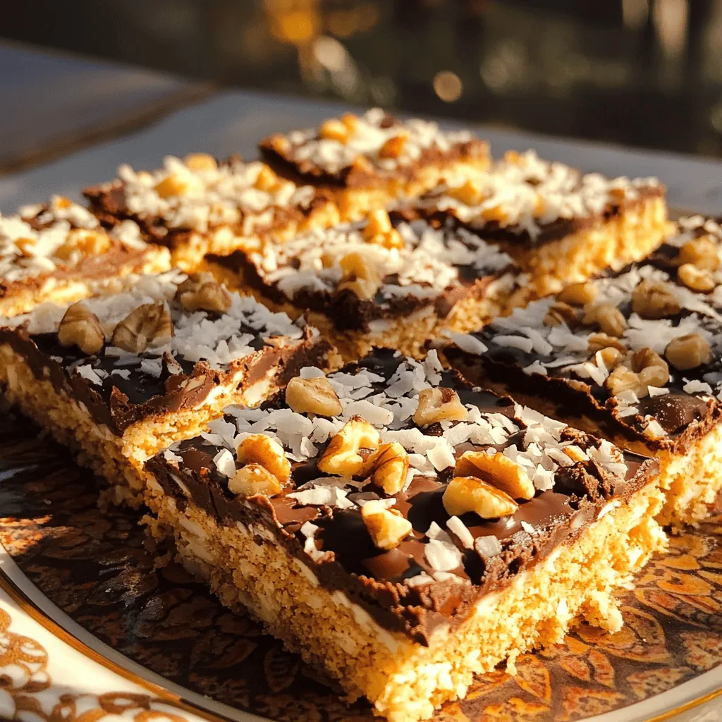 To make Matzo Magic Bars, you need the following items: - 4 sheets of matzo - 1/2 cup unsalted butter, melted - 1/2 cup packed brown sugar - 1 cup sweetened shredded coconut - 1 cup chocolate chips (semi-sweet or dark) - 1/2 cup chopped walnuts or pecans (optional) - 1/2 teaspoon vanilla extract - 1/4 teaspoon salt You can switch out some ingredients if needed. Here are a few ideas: - Use coconut oil instead of butter for a dairy-free option. - Replace nuts with seeds for a nut-free version. - Look for gluten-free matzo if you need a gluten-free choice. Choosing the right brands can make a difference in taste. Here are my favorites: - For matzo, I recommend Streit’s or Manischewitz. - Enjoy high-quality chocolate chips from Ghirardelli or Guittard. - For coconut, Sweetened Baker's or Bob's Red Mill are great options. This recipe is simple and fun to make. You can find the full recipe in the recipe section above. 1. Preheat your oven to 350°F (175°C). 2. Line an 8x8 inch baking dish with parchment paper. Leave some paper hanging over the edges for easy lifting later. 3. In a medium bowl, mix 1/2 cup melted unsalted butter with 1/2 cup packed brown sugar. 4. Stir in 1/2 teaspoon of vanilla extract and 1/4 teaspoon of salt until well blended. 1. Lay 4 sheets of matzo flat in the baking dish. Break them if needed to fit. 2. Pour the butter and sugar mixture over the matzo. Use a spatula to spread it evenly. 3. Sprinkle 1 cup of sweetened shredded coconut over the matzo layer. 4. Add 1 cup of chocolate chips on top. If you like, you can also add 1/2 cup of chopped walnuts or pecans. 5. Press down gently with the spatula to help the toppings stick. 1. Bake in the preheated oven for 25 minutes. Look for golden brown edges and melted chocolate. 2. To check if it’s done, the edges should be firm and the center slightly soft. 3. Once baked, remove from the oven and let cool for at least 10 minutes. 4. Use the parchment paper to lift the bars out of the dish. Cut into squares when fully cool. For the Full Recipe, refer to the earlier section. Enjoy these Matzo Magic Bars with family and friends! - Ensuring even coating: Spread the butter and sugar mix carefully. This helps each matzo piece get covered. Use a spatula to reach all corners. - Adjusting sweetness levels: If you like it sweeter, add more brown sugar. For less sweetness, cut back a bit. Taste the mix if unsure! - Pressing toppings down: After adding the coconut and chocolate, press gently. This makes sure the toppings stick well and won't fall off later. - Overbaking or underbaking: Keep an eye on your bars while they bake. Look for golden edges. Overbaked bars can be dry, and underbaked ones may fall apart. - Incorrect ingredient proportions: Measure your ingredients carefully. Too much butter or sugar can change the taste and texture. - Not cooling before cutting: Let the bars cool completely. If you cut them too soon, they may crumble. Patience is key! - Plating ideas: Use a pretty platter to show off your bars. Arrange them neatly for a nice look. - Pairing with beverages: Serve with a glass of milk or a warm cup of tea. They complement each other well! - Presentation enhancement tips: Add a sprinkle of coconut on top for flair. A dollop of whipped cream or ice cream makes it extra special. Check out the Full Recipe for more details on making these delicious treats! {{image_2}} You can make Matzo Magic Bars even better by adding your favorite dried fruits. Try raisins, apricots, or cranberries. These fruits add sweetness and chewiness to the bars. You can also experiment with different nuts. Pecans, almonds, or even pistachios will give a nice crunch. Each nut adds its own unique flavor and texture. If you want a vegan version, swap the butter for coconut oil. Use a vegan brown sugar for the sweet taste. There are also sugar-free options. Try using a sugar substitute like monk fruit or stevia. This makes the bars friendly for those watching their sugar intake. For special occasions, think of holiday-inspired variations. Add spices like cinnamon for a festive touch. You can also use seasonal ingredients. In fall, add chopped apples or pumpkin. In summer, fresh berries can brighten up the bars. The possibilities are endless to make these treats fit any theme! You can find the full recipe to try these variations at home. For short-term storage, keep your Matzo Magic Bars at room temperature. Place them in an airtight container. This keeps them fresh for up to five days. For long-term storage, I suggest freezing them. Use a freezer-safe container or wrap them in plastic wrap and aluminum foil. This way, they can last for up to three months. To freeze Matzo Magic Bars, wait until they cool completely. Cut them into squares first, then freeze. Lay them flat in a single layer to avoid sticking. After they're frozen, stack them with parchment paper in between layers. For thawing, just move them to the fridge overnight. This keeps their texture nice and soft. At room temperature, Matzo Magic Bars last about five days. Look for signs like a dry texture or off smell. If you see either, it’s time to toss them. If stored well in the freezer, they can last for three months. Always check for changes in color or texture when thawing. Matzo Magic Bars are sweet treats made with layers of matzo, chocolate, and coconut. They blend flavors and textures for a tasty dessert. This recipe has roots in Jewish cuisine, especially during Passover. The bars combine a crunchy base with a rich topping. They are easy to make and fun to eat. Yes, you can prepare Matzo Magic Bars in advance. I suggest making them a day before serving. After baking, let them cool completely. Then, cut them into squares and store them in an airtight container. This method keeps them fresh and tasty. To store leftovers, place the bars in an airtight container. Keep them at room temperature for up to five days. If you prefer, you can refrigerate them for a longer shelf life. Just remember to let them come to room temperature before enjoying. Absolutely! To make a larger batch, simply double the ingredients. Use a larger baking dish, like a 9x13 inch pan. Adjust the baking time slightly, checking for doneness. You will have more delicious bars to share with family and friends. Matzo Magic Bars pair well with many desserts. You can serve them with whipped cream or vanilla ice cream. Fresh fruits, like berries or sliced bananas, add a nice touch too. These combinations make the treat even more enjoyable. Yes, there are common allergens in this recipe. The bars contain nuts, dairy, and gluten. You can use dairy-free butter for a dairy-free version. For nut allergies, simply skip the nuts or use seeds instead. Always check labels for allergens when preparing. In this blog post, we've explored the essential ingredients for Matzo Magic Bars and how to prepare them. You learned about tasty ingredient substitutions and the best brands available. We also detailed each step for creating perfect bars, including tips to avoid common mistakes. Remember, you can customize your bars with different flavors and store leftovers for later. Enjoy experimenting with this simple recipe! With these insights, you can create delicious treats for any occasion.
