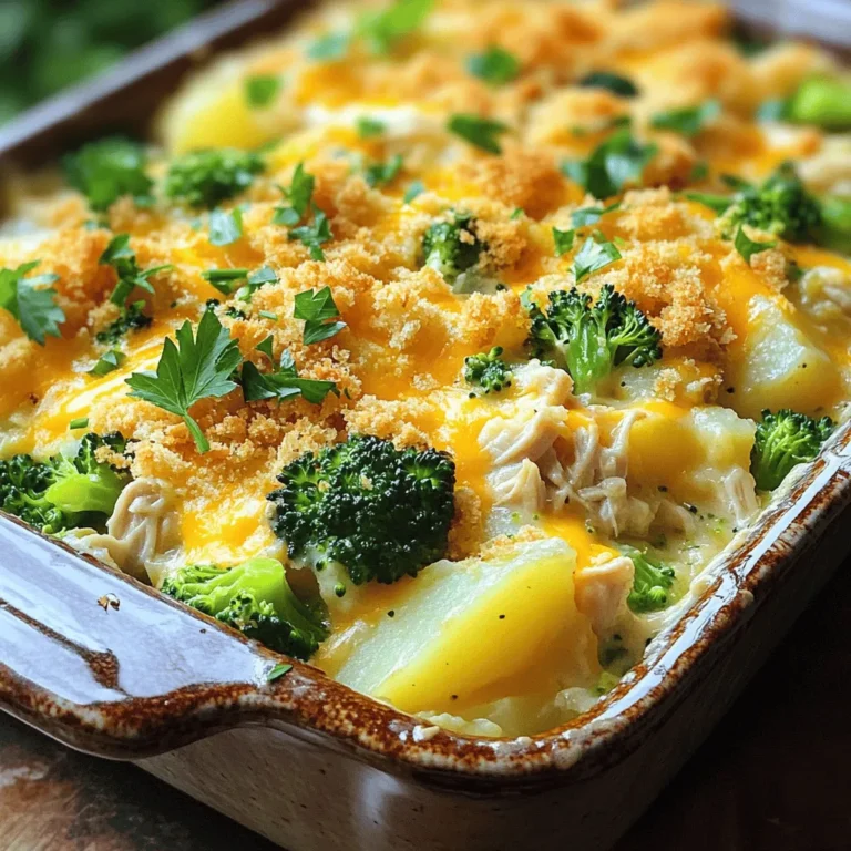 For the Baked Potato Chicken Broccoli Casserole, you will need: - 4 medium-sized potatoes, peeled and diced - 2 cups cooked chicken, shredded - 2 cups fresh broccoli florets - 1 cup shredded cheddar cheese - 1 cup sour cream - 1/2 cup milk - 1 teaspoon garlic powder - 1 teaspoon onion powder - Salt and pepper to taste - 1/2 cup breadcrumbs - 2 tablespoons olive oil - 1/4 cup grated Parmesan cheese You can swap some ingredients if needed. For a lighter option, use Greek yogurt instead of sour cream. If you want a dairy-free version, try using almond milk and dairy-free cheese. For a healthier twist, you can use sweet potatoes instead of regular potatoes. If you have leftover turkey, it works great as a chicken substitute. This casserole serves six people. Each serving has about: - Calories: 400 - Protein: 25g - Carbohydrates: 45g - Fat: 15g - Fiber: 4g These numbers may vary based on your specific ingredient choices. This dish is filling and offers a good balance of protein and carbs, perfect for a hearty meal. You can find the full recipe for more detailed steps. Before we start cooking, gather all your ingredients. Make sure you have: - 4 medium-sized potatoes, peeled and diced - 2 cups cooked chicken, shredded - 2 cups fresh broccoli florets - 1 cup shredded cheddar cheese - 1 cup sour cream - 1/2 cup milk - 1 teaspoon garlic powder - 1 teaspoon onion powder - Salt and pepper to taste - 1/2 cup breadcrumbs - 2 tablespoons olive oil - 1/4 cup grated Parmesan cheese You will also need a large pot, a mixing bowl, and a greased 9x13 inch casserole dish. 1. Preheat your oven to 375°F (190°C). This makes sure the oven is hot when you bake the casserole. 2. Boil the diced potatoes in a large pot of salted water. Cook them for about 10-15 minutes. They should be tender but not mushy. Drain the potatoes and set them aside. 3. In a large mixing bowl, combine the shredded chicken, boiled potatoes, broccoli florets, cheddar cheese, sour cream, milk, garlic powder, onion powder, salt, and pepper. Mix everything together well so that each piece is coated. 4. Drizzle the olive oil over this mixture. Stir it until the oil is evenly mixed in. 5. Transfer the mixture into the greased casserole dish. Spread it out evenly. 6. In a small bowl, mix the breadcrumbs with the grated Parmesan cheese. Sprinkle this mix evenly over the top of the casserole. 7. Bake the casserole in your preheated oven for 25-30 minutes. It is ready when the top is golden brown and bubbly. Once you take the casserole out of the oven, let it cool for about 5 minutes. This helps it set a little and makes it easier to serve. You can serve the casserole in individual portions. For a nice touch, garnish each plate with fresh parsley. This adds color and flavor. You can also add a side salad to make a complete meal. Enjoy your Baked Potato Chicken Broccoli Casserole Delight! For the full recipe, check out the recipe section. To make great potatoes, start by choosing medium-sized ones. Peel and dice them evenly. This helps them cook at the same rate. Boil them in salted water for about 10 to 15 minutes. You want them tender but not mushy. Always test with a fork. If it goes in easily, they are ready. After boiling, drain the water right away to stop cooking. Let them cool for a bit before adding to your casserole. Cheese adds creaminess and flavor to your casserole. I recommend using sharp cheddar for a bold taste. It melts nicely and gives a lovely golden color. You can also mix in mozzarella for a stretchier texture. If you want something different, try pepper jack for a spicy kick. Adding some grated Parmesan on top brings a nice crunch. Just remember to choose cheeses that melt well for the best results. Cooking time can change based on your oven and dish size. Always check your casserole after 25 minutes. Look for a golden top and bubbling edges. If it’s not ready, give it another 5 minutes. If your potatoes are larger, they may need a bit more time to bake. Keep an eye on it to avoid overcooking. Remember, every oven is different. Use your best judgment when timing your bake. For the full recipe, check the details above. {{image_2}} You can easily make this dish gluten-free. Instead of regular breadcrumbs, use gluten-free breadcrumbs. You could also try crushed gluten-free crackers. These options still give a nice crunch. Always check labels to ensure no hidden gluten is in your ingredients. This way, everyone can enjoy the casserole. If you prefer a vegetarian version, skip the chicken. Use extra broccoli or add other veggies like bell peppers and mushrooms. You can replace chicken with canned chickpeas for protein. This will keep it hearty and filling. Use the same creamy sauce and cheese for flavor. Feel free to add more veggies. Carrots, peas, or spinach work well. Just make sure they are chopped small for even cooking. If you want more protein, try adding cooked sausage or turkey. This enhances the flavor and nutrition. Mix and match as you like for a custom dish. Check out the Full Recipe for more details! After you enjoy your baked potato chicken broccoli casserole, store the leftovers. Place them in an airtight container. Make sure to cool the casserole to room temperature first. In the fridge, it will last for about three to four days. Label the container with the date so you remember when you made it. If you want to save some for later, freezing works well. Cut the casserole into portions, and wrap each piece tightly in plastic wrap. Then, place the wrapped portions in a freezer-safe bag. Squeeze out the air to prevent freezer burn. You can freeze it for up to three months. Label the bags with the date, so you know when to use them. To reheat, first, take it out of the fridge or freezer. If frozen, let it thaw in the fridge overnight. When ready, preheat your oven to 350°F (175°C). Place the casserole in a baking dish. Cover it with foil to keep it moist. Bake for about 20-30 minutes until it is heated through. If you like a crispy top, remove the foil for the last 10 minutes of baking. Enjoy your meal! For the full recipe, check out the earlier section. Yes, you can use leftover rotisserie chicken. It saves time and adds great flavor. Just shred the chicken and mix it into the casserole. This method makes the dish quick and easy. Plus, it helps you reduce food waste. Using rotisserie chicken is a smart choice for busy nights. You can serve the casserole with a side salad or steamed veggies. A fresh green salad adds crunch and color. You can also pair it with garlic bread for a filling meal. If you want something hearty, try serving with roasted carrots or green beans. These sides balance the flavors and make a complete dinner. Baking the casserole takes about 25 to 30 minutes. Preheat your oven to 375°F (190°C) first. Make sure the top is golden brown before taking it out. You want the casserole heated through and bubbly. Let it cool for about five minutes before serving. This helps the flavors settle and makes it easier to serve. This article covered all you need to know about making a Baked Potato Chicken Broccoli Casserole. We explored key ingredients and tasty substitutions, detailed cooking steps, and helpful tips. You learned about variations like gluten-free options and how to store leftovers. Now, you have the tools to make a delicious casserole that fits your needs. Enjoy cooking this simple yet satisfying dish, and don't hesitate to get creative in the kitchen!