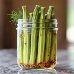 - 1 pound fresh okra, trimmed - 4 cloves garlic, smashed - Optional: Fresh dill sprigs - 1 cup distilled white vinegar - 1 cup water - 2 teaspoons salt - 1 tablespoon sugar - 1 tablespoon mustard seeds - 1 teaspoon black peppercorns - 1 teaspoon red pepper flakes (adjust for heat preference) - 1 bay leaf To make refrigerator pickled okra, start with fresh ingredients. Choose okra that is small and firm for the best crunch. Trim the ends, but keep the stems on. This helps the okra stay crisp during pickling. For the brine, mix vinegar, water, garlic, salt, sugar, mustard seeds, peppercorns, red pepper flakes, and a bay leaf. Each ingredient plays a key role. The vinegar gives a tangy flavor. Salt helps with preservation and adds taste. Sugar balances the tartness. Mustard seeds and peppercorns add spice and depth. Feel free to add fresh dill for an herby twist. This combination of fresh ingredients and flavorful brine makes the okra shine. Check out the Full Recipe for all the details you need to start your pickling journey! First, you need to wash the okra thoroughly. Rinse it under cold water to remove any dirt. After that, trim the ends carefully. It is important to leave the stems intact. This helps keep the okra crunchy and firm. Next, it's time to make the brine. In a medium saucepan, combine the following ingredients: - 1 cup distilled white vinegar - 1 cup water - 4 cloves garlic, smashed - 2 teaspoons salt - 1 tablespoon sugar - 1 tablespoon mustard seeds - 1 teaspoon black peppercorns - 1 teaspoon red pepper flakes (adjust for heat preference) - 1 bay leaf Bring this mixture to a simmer over medium heat. Stir it until the salt and sugar dissolve completely. This step is crucial for a balanced flavor. Now, you will pack the jars. Start by sterilizing glass jars, like pint-sized mason jars. Make sure they are clean and ready to hold your okra. Pack the okra vertically into the jars. Try to mix in garlic and any optional dill sprigs evenly. Once packed, pour the hot brine over the okra. Ensure all pieces are fully submerged. Seal the jars with lids while the brine is still hot. After sealing, allow the jars to cool at room temperature. Once cooled, transfer them to the refrigerator. For the best taste, let the okra pickle for at least 24 hours. However, they taste amazing after 3-5 days when the flavors meld together beautifully. You can find the full recipe for this delightful treat if you want to explore more about the process! To get that perfect crunch in your refrigerator pickled okra, here are my top tips: - Leave okra stems intact: Keeping the stems helps maintain the crispness of the okra. - Choose small, firm okra pods: Smaller pods are often crunchier. Look for ones that feel solid and fresh. Want to amp up the flavor? Try these simple adjustments: - Adjust red pepper flakes for desired spice level: If you like it hot, add more! For a milder taste, reduce the amount. - Experiment with additional herbs and spices: Fresh dill, thyme, or even garlic can add a new twist. Don’t be afraid to get creative! Proper jar sterilization is key to safe pickling. Here’s how to do it right: - Best practices for sterilizing jars: Wash jars in hot, soapy water. Rinse well and place them in a hot oven (about 225°F) for 10-15 minutes to sterilize. - Importance of hot packing: Always pour hot brine over your packed okra. This helps seal the jars and keeps your okra fresh longer. Follow these tips, and your refrigerator pickled okra will turn out delicious and crunchy! For the full recipe, check out the Crunchy Refrigerator Pickled Okra 🥒 section. {{image_2}} You can make refrigerator pickled okra even more fun with different flavors. Here are some tasty ideas: Want it hot? Add some extra red pepper flakes or sliced jalapeños to your brine. This gives your pickled okra a nice kick. Adjust the heat based on what you like. If you want it very spicy, add more peppers. The heat makes it exciting. Herbs can change the game. Consider adding fresh dill, thyme, or oregano in the jars. These herbs bring a fresh taste. They also enhance the overall flavor of your pickles. Just a few sprigs in each jar will do the trick. You can mix and match herbs to find your favorite blend. If you like a sweet twist, increase the sugar in your brine. This will give your okra a delightful sweetness. It balances out the vinegar perfectly. Start with a tablespoon more and taste. Adjust until you find the right level of sweet for your palate. These variations can make your refrigerator pickled okra even more special. Each one brings a unique flavor. Feel free to experiment and discover what you love most! For the full recipe, check out the Crunchy Refrigerator Pickled Okra 🥒 section. Refrigerator pickled okra lasts about 2 to 3 months in the fridge. To keep your okra crunchy, store it in a glass jar. Make sure the okra stays submerged in the brine. This helps it stay fresh and tasty. Also, avoid opening the jar too often. You can tell if pickled okra is bad by looking for a few signs. If the okra changes color, becomes slimy, or develops an off smell, it's time to discard it. Always trust your senses. If you’re unsure, it’s safer to throw it away. Pickled okra goes well with many meals. You can serve it as a side dish or snack. It adds a nice crunch to salads and wraps. Try adding it to your next charcuterie board for a fun twist. The pickled okra needs time to soak up the brine. I recommend letting it sit for at least 24 hours. However, for the best flavor, wait 3 to 5 days. This allows the garlic and spices to blend well with the okra. The longer you wait, the better the taste! Using frozen okra is not ideal for pickling. Freezing changes the okra's texture. It becomes softer and less crunchy when thawed. Fresh okra gives you that perfect crunch you want in pickles. For the best results, always use fresh okra. Refrigerator pickled okra pairs well with many dishes. You can serve it as a side with fried chicken or fish. It also works great in salads, adding a nice crunch. Try it on a charcuterie board for a tangy bite. You can even snack on it straight from the jar! In this blog post, you learned how to make pickled okra. We covered fresh ingredients and brine, plus simple steps to prepare and store the okra. I shared tips for crunchiness and flavor, and we explored fun variations. Remember to check for spoilage and to enjoy your pickles with various dishes. Pickled okra adds a unique touch to meals. Try it yourself for a tasty, crunchy snack or side. Enjoy experimenting with flavors that suit your taste.