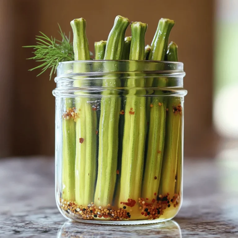 - 1 pound fresh okra, trimmed - 4 cloves garlic, smashed - Optional: Fresh dill sprigs - 1 cup distilled white vinegar - 1 cup water - 2 teaspoons salt - 1 tablespoon sugar - 1 tablespoon mustard seeds - 1 teaspoon black peppercorns - 1 teaspoon red pepper flakes (adjust for heat preference) - 1 bay leaf To make refrigerator pickled okra, start with fresh ingredients. Choose okra that is small and firm for the best crunch. Trim the ends, but keep the stems on. This helps the okra stay crisp during pickling. For the brine, mix vinegar, water, garlic, salt, sugar, mustard seeds, peppercorns, red pepper flakes, and a bay leaf. Each ingredient plays a key role. The vinegar gives a tangy flavor. Salt helps with preservation and adds taste. Sugar balances the tartness. Mustard seeds and peppercorns add spice and depth. Feel free to add fresh dill for an herby twist. This combination of fresh ingredients and flavorful brine makes the okra shine. Check out the Full Recipe for all the details you need to start your pickling journey! First, you need to wash the okra thoroughly. Rinse it under cold water to remove any dirt. After that, trim the ends carefully. It is important to leave the stems intact. This helps keep the okra crunchy and firm. Next, it's time to make the brine. In a medium saucepan, combine the following ingredients: - 1 cup distilled white vinegar - 1 cup water - 4 cloves garlic, smashed - 2 teaspoons salt - 1 tablespoon sugar - 1 tablespoon mustard seeds - 1 teaspoon black peppercorns - 1 teaspoon red pepper flakes (adjust for heat preference) - 1 bay leaf Bring this mixture to a simmer over medium heat. Stir it until the salt and sugar dissolve completely. This step is crucial for a balanced flavor. Now, you will pack the jars. Start by sterilizing glass jars, like pint-sized mason jars. Make sure they are clean and ready to hold your okra. Pack the okra vertically into the jars. Try to mix in garlic and any optional dill sprigs evenly. Once packed, pour the hot brine over the okra. Ensure all pieces are fully submerged. Seal the jars with lids while the brine is still hot. After sealing, allow the jars to cool at room temperature. Once cooled, transfer them to the refrigerator. For the best taste, let the okra pickle for at least 24 hours. However, they taste amazing after 3-5 days when the flavors meld together beautifully. You can find the full recipe for this delightful treat if you want to explore more about the process! To get that perfect crunch in your refrigerator pickled okra, here are my top tips: - Leave okra stems intact: Keeping the stems helps maintain the crispness of the okra. - Choose small, firm okra pods: Smaller pods are often crunchier. Look for ones that feel solid and fresh. Want to amp up the flavor? Try these simple adjustments: - Adjust red pepper flakes for desired spice level: If you like it hot, add more! For a milder taste, reduce the amount. - Experiment with additional herbs and spices: Fresh dill, thyme, or even garlic can add a new twist. Don’t be afraid to get creative! Proper jar sterilization is key to safe pickling. Here’s how to do it right: - Best practices for sterilizing jars: Wash jars in hot, soapy water. Rinse well and place them in a hot oven (about 225°F) for 10-15 minutes to sterilize. - Importance of hot packing: Always pour hot brine over your packed okra. This helps seal the jars and keeps your okra fresh longer. Follow these tips, and your refrigerator pickled okra will turn out delicious and crunchy! For the full recipe, check out the Crunchy Refrigerator Pickled Okra 🥒 section. {{image_2}} You can make refrigerator pickled okra even more fun with different flavors. Here are some tasty ideas: Want it hot? Add some extra red pepper flakes or sliced jalapeños to your brine. This gives your pickled okra a nice kick. Adjust the heat based on what you like. If you want it very spicy, add more peppers. The heat makes it exciting. Herbs can change the game. Consider adding fresh dill, thyme, or oregano in the jars. These herbs bring a fresh taste. They also enhance the overall flavor of your pickles. Just a few sprigs in each jar will do the trick. You can mix and match herbs to find your favorite blend. If you like a sweet twist, increase the sugar in your brine. This will give your okra a delightful sweetness. It balances out the vinegar perfectly. Start with a tablespoon more and taste. Adjust until you find the right level of sweet for your palate. These variations can make your refrigerator pickled okra even more special. Each one brings a unique flavor. Feel free to experiment and discover what you love most! For the full recipe, check out the Crunchy Refrigerator Pickled Okra 🥒 section. Refrigerator pickled okra lasts about 2 to 3 months in the fridge. To keep your okra crunchy, store it in a glass jar. Make sure the okra stays submerged in the brine. This helps it stay fresh and tasty. Also, avoid opening the jar too often. You can tell if pickled okra is bad by looking for a few signs. If the okra changes color, becomes slimy, or develops an off smell, it's time to discard it. Always trust your senses. If you’re unsure, it’s safer to throw it away. Pickled okra goes well with many meals. You can serve it as a side dish or snack. It adds a nice crunch to salads and wraps. Try adding it to your next charcuterie board for a fun twist. The pickled okra needs time to soak up the brine. I recommend letting it sit for at least 24 hours. However, for the best flavor, wait 3 to 5 days. This allows the garlic and spices to blend well with the okra. The longer you wait, the better the taste! Using frozen okra is not ideal for pickling. Freezing changes the okra's texture. It becomes softer and less crunchy when thawed. Fresh okra gives you that perfect crunch you want in pickles. For the best results, always use fresh okra. Refrigerator pickled okra pairs well with many dishes. You can serve it as a side with fried chicken or fish. It also works great in salads, adding a nice crunch. Try it on a charcuterie board for a tangy bite. You can even snack on it straight from the jar! In this blog post, you learned how to make pickled okra. We covered fresh ingredients and brine, plus simple steps to prepare and store the okra. I shared tips for crunchiness and flavor, and we explored fun variations. Remember to check for spoilage and to enjoy your pickles with various dishes. Pickled okra adds a unique touch to meals. Try it yourself for a tasty, crunchy snack or side. Enjoy experimenting with flavors that suit your taste.