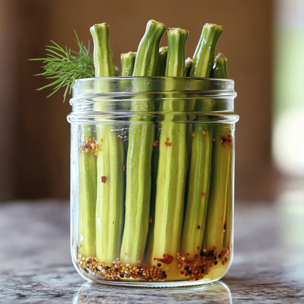 - 1 pound fresh okra, trimmed - 4 cloves garlic, smashed - Optional: Fresh dill sprigs - 1 cup distilled white vinegar - 1 cup water - 2 teaspoons salt - 1 tablespoon sugar - 1 tablespoon mustard seeds - 1 teaspoon black peppercorns - 1 teaspoon red pepper flakes (adjust for heat preference) - 1 bay leaf To make refrigerator pickled okra, start with fresh ingredients. Choose okra that is small and firm for the best crunch. Trim the ends, but keep the stems on. This helps the okra stay crisp during pickling. For the brine, mix vinegar, water, garlic, salt, sugar, mustard seeds, peppercorns, red pepper flakes, and a bay leaf. Each ingredient plays a key role. The vinegar gives a tangy flavor. Salt helps with preservation and adds taste. Sugar balances the tartness. Mustard seeds and peppercorns add spice and depth. Feel free to add fresh dill for an herby twist. This combination of fresh ingredients and flavorful brine makes the okra shine. Check out the Full Recipe for all the details you need to start your pickling journey! First, you need to wash the okra thoroughly. Rinse it under cold water to remove any dirt. After that, trim the ends carefully. It is important to leave the stems intact. This helps keep the okra crunchy and firm. Next, it's time to make the brine. In a medium saucepan, combine the following ingredients: - 1 cup distilled white vinegar - 1 cup water - 4 cloves garlic, smashed - 2 teaspoons salt - 1 tablespoon sugar - 1 tablespoon mustard seeds - 1 teaspoon black peppercorns - 1 teaspoon red pepper flakes (adjust for heat preference) - 1 bay leaf Bring this mixture to a simmer over medium heat. Stir it until the salt and sugar dissolve completely. This step is crucial for a balanced flavor. Now, you will pack the jars. Start by sterilizing glass jars, like pint-sized mason jars. Make sure they are clean and ready to hold your okra. Pack the okra vertically into the jars. Try to mix in garlic and any optional dill sprigs evenly. Once packed, pour the hot brine over the okra. Ensure all pieces are fully submerged. Seal the jars with lids while the brine is still hot. After sealing, allow the jars to cool at room temperature. Once cooled, transfer them to the refrigerator. For the best taste, let the okra pickle for at least 24 hours. However, they taste amazing after 3-5 days when the flavors meld together beautifully. You can find the full recipe for this delightful treat if you want to explore more about the process! To get that perfect crunch in your refrigerator pickled okra, here are my top tips: - Leave okra stems intact: Keeping the stems helps maintain the crispness of the okra. - Choose small, firm okra pods: Smaller pods are often crunchier. Look for ones that feel solid and fresh. Want to amp up the flavor? Try these simple adjustments: - Adjust red pepper flakes for desired spice level: If you like it hot, add more! For a milder taste, reduce the amount. - Experiment with additional herbs and spices: Fresh dill, thyme, or even garlic can add a new twist. Don’t be afraid to get creative! Proper jar sterilization is key to safe pickling. Here’s how to do it right: - Best practices for sterilizing jars: Wash jars in hot, soapy water. Rinse well and place them in a hot oven (about 225°F) for 10-15 minutes to sterilize. - Importance of hot packing: Always pour hot brine over your packed okra. This helps seal the jars and keeps your okra fresh longer. Follow these tips, and your refrigerator pickled okra will turn out delicious and crunchy! For the full recipe, check out the Crunchy Refrigerator Pickled Okra 🥒 section. {{image_2}} You can make refrigerator pickled okra even more fun with different flavors. Here are some tasty ideas: Want it hot? Add some extra red pepper flakes or sliced jalapeños to your brine. This gives your pickled okra a nice kick. Adjust the heat based on what you like. If you want it very spicy, add more peppers. The heat makes it exciting. Herbs can change the game. Consider adding fresh dill, thyme, or oregano in the jars. These herbs bring a fresh taste. They also enhance the overall flavor of your pickles. Just a few sprigs in each jar will do the trick. You can mix and match herbs to find your favorite blend. If you like a sweet twist, increase the sugar in your brine. This will give your okra a delightful sweetness. It balances out the vinegar perfectly. Start with a tablespoon more and taste. Adjust until you find the right level of sweet for your palate. These variations can make your refrigerator pickled okra even more special. Each one brings a unique flavor. Feel free to experiment and discover what you love most! For the full recipe, check out the Crunchy Refrigerator Pickled Okra 🥒 section. Refrigerator pickled okra lasts about 2 to 3 months in the fridge. To keep your okra crunchy, store it in a glass jar. Make sure the okra stays submerged in the brine. This helps it stay fresh and tasty. Also, avoid opening the jar too often. You can tell if pickled okra is bad by looking for a few signs. If the okra changes color, becomes slimy, or develops an off smell, it's time to discard it. Always trust your senses. If you’re unsure, it’s safer to throw it away. Pickled okra goes well with many meals. You can serve it as a side dish or snack. It adds a nice crunch to salads and wraps. Try adding it to your next charcuterie board for a fun twist. The pickled okra needs time to soak up the brine. I recommend letting it sit for at least 24 hours. However, for the best flavor, wait 3 to 5 days. This allows the garlic and spices to blend well with the okra. The longer you wait, the better the taste! Using frozen okra is not ideal for pickling. Freezing changes the okra's texture. It becomes softer and less crunchy when thawed. Fresh okra gives you that perfect crunch you want in pickles. For the best results, always use fresh okra. Refrigerator pickled okra pairs well with many dishes. You can serve it as a side with fried chicken or fish. It also works great in salads, adding a nice crunch. Try it on a charcuterie board for a tangy bite. You can even snack on it straight from the jar! In this blog post, you learned how to make pickled okra. We covered fresh ingredients and brine, plus simple steps to prepare and store the okra. I shared tips for crunchiness and flavor, and we explored fun variations. Remember to check for spoilage and to enjoy your pickles with various dishes. Pickled okra adds a unique touch to meals. Try it yourself for a tasty, crunchy snack or side. Enjoy experimenting with flavors that suit your taste.