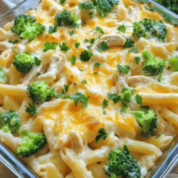 - 2 cups cooked pasta (penne or rotini) - 2 cups cooked chicken, shredded or diced - 2 cups broccoli florets, steamed - 1 cup heavy cream - 1 cup chicken broth - 1 cup grated Parmesan cheese - 1 cup shredded mozzarella cheese - 2 cloves garlic, minced - 1 teaspoon Italian seasoning - Salt and pepper to taste - Fresh parsley, chopped for garnish Let’s dive into the ingredients you need for a Chicken Alfredo Bake that will delight your family. First, the main ingredients bring the heart of the dish together. You’ll want to use 2 cups of cooked pasta, like penne or rotini. They hold the sauce well. Next, add 2 cups of cooked chicken, either shredded or diced. This adds protein and flavor. Don't forget 2 cups of steamed broccoli florets for a fresh touch. For the sauce, you’ll need 1 cup of heavy cream. It makes the dish rich and creamy. Combine this with 1 cup of chicken broth to balance the flavors. Then, add 1 cup of grated Parmesan cheese. This cheese gives a nice salty taste. Top it off with 1 cup of shredded mozzarella cheese for that melty goodness. To finish it off, use 2 cloves of minced garlic. This adds a warm aroma. You’ll also want 1 teaspoon of Italian seasoning for a punch of flavor. Add salt and pepper to taste, and don’t forget fresh parsley, chopped, for garnish. This adds a pop of color and freshness to your dish. For the full recipe, check out the detailed instructions. Enjoy cooking! - Preheat your oven to 350°F (175°C). - In a large bowl, mix the cooked pasta, chicken, and broccoli. Make sure to toss it well. - In a separate bowl, whisk together heavy cream, chicken broth, Parmesan cheese, garlic, Italian seasoning, salt, and pepper. This creamy sauce will bring everything together and add great flavor. - Pour the Alfredo sauce over the pasta mixture. Stir it well, so everything gets coated. - Next, transfer the mixture to a greased 9x13 inch baking dish. Spread it evenly across the dish. - Top the mixture with shredded mozzarella cheese. Cover the surface completely with cheese for that perfect melt. - Bake for 25-30 minutes, or until the cheese is bubbly and golden. The aroma will fill your kitchen and make your mouth water. This Chicken Alfredo Bake is a comforting dish that brings joy to the table. Check out the Full Recipe for all the details. - Ensure pasta is al dente before mixing. This keeps it firm and tasty. - For a richer flavor, use homemade chicken broth. It adds depth and warmth. - Let the dish cool before garnishing. This keeps the herbs fresh and bright. - Use a fresh herb garnish for color and flavor. Fresh parsley makes it pop. - Pair with a side salad or garlic bread. This balances the meal and adds crunch. - Consider adding a sprinkle of crushed red pepper for extra heat. It brings a fun kick. For the full recipe, check out the detailed steps to make this dish shine. {{image_2}} You can easily change a few ingredients. Want to switch up the meat? Use cooked turkey or ham instead of chicken. If you like more veggies, add spinach or bell peppers. These swaps can bring new life to your Chicken Alfredo Bake. Looking for a lighter sauce? Try using half-and-half instead of heavy cream. It still gives creaminess but cuts the fat. You can also play with different cheeses. Cheddar or gouda can add a unique twist to the flavor. Don't be afraid to experiment! For a healthier option, whole wheat pasta works great. It adds fiber and makes the dish more filling. If gluten is a concern, try gluten-free pasta. It cooks just as well and tastes amazing. Each option gives you a chance to make this dish your own. You can find the Full Recipe for more ideas! Store any leftovers in an airtight container in the fridge. This keeps the Chicken Alfredo Bake fresh. It tastes best when eaten within 3-4 days. The flavors meld together and create a delightful meal. Before freezing, allow the dish to cool completely. This step is crucial to avoid ice crystals. You can freeze the Chicken Alfredo Bake for up to 2 months. When you’re ready to eat, just reheat it before serving for the best taste. Reheat your Chicken Alfredo Bake in the oven for the best results. Cover the dish with foil to keep it moist. If you need a faster option, you can use a microwave. Just remember, the texture might change a little. You can make Chicken Alfredo Bake healthier by using whole grain pasta. Whole grain pasta adds fiber and nutrients. You might also reduce the amount of cheese used. This helps cut down on calories and fat while still keeping great flavor. It’s best to use cooked chicken for this recipe. Cooked chicken gives you better texture. Raw chicken can lead to food safety issues. Always ensure chicken is fully cooked before mixing it in. You can serve many side dishes with Chicken Alfredo Bake. Garlic bread is a classic choice. A fresh green salad adds a nice crunch. Steamed vegetables like broccoli or carrots work well too. Yes, Chicken Alfredo Bake is great for meal prep. It stores well in the fridge. You can portion it out for easy reheating throughout the week. Just make sure to store it in airtight containers for the best results. This Chicken Alfredo Bake is simple and tasty. You mix cooked pasta, chicken, and broccoli, then top with a creamy sauce and cheese. Remember to keep the pasta al dente for the best texture. Feel free to swap out ingredients like chicken or vegetables to make it your own. Store leftovers properly for future meals. A side salad or garlic bread makes a great addition. Enjoy this dish, and have fun experimenting with your flavors. Your dining experience can be both delicious and easy!