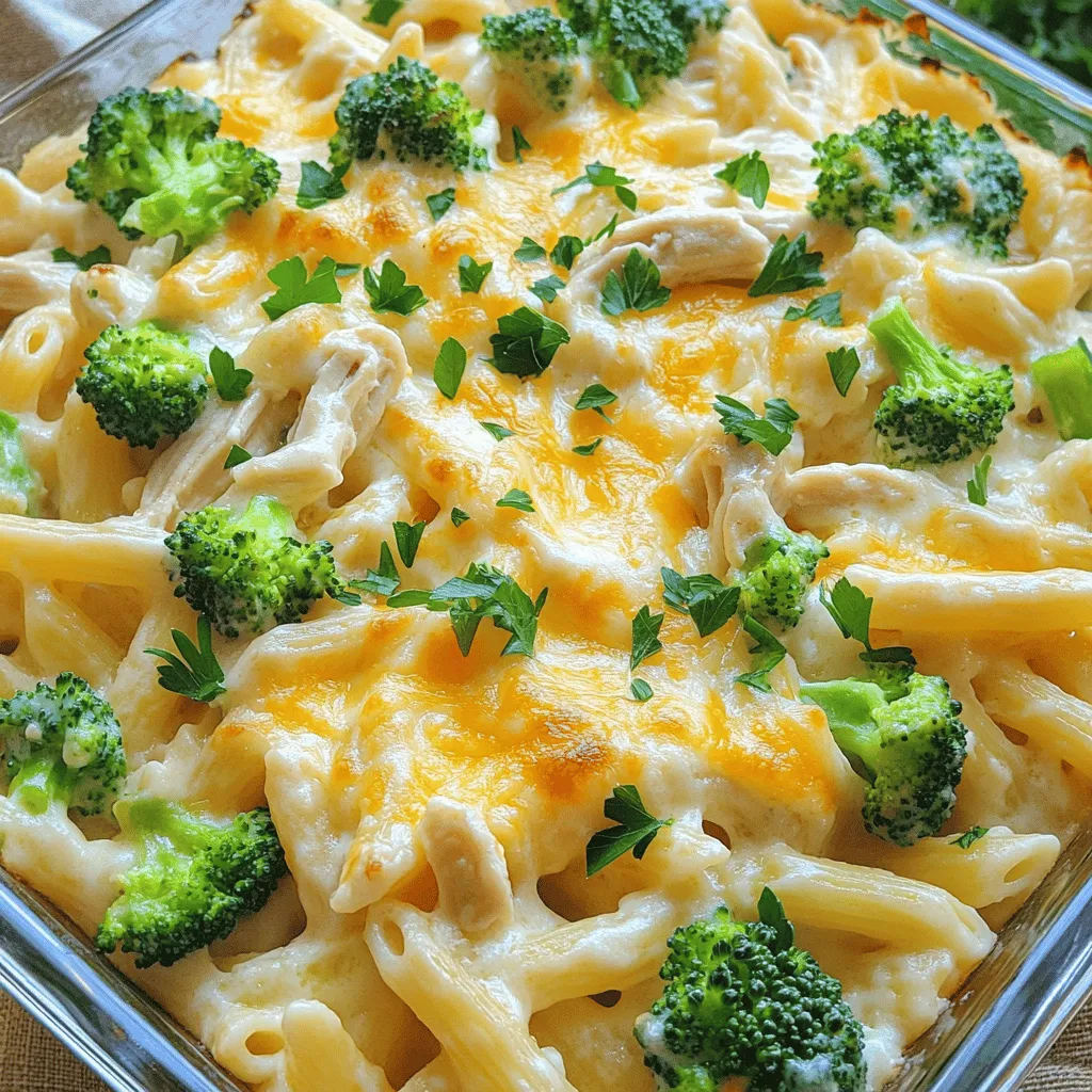 - 2 cups cooked pasta (penne or rotini) - 2 cups cooked chicken, shredded or diced - 2 cups broccoli florets, steamed - 1 cup heavy cream - 1 cup chicken broth - 1 cup grated Parmesan cheese - 1 cup shredded mozzarella cheese - 2 cloves garlic, minced - 1 teaspoon Italian seasoning - Salt and pepper to taste - Fresh parsley, chopped for garnish Let’s dive into the ingredients you need for a Chicken Alfredo Bake that will delight your family. First, the main ingredients bring the heart of the dish together. You’ll want to use 2 cups of cooked pasta, like penne or rotini. They hold the sauce well. Next, add 2 cups of cooked chicken, either shredded or diced. This adds protein and flavor. Don't forget 2 cups of steamed broccoli florets for a fresh touch. For the sauce, you’ll need 1 cup of heavy cream. It makes the dish rich and creamy. Combine this with 1 cup of chicken broth to balance the flavors. Then, add 1 cup of grated Parmesan cheese. This cheese gives a nice salty taste. Top it off with 1 cup of shredded mozzarella cheese for that melty goodness. To finish it off, use 2 cloves of minced garlic. This adds a warm aroma. You’ll also want 1 teaspoon of Italian seasoning for a punch of flavor. Add salt and pepper to taste, and don’t forget fresh parsley, chopped, for garnish. This adds a pop of color and freshness to your dish. For the full recipe, check out the detailed instructions. Enjoy cooking! - Preheat your oven to 350°F (175°C). - In a large bowl, mix the cooked pasta, chicken, and broccoli. Make sure to toss it well. - In a separate bowl, whisk together heavy cream, chicken broth, Parmesan cheese, garlic, Italian seasoning, salt, and pepper. This creamy sauce will bring everything together and add great flavor. - Pour the Alfredo sauce over the pasta mixture. Stir it well, so everything gets coated. - Next, transfer the mixture to a greased 9x13 inch baking dish. Spread it evenly across the dish. - Top the mixture with shredded mozzarella cheese. Cover the surface completely with cheese for that perfect melt. - Bake for 25-30 minutes, or until the cheese is bubbly and golden. The aroma will fill your kitchen and make your mouth water. This Chicken Alfredo Bake is a comforting dish that brings joy to the table. Check out the Full Recipe for all the details. - Ensure pasta is al dente before mixing. This keeps it firm and tasty. - For a richer flavor, use homemade chicken broth. It adds depth and warmth. - Let the dish cool before garnishing. This keeps the herbs fresh and bright. - Use a fresh herb garnish for color and flavor. Fresh parsley makes it pop. - Pair with a side salad or garlic bread. This balances the meal and adds crunch. - Consider adding a sprinkle of crushed red pepper for extra heat. It brings a fun kick. For the full recipe, check out the detailed steps to make this dish shine. {{image_2}} You can easily change a few ingredients. Want to switch up the meat? Use cooked turkey or ham instead of chicken. If you like more veggies, add spinach or bell peppers. These swaps can bring new life to your Chicken Alfredo Bake. Looking for a lighter sauce? Try using half-and-half instead of heavy cream. It still gives creaminess but cuts the fat. You can also play with different cheeses. Cheddar or gouda can add a unique twist to the flavor. Don't be afraid to experiment! For a healthier option, whole wheat pasta works great. It adds fiber and makes the dish more filling. If gluten is a concern, try gluten-free pasta. It cooks just as well and tastes amazing. Each option gives you a chance to make this dish your own. You can find the Full Recipe for more ideas! Store any leftovers in an airtight container in the fridge. This keeps the Chicken Alfredo Bake fresh. It tastes best when eaten within 3-4 days. The flavors meld together and create a delightful meal. Before freezing, allow the dish to cool completely. This step is crucial to avoid ice crystals. You can freeze the Chicken Alfredo Bake for up to 2 months. When you’re ready to eat, just reheat it before serving for the best taste. Reheat your Chicken Alfredo Bake in the oven for the best results. Cover the dish with foil to keep it moist. If you need a faster option, you can use a microwave. Just remember, the texture might change a little. You can make Chicken Alfredo Bake healthier by using whole grain pasta. Whole grain pasta adds fiber and nutrients. You might also reduce the amount of cheese used. This helps cut down on calories and fat while still keeping great flavor. It’s best to use cooked chicken for this recipe. Cooked chicken gives you better texture. Raw chicken can lead to food safety issues. Always ensure chicken is fully cooked before mixing it in. You can serve many side dishes with Chicken Alfredo Bake. Garlic bread is a classic choice. A fresh green salad adds a nice crunch. Steamed vegetables like broccoli or carrots work well too. Yes, Chicken Alfredo Bake is great for meal prep. It stores well in the fridge. You can portion it out for easy reheating throughout the week. Just make sure to store it in airtight containers for the best results. This Chicken Alfredo Bake is simple and tasty. You mix cooked pasta, chicken, and broccoli, then top with a creamy sauce and cheese. Remember to keep the pasta al dente for the best texture. Feel free to swap out ingredients like chicken or vegetables to make it your own. Store leftovers properly for future meals. A side salad or garlic bread makes a great addition. Enjoy this dish, and have fun experimenting with your flavors. Your dining experience can be both delicious and easy!