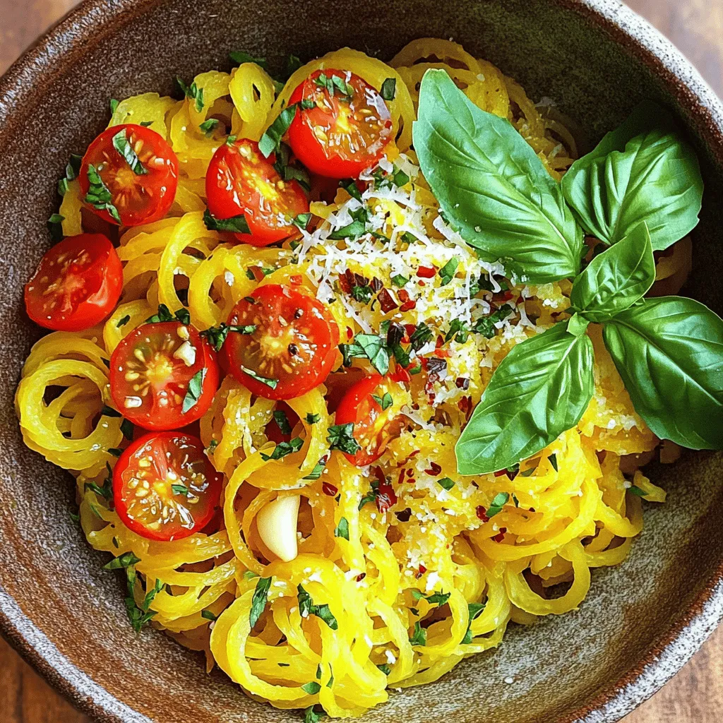 To make my Easy Yellow Squash Recipes, you will need a few simple items. Here’s what you’ll need for the Squash & Spaghetti Delight: - 2 medium yellow squash, spiralized - 1 cup cherry tomatoes, halved - 2 cloves garlic, minced - 1 tablespoon olive oil - 1 teaspoon dried oregano - 1 teaspoon chili flakes (optional) - Salt and pepper to taste - Fresh basil leaves for garnish - Grated Parmesan cheese (optional) These ingredients combine to create a bright, tasty dish. You can add or change some items to fit your taste. For example, you might want to add more herbs or use a different cheese. Yellow squash is low in calories but high in nutrients. It gives you vitamins A and C, which help your skin and eyes. The tomatoes add antioxidants that support heart health. Olive oil is a good fat and can help lower cholesterol. If you want to customize your dish, consider adding protein like grilled chicken or shrimp. This will boost the nutritional value and make your meal more filling. For the full recipe, check out the detailed instructions that follow! 1. Start by spiralizing the yellow squash to make noodles. This gives a fun shape. Set the noodles aside when done. 2. Heat a large skillet over medium heat. Add the olive oil. 3. When the oil is hot, add the minced garlic. Sauté for about 1 minute. You want the garlic to smell good but not brown. 4. Next, add the halved cherry tomatoes. Cook them for about 3-4 minutes. They should soften and release some juice. 5. Toss in the spiralized squash along with dried oregano, chili flakes, salt, and pepper. Stir it all together. 6. Continue to sauté for another 4-5 minutes. You want the squash to be tender but still have a bit of bite. 7. Remove the skillet from heat. If you like, sprinkle grated Parmesan cheese over the top. This adds a rich taste. 8. Finally, garnish with fresh basil leaves before serving. This makes your dish look great. - Use a sharp spiralizer. It helps create even noodles. - Choose firm squash. This makes the noodles hold their shape better. - Do not overcook the squash. Keep it slightly crunchy for best texture. - Cook garlic on medium heat to avoid burning. - Keep the skillet hot but not smoking. This helps with even cooking. - The total cooking time should be around 10 minutes after adding the squash. This ensures all flavors meld well. For the full recipe, check out the Squash & Spaghetti Delight. Enjoy your cooking! When I cook yellow squash, I love using three main methods: roasting, grilling, and sautéing. Each way brings out the squash’s unique taste. - Roasting: This method gives the squash a sweet and caramelized flavor. Cut the squash into chunks, toss with olive oil, salt, and your favorite herbs. Roast at 400°F for about 20–25 minutes. - Grilling: Grilling adds a nice smoky flavor. Slice the squash into thick rounds. Brush with olive oil and grill each side for about 3–4 minutes. - Sautéing: This technique is quick and easy. Slice the squash into thin rounds. Heat some olive oil in a skillet and add the squash. Cook for 5–7 minutes until tender but still firm. To keep your squash tender yet firm, avoid overcooking. Use a fork to check for doneness. It should be soft but not mushy. To enhance flavor, add herbs and spices. Fresh basil, oregano, and thyme work well. A pinch of chili flakes can add a nice kick. Spiralizing squash can be fun and easy. Use a spiralizer for even noodles. If you don't have one, a vegetable peeler can also work. Just peel long strips to mimic noodles. For meal prep, wash and cut your squash ahead of time. Store the pieces in an airtight container in the fridge. They stay fresh for up to three days. When reheating, use a skillet on medium heat. This helps keep the squash’s texture. Microwaving can make it soggy, so avoid that if you can. {{image_2}} You can mix other vegetables with yellow squash. Zucchini, bell peppers, or spinach work well. They add color and nutrients. For protein, consider chicken, shrimp, or beans. Chicken adds heartiness, while shrimp brings a light touch. If you want a vegan dish, use chickpeas or lentils instead. Both options boost protein and flavor. For gluten-free meals, ensure all sauces and seasonings are gluten-free. This way, everyone can enjoy the dish. Squash dishes are so versatile. You can serve them as a main or side. Try pairing the squash with grilled chicken or fish. This adds protein and makes a balanced meal. You can also toss squash into a fresh salad for crunch. A light vinaigrette goes well with the flavors. For sides, consider a simple rice dish or crusty bread. These pair nicely with the squash. For drinks, a crisp white wine or sparkling water enhances your meal. For a full recipe, check out Squash & Spaghetti Delight . To keep your yellow squash dishes fresh, store them properly. After cooking, let the dish cool to room temperature. Then, place it in an airtight container. This helps keep out moisture and air, which can spoil your food. Use glass or plastic containers with tight lids. Glass containers are great for reheating in the oven or microwave. If you are using plastic, make sure it is safe for heat. For refrigerated squash dishes, they last about 3 to 5 days. If you want to store them longer, freezing is a good option. Frozen squash dishes can last for about 2 to 3 months. Just make sure to label your containers with the date. If you’re storing raw yellow squash, keep it in a cool, dry place. It can last up to a week in your kitchen. In the fridge, it stays fresh for about 1 to 2 weeks. Avoid washing the squash until you are ready to use it. Moisture can lead to spoilage. For the full recipe, check out Squash & Spaghetti Delight. This dish can be easily stored and enjoyed later! What is the best way to cut yellow squash? To cut yellow squash, use a sharp knife. Start by trimming both ends. Slice it into rounds or half-moons, depending on your dish. For spiralized noodles, use a spiralizer for long, thin strands. This makes the squash cook quickly and look fun on the plate. Can I substitute yellow squash with zucchini? Yes, you can use zucchini instead of yellow squash. Both have a similar taste and texture. They cook at the same rate, making them easy swaps in recipes. You can even mix them for a colorful dish! How long should I cook yellow squash? Cook yellow squash for about 4 to 5 minutes if sautéing. You want it tender but still slightly firm. If roasting, cook for 15 to 20 minutes at 400°F until golden. The goal is to keep its bright color and fresh taste. What are some health benefits of yellow squash? Yellow squash is low in calories and high in vitamins. It's rich in vitamin C and A, which support your immune system. It also has fiber, which helps digestion. Eating yellow squash can add nutrients to your meals without extra calories. Are there any tips for enhancing the nutritional value of my dish? To boost nutrition, add more veggies like bell peppers or spinach. Use whole grains like quinoa for a healthy base. You can also add lean proteins, such as chicken or beans. These changes make your meals filling and tasty. For a delightful recipe, check out the [Full Recipe] for Squash & Spaghetti Delight! We explored easy yellow squash recipes with clear steps, tips, and variations. You learned about key ingredients, how to cook squash perfectly, and smart storage. Each detail helps you enjoy tasty and healthy meals. Remember, yellow squash is versatile and easy to customize. Use these tips to make dinner fun and exciting. Enjoy your cooking and share your creations with others!