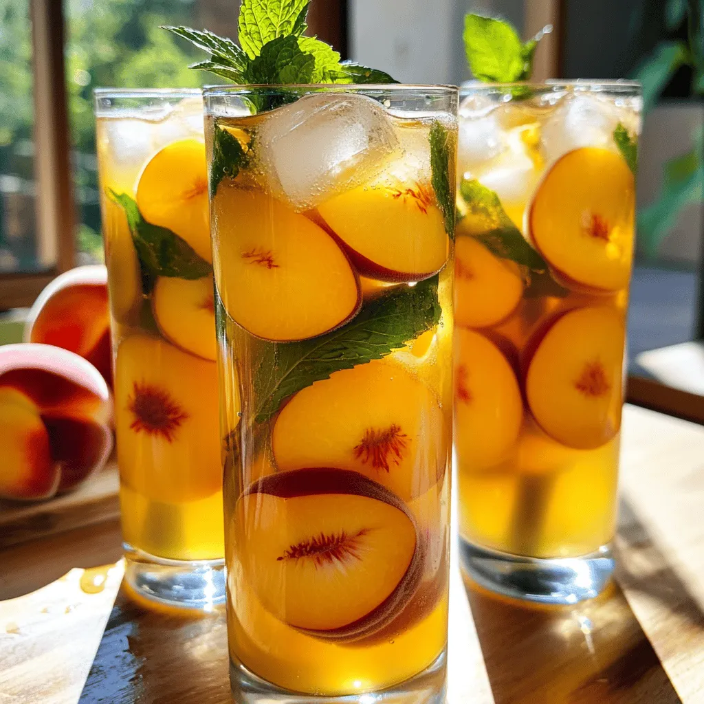 - 4 ripe peaches, pitted and sliced - 4 cups water - 4 tea bags (black or green tea) - 1/4 cup honey (adjust to taste) - 1 teaspoon vanilla extract - Ice cubes - Fresh mint leaves (for garnish) - Use agave syrup instead of honey - Experiment with other sweeteners - Medium saucepan - Blender - Tall glasses for serving When making this Easy Peach Tea, fresh peaches are key for great taste. You can swap honey with agave syrup for a different flavor. A blender helps blend the peaches smoothly. You’ll also need a medium saucepan to boil the water. Tall glasses will make serving easy and fun. Using ripe peaches enhances the drink's sweetness. If you want to experiment, try other sweeteners to find your favorite. Enjoy the process of making this delightful tea! For the complete steps, check the Full Recipe. 1. First, boil 4 cups of water in a medium saucepan. 2. Once the water is boiling, take it off the heat. 3. Add 4 tea bags, either black or green. Steep the tea for about 5 minutes. 4. While the tea steeps, take 2 of the sliced peaches and put them in a blender. 5. Add 1/4 cup of honey and 1 teaspoon of vanilla extract to the blender. 6. Blend until the mixture is smooth and creamy. 1. After steeping, remove the tea bags from the saucepan. 2. Pour the pureed peach mixture into the brewed tea and stir well. 3. Next, add the remaining sliced peaches to the tea. This gives a nice texture and flavor. 1. Let the tea cool to room temperature. 2. Once cool, place the tea in the refrigerator for at least 1 hour to chill. 3. Serve the tea over ice cubes in tall glasses. 4. Garnish with fresh mint leaves for a pop of color and flavor. For the full recipe, check out the Peachy Summer Bliss Tea recipe above. Enjoy this refreshing drink! To make your peach tea burst with flavor, steep the tea bags longer. I recommend steeping them for about 5 to 10 minutes. The longer steeping time draws out more flavor from the tea leaves. This makes your drink richer and more intense. For sweetness, start with 1/4 cup of honey. You can adjust this based on your taste. If you prefer it sweeter, add a bit more honey. For less sweetness, use less honey. You can also try agave syrup or other sweeteners if you want a different taste. Serving peach tea can be fun! Use tall glasses to show off the beautiful colors. You can layer the tea with ice cubes for a stunning look. Add fresh mint leaves on top for a pop of color and flavor. Another idea is to add a slice of peach on the rim of your glass. This makes it feel special. You can also serve it with a fun straw or a colorful paper umbrella for a festive touch. Peaches are not just tasty; they are good for you too! They contain antioxidants that help protect your body. These antioxidants fight free radicals. They can help keep you healthy and may reduce the risk of some diseases. Drinking peach tea also helps with hydration. Staying hydrated is key for your body to work well. A refreshing glass of peach tea is a great way to stay cool and hydrated. Plus, it’s a tasty alternative to sugary drinks! {{image_2}} You can make your peach tea even better by adding more fruits. Try mixing in berries like strawberries or blueberries. Citrus fruits also work well. Think about adding lemon or orange slices for a zesty twist. You can also infuse your tea with fresh herbs. Basil adds a sweet touch, while rosemary gives a bold flavor. Just a few leaves can change the entire taste. When making peach tea, you can choose your tea base. Black tea has a strong taste and works well with peaches. Green tea offers a lighter flavor that pairs nicely with fruit. If you want a caffeine-free option, herbal teas are fantastic. They come in many flavors and let the peach shine through. Sweetness can change how your peach tea tastes. You can use different types of sugar. Brown sugar adds a rich flavor, while white sugar is classic. If you want a unique twist, add spices like cinnamon. A pinch can warm up your drink and make it special. For even more fun, check out the Full Recipe and explore all the ways to make this drink your own! To keep your peach tea fresh, store it in the fridge. Make sure to use a clean, airtight container. Glass jars or plastic bottles work well. This keeps the tea cool and tasty. Homemade peach tea lasts about 5 to 7 days in the fridge. If it smells sour or looks cloudy, it's best to throw it away. Always taste it first to be sure! If you want to enjoy your peach tea warm, heat it gently on the stove. Avoid boiling it again, as that can change the flavor. For iced tea, simply pour it over ice and enjoy it cold. You can add more peach slices or mint for a refreshing twist. For the full recipe, check out the earlier section! You can make peach tea sweeter by adding more honey. Start with 1/4 cup and taste it. If you want it sweeter, add more, a tablespoon at a time. You can also try agave syrup or sugar. Both work well too. Remember to mix well, so it blends nicely. Yes, you can use canned peaches. However, they may change the flavor a bit. Canned peaches are often sweeter and softer. This can make your tea taste different. Fresh peaches give a nice bite and a true peach flavor. If you like it sweeter, canned peaches are a good choice. Peach tea can have caffeine. It depends on the tea you choose. If you use black tea, it has caffeine. Green tea also has some caffeine, but less than black tea. If you want a caffeine-free option, try herbal tea. Herbal teas are made from fruits and herbs and have no caffeine. Yes, you can make a larger batch of peach tea. Just double or triple the recipe. Use 8 or 12 peaches instead of 4. Adjust the water and tea bags too. For every 4 cups of water, use 4 tea bags. This way, you keep the flavor nice and strong. You can use black or green tea bags for this recipe. Black tea gives a bold flavor. It pairs well with peaches. Green tea has a lighter taste. It can make a refreshing drink too. Try both to see what you like best. Each offers a unique twist to your peach tea delight. This peach tea recipe is simple and fun to make. You need ripe peaches, tea, and a few other ingredients. Remember, you can adjust sweetness and try different fruits or teas. Follow the tips for the best flavor and presentation. Store it well to keep it fresh. Enjoy this refreshing drink at any time! I hope you find joy in making and sharing your peach tea.