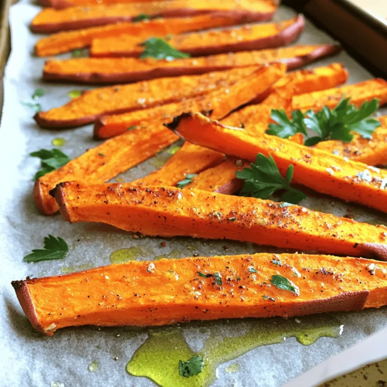 To make crispy baked sweet potato fries, you need: - 2 large sweet potatoes, peeled and cut into thin strips - 2 tablespoons olive oil - 1 tablespoon cornstarch - 1 teaspoon paprika - 1 teaspoon garlic powder - 1 teaspoon onion powder - 1/2 teaspoon salt - 1/4 teaspoon black pepper - Optional: Fresh herbs (like parsley) for garnish When measuring, use dry measuring cups for solid ingredients. For liquids, use a liquid measuring cup. A kitchen scale can help if you want exact weights. For the sweet potatoes, cut them evenly. This helps them cook at the same rate. Thin fries get crispier than thick ones. Using fresh sweet potatoes makes a big difference. Look for firm, smooth ones with no bruises. Good olive oil enhances flavor and helps with crispiness. Fresh spices like paprika and garlic powder can bring out the best taste. Quality ingredients lead to better results. They make your fries more enjoyable! For the full recipe, follow the steps above. To make crispy baked sweet potato fries, start by gathering your ingredients. You need two large sweet potatoes, olive oil, cornstarch, and some spices. First, peel the sweet potatoes and cut them into thin strips. Thin strips help them cook faster and get crispy. In a large bowl, toss the fries with two tablespoons of olive oil. Make sure each fry gets a nice coat of oil. Now, add one tablespoon of cornstarch and the spices: one teaspoon each of paprika, garlic powder, and onion powder. Also, add half a teaspoon of salt and a quarter teaspoon of black pepper. Mix well to coat all the fries evenly. Preheat your oven to 425°F (220°C). This high heat will help the fries turn crispy. Line a baking sheet with parchment paper to prevent sticking. Spread the fries on the sheet in a single layer. Avoid crowding them together, as this can make them soggy. Bake them for 25-30 minutes. Flip the fries halfway through to ensure even cooking. You want them golden brown and crispy all over. After baking, let them cool for a few minutes. This helps them firm up even more. These sweet potato fries are tasty on their own, but you can spice them up! Serve them with your favorite dipping sauce, like ketchup or ranch. You can also add fresh herbs like parsley for a pop of color and flavor. Feel free to try out different dips to find your favorite. For a fun twist, serve them as a side with burgers or sandwiches. For the complete recipe, check out the [Full Recipe]. To get crispy baked sweet potato fries, follow these steps: - Cut the sweet potatoes into thin strips. Thin fries cook better. - Toss the fries in olive oil. This helps them crisp up nicely. - Use cornstarch in your mix. It helps absorb moisture and adds crunch. - Spread the fries out on the baking sheet. This keeps them from steaming. - Flip them halfway through baking. This ensures even cooking and browning. Many people make mistakes when baking sweet potato fries. Here are some to watch for: - Don't overcrowd the baking sheet. This traps steam and makes them soggy. - Avoid cutting fries too thick. Thick fries take longer to cook and won't crisp. - Skipping the cornstarch is a big no. It is key for that crunch. - Not preheating the oven can lead to soft fries. Always preheat! Dipping sauces can make your fries even better. Here are some great options: - Classic ketchup is always a hit. - Try a creamy ranch for a cool flavor. - Sweet chili sauce adds a fun kick. - Homemade garlic aioli is rich and tasty. - Enjoy them with a spicy sriracha mayo for heat. Explore the full recipe to enjoy crispy baked sweet potato fries in your kitchen! {{image_2}} You can change the flavor of your sweet potato fries easily. Use different spices to create fun tastes. For a spicy kick, try cayenne pepper. If you love herbs, mix in dried oregano or thyme. For a sweet twist, cinnamon adds a nice touch. You can also use taco seasoning for a zesty flavor. Each option gives your fries a unique taste. Sweet potatoes can be cut into various shapes. Classic fries are great, but have you tried wedges? They are thicker and hold more flavor. You can also make curly fries using a spiral cutter. This fun shape adds crunch and makes them special. Each style brings its own texture and taste to your dish. Mixing in other veggies makes your fries even better. Carrots and zucchini work well with sweet potatoes. Cut them into similar sizes for even cooking. You can even add bell peppers for a colorful plate. This mix not only adds flavor but also boosts nutrition. Your snack becomes more exciting and healthy with each added veggie. For the full recipe, check out the steps above. To store leftover fries, let them cool completely. Then, place them in an airtight container. Use parchment paper to separate layers if needed. This helps keep them crispy. Store the container in the fridge for best results. For the best taste, reheat fries in the oven. Preheat your oven to 400°F (200°C). Spread the fries on a baking sheet. Bake for about 10-15 minutes or until hot and crispy. You can also use an air fryer for quick reheating. Set it to 350°F (175°C) and cook for about 5-7 minutes. These crispy baked sweet potato fries can last in the fridge for up to 3 days. If you want to keep them longer, consider freezing them. Frozen fries can last for about 2 months. Just make sure to store them in a freezer-safe bag. Yes, you can use regular potatoes. However, sweet potatoes have a sweeter taste. They also have more nutrients, like vitamin A. If you choose regular potatoes, try Yukon Gold or Russets. They will give you a nice flavor, but the texture may differ. The key is to cut them into similar sizes to ensure they cook evenly. You can tell the fries are done by their color and texture. Look for a golden brown color. They should also feel crispy to the touch. If you flip them halfway through baking, this helps them cook evenly. A good way to test is to poke one with a fork. If it’s soft inside and crisp outside, they are ready to eat! You can prep the sweet potato fries ahead. Cut them and store them in the fridge for up to 24 hours. Just remember to toss them with olive oil and spices right before baking. This keeps them fresh and tasty. You can also bake them in advance, let them cool, and then store in an airtight container. Just reheat them in the oven to regain that crispy texture. For the full recipe, check out the earlier section! This article covered the key steps to make perfect sweet potato fries. We explored vital ingredients and measurement tips. I shared tricks for getting crispy fries and common mistakes to avoid. You learned how to serve them with tasty dips. In the end, quality ingredients and proper techniques can make a big difference. Enjoy your fries with flavor and variety!