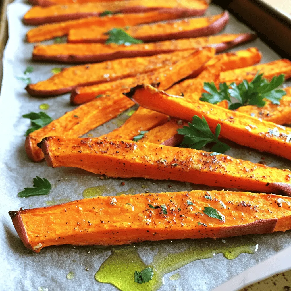 To make crispy baked sweet potato fries, you need: - 2 large sweet potatoes, peeled and cut into thin strips - 2 tablespoons olive oil - 1 tablespoon cornstarch - 1 teaspoon paprika - 1 teaspoon garlic powder - 1 teaspoon onion powder - 1/2 teaspoon salt - 1/4 teaspoon black pepper - Optional: Fresh herbs (like parsley) for garnish When measuring, use dry measuring cups for solid ingredients. For liquids, use a liquid measuring cup. A kitchen scale can help if you want exact weights. For the sweet potatoes, cut them evenly. This helps them cook at the same rate. Thin fries get crispier than thick ones. Using fresh sweet potatoes makes a big difference. Look for firm, smooth ones with no bruises. Good olive oil enhances flavor and helps with crispiness. Fresh spices like paprika and garlic powder can bring out the best taste. Quality ingredients lead to better results. They make your fries more enjoyable! For the full recipe, follow the steps above. To make crispy baked sweet potato fries, start by gathering your ingredients. You need two large sweet potatoes, olive oil, cornstarch, and some spices. First, peel the sweet potatoes and cut them into thin strips. Thin strips help them cook faster and get crispy. In a large bowl, toss the fries with two tablespoons of olive oil. Make sure each fry gets a nice coat of oil. Now, add one tablespoon of cornstarch and the spices: one teaspoon each of paprika, garlic powder, and onion powder. Also, add half a teaspoon of salt and a quarter teaspoon of black pepper. Mix well to coat all the fries evenly. Preheat your oven to 425°F (220°C). This high heat will help the fries turn crispy. Line a baking sheet with parchment paper to prevent sticking. Spread the fries on the sheet in a single layer. Avoid crowding them together, as this can make them soggy. Bake them for 25-30 minutes. Flip the fries halfway through to ensure even cooking. You want them golden brown and crispy all over. After baking, let them cool for a few minutes. This helps them firm up even more. These sweet potato fries are tasty on their own, but you can spice them up! Serve them with your favorite dipping sauce, like ketchup or ranch. You can also add fresh herbs like parsley for a pop of color and flavor. Feel free to try out different dips to find your favorite. For a fun twist, serve them as a side with burgers or sandwiches. For the complete recipe, check out the [Full Recipe]. To get crispy baked sweet potato fries, follow these steps: - Cut the sweet potatoes into thin strips. Thin fries cook better. - Toss the fries in olive oil. This helps them crisp up nicely. - Use cornstarch in your mix. It helps absorb moisture and adds crunch. - Spread the fries out on the baking sheet. This keeps them from steaming. - Flip them halfway through baking. This ensures even cooking and browning. Many people make mistakes when baking sweet potato fries. Here are some to watch for: - Don't overcrowd the baking sheet. This traps steam and makes them soggy. - Avoid cutting fries too thick. Thick fries take longer to cook and won't crisp. - Skipping the cornstarch is a big no. It is key for that crunch. - Not preheating the oven can lead to soft fries. Always preheat! Dipping sauces can make your fries even better. Here are some great options: - Classic ketchup is always a hit. - Try a creamy ranch for a cool flavor. - Sweet chili sauce adds a fun kick. - Homemade garlic aioli is rich and tasty. - Enjoy them with a spicy sriracha mayo for heat. Explore the full recipe to enjoy crispy baked sweet potato fries in your kitchen! {{image_2}} You can change the flavor of your sweet potato fries easily. Use different spices to create fun tastes. For a spicy kick, try cayenne pepper. If you love herbs, mix in dried oregano or thyme. For a sweet twist, cinnamon adds a nice touch. You can also use taco seasoning for a zesty flavor. Each option gives your fries a unique taste. Sweet potatoes can be cut into various shapes. Classic fries are great, but have you tried wedges? They are thicker and hold more flavor. You can also make curly fries using a spiral cutter. This fun shape adds crunch and makes them special. Each style brings its own texture and taste to your dish. Mixing in other veggies makes your fries even better. Carrots and zucchini work well with sweet potatoes. Cut them into similar sizes for even cooking. You can even add bell peppers for a colorful plate. This mix not only adds flavor but also boosts nutrition. Your snack becomes more exciting and healthy with each added veggie. For the full recipe, check out the steps above. To store leftover fries, let them cool completely. Then, place them in an airtight container. Use parchment paper to separate layers if needed. This helps keep them crispy. Store the container in the fridge for best results. For the best taste, reheat fries in the oven. Preheat your oven to 400°F (200°C). Spread the fries on a baking sheet. Bake for about 10-15 minutes or until hot and crispy. You can also use an air fryer for quick reheating. Set it to 350°F (175°C) and cook for about 5-7 minutes. These crispy baked sweet potato fries can last in the fridge for up to 3 days. If you want to keep them longer, consider freezing them. Frozen fries can last for about 2 months. Just make sure to store them in a freezer-safe bag. Yes, you can use regular potatoes. However, sweet potatoes have a sweeter taste. They also have more nutrients, like vitamin A. If you choose regular potatoes, try Yukon Gold or Russets. They will give you a nice flavor, but the texture may differ. The key is to cut them into similar sizes to ensure they cook evenly. You can tell the fries are done by their color and texture. Look for a golden brown color. They should also feel crispy to the touch. If you flip them halfway through baking, this helps them cook evenly. A good way to test is to poke one with a fork. If it’s soft inside and crisp outside, they are ready to eat! You can prep the sweet potato fries ahead. Cut them and store them in the fridge for up to 24 hours. Just remember to toss them with olive oil and spices right before baking. This keeps them fresh and tasty. You can also bake them in advance, let them cool, and then store in an airtight container. Just reheat them in the oven to regain that crispy texture. For the full recipe, check out the earlier section! This article covered the key steps to make perfect sweet potato fries. We explored vital ingredients and measurement tips. I shared tricks for getting crispy fries and common mistakes to avoid. You learned how to serve them with tasty dips. In the end, quality ingredients and proper techniques can make a big difference. Enjoy your fries with flavor and variety!