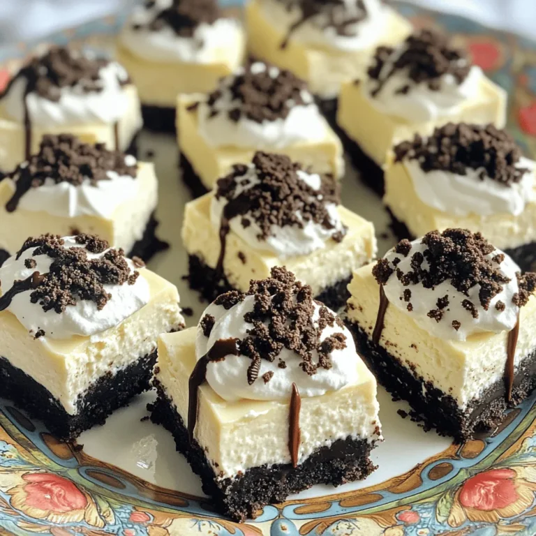 To make No Bake Oreo Cheesecake Bars, you need some key ingredients. These items create a creamy and rich dessert that everyone loves. - 24 Oreo cookies, crushed (plus extra for topping) - 1/4 cup unsalted butter, melted - 2 cups cream cheese, softened - 1 cup powdered sugar - 1 teaspoon vanilla extract - 2 cups whipped cream (or cool whip) - 1/2 cup chocolate sauce (for drizzling) Optional ingredients for customization: - Add flavored extracts like mint or almond for a twist. - Mix in fruit like raspberries or strawberries for a fresh taste. - Use gluten-free Oreo cookies if needed. These ingredients are easy to find and fun to work with. You can create a tasty treat that everyone will enjoy. For the full recipe, check out the instructions in the next section. 1. Start with the crust. In a bowl, combine 24 crushed Oreo cookies and 1/4 cup melted butter. Mix until it looks like wet sand. 2. Press the crust mixture firmly into a 9x9-inch baking dish. Use a measuring cup to smooth it out. This will help make a solid base. 3. Now, let’s make the cream cheese filling. In another bowl, beat 2 cups of softened cream cheese until it is nice and smooth. 4. Add 1 cup of powdered sugar and 1 teaspoon of vanilla extract. Mix until fluffy and creamy. Make sure it is well combined. 5. Next, gently fold in 2 cups of whipped cream. Keep folding until you see no streaks. This step adds air and lightness to the filling. 6. Spread the cream cheese mixture over the crust you made. Use a spatula to smooth the top evenly. 7. For a fun touch, crush a few more Oreo cookies. Sprinkle them on top of the cheesecake layer. 8. Drizzle 1/2 cup of chocolate sauce over the top for a sweet finishing touch. - Chill the cheesecake bars in the fridge for at least 4 hours. This helps them set well. - When it’s time to serve, cut the bars into squares. Use a sharp knife for clean cuts. - Place the bars on a decorative plate. You can add extra whipped cream and chocolate sauce on top for a pretty look. This method ensures you get delicious, creamy bars that everyone will love! For more details, check the Full Recipe. - Overmixing the cream cheese filling: Mixing too much makes it dense and heavy. Beat just until smooth and fluffy. - Not pressing the crust firmly enough: A loose crust will crumble when you cut the bars. Press down firmly to get a solid base. - Ensure cream cheese is at room temperature: Cold cream cheese makes it hard to blend. Let it sit out for about 30 minutes before you start. - Use quality whipped cream for better texture: A good whipped cream makes the filling light. Look for ones with simple ingredients for the best taste. - Ideas for garnishing each bar: Top with extra Oreo crumbs, a dollop of whipped cream, or fresh fruit for a pop of color. - Pairing options: Enjoy these bars with a cup of coffee or a glass of dessert wine. The flavors blend well and enhance each bite. For the complete recipe, check out the [Full Recipe]. {{image_2}} You can make No Bake Oreo Cheesecake Bars even more fun by playing with flavors. Adding different extracts can change the taste. For example, mint extract gives a cool twist. Almond extract brings a nice nutty flavor. Simply replace the vanilla extract in the recipe with the one you choose. You can also add fruit to the mix. Chopped strawberries or raspberries add a fresh taste. Fold them into the cream cheese filling for bursts of flavor. You could even make a berry sauce to drizzle on top! This adds color and a fruity touch to each bite. If you need to make some swaps, you have options. You can use gluten-free Oreo cookies for a gluten-free treat. They taste just as good, and no one will know the difference. Just crush them up like regular Oreos. For cream cheese, there are dairy-free options. You can use vegan cream cheese made from nuts or soy. This way, you can serve the bars to those with dairy allergies. They will still be creamy and delicious. You can find the full recipe above to try these variations and substitutions! To keep your No Bake Oreo Cheesecake Bars fresh, store them in the fridge. Place them in an airtight container. This helps prevent them from drying out. If you don’t have a container, wrap them tightly with plastic wrap. Make sure to cover all sides to keep them safe from odors. If you want to save some for later, you can freeze them. First, cut the bars into squares. Then, wrap each square in plastic wrap. Place them in a freezer-safe bag or container. This way, they won’t stick together. When you want to enjoy them, just thaw them in the fridge overnight. For the best taste and texture, consume your bars within a week. After that, they may start to lose flavor. If you see any signs of mold or an off smell, it’s best to toss them. Fresh bars should look creamy and have a nice chocolate aroma. Enjoy them while they are at their best! No Bake Oreo Cheesecake Bars can last about 5 days in the fridge. Make sure to store them in an airtight container. This keeps them fresh and tasty. After a few days, the texture may change, but the flavor stays good. You can enjoy them cold for a nice treat. Yes, you can make these bars ahead of time. I often prepare them the night before a party. Chilling them overnight helps the flavors blend well. Just make sure to cover them tightly with plastic wrap or foil. This keeps them fresh until you are ready to serve. If you don’t have whipped cream, try using cool whip. You can also whip up some heavy cream with sugar. This gives a similar light texture. For a dairy-free option, use coconut cream. It adds a nice flavor and still keeps it creamy. While these bars are meant to be no-bake, you can bake them if you prefer. Just bake the crust at 350°F for 10 minutes before adding the filling. Let it cool completely before spreading the cream cheese mix. Baking changes the texture, so it will taste a bit different. Yes, you can use reduced-fat cream cheese and whipped cream. The taste may change slightly, but the bars will still be delicious. Many people enjoy them just as much. Just remember, using full-fat ingredients often gives a richer flavor and creamier texture. No Bake Oreo Cheesecake Bars are simple and fun to make. We covered key ingredients, preparation steps, and tips to avoid mistakes. Remember to chill the bars for the best texture. You can even customize flavors or substitute ingredients based on your needs. With proper storage, these treats last longer and taste great. Enjoy your creation; it is sure to impress!