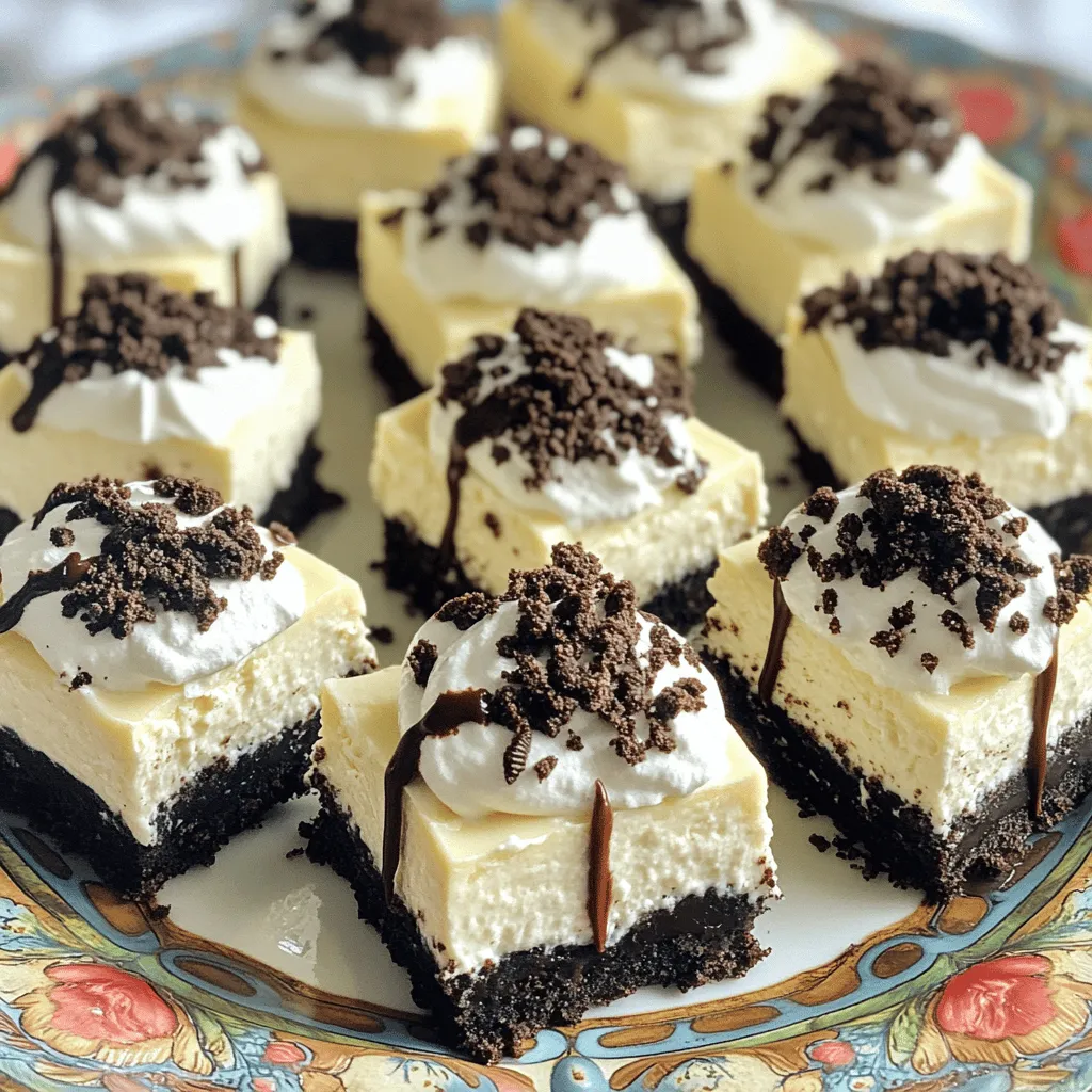 To make No Bake Oreo Cheesecake Bars, you need some key ingredients. These items create a creamy and rich dessert that everyone loves. - 24 Oreo cookies, crushed (plus extra for topping) - 1/4 cup unsalted butter, melted - 2 cups cream cheese, softened - 1 cup powdered sugar - 1 teaspoon vanilla extract - 2 cups whipped cream (or cool whip) - 1/2 cup chocolate sauce (for drizzling) Optional ingredients for customization: - Add flavored extracts like mint or almond for a twist. - Mix in fruit like raspberries or strawberries for a fresh taste. - Use gluten-free Oreo cookies if needed. These ingredients are easy to find and fun to work with. You can create a tasty treat that everyone will enjoy. For the full recipe, check out the instructions in the next section. 1. Start with the crust. In a bowl, combine 24 crushed Oreo cookies and 1/4 cup melted butter. Mix until it looks like wet sand. 2. Press the crust mixture firmly into a 9x9-inch baking dish. Use a measuring cup to smooth it out. This will help make a solid base. 3. Now, let’s make the cream cheese filling. In another bowl, beat 2 cups of softened cream cheese until it is nice and smooth. 4. Add 1 cup of powdered sugar and 1 teaspoon of vanilla extract. Mix until fluffy and creamy. Make sure it is well combined. 5. Next, gently fold in 2 cups of whipped cream. Keep folding until you see no streaks. This step adds air and lightness to the filling. 6. Spread the cream cheese mixture over the crust you made. Use a spatula to smooth the top evenly. 7. For a fun touch, crush a few more Oreo cookies. Sprinkle them on top of the cheesecake layer. 8. Drizzle 1/2 cup of chocolate sauce over the top for a sweet finishing touch. - Chill the cheesecake bars in the fridge for at least 4 hours. This helps them set well. - When it’s time to serve, cut the bars into squares. Use a sharp knife for clean cuts. - Place the bars on a decorative plate. You can add extra whipped cream and chocolate sauce on top for a pretty look. This method ensures you get delicious, creamy bars that everyone will love! For more details, check the Full Recipe. - Overmixing the cream cheese filling: Mixing too much makes it dense and heavy. Beat just until smooth and fluffy. - Not pressing the crust firmly enough: A loose crust will crumble when you cut the bars. Press down firmly to get a solid base. - Ensure cream cheese is at room temperature: Cold cream cheese makes it hard to blend. Let it sit out for about 30 minutes before you start. - Use quality whipped cream for better texture: A good whipped cream makes the filling light. Look for ones with simple ingredients for the best taste. - Ideas for garnishing each bar: Top with extra Oreo crumbs, a dollop of whipped cream, or fresh fruit for a pop of color. - Pairing options: Enjoy these bars with a cup of coffee or a glass of dessert wine. The flavors blend well and enhance each bite. For the complete recipe, check out the [Full Recipe]. {{image_2}} You can make No Bake Oreo Cheesecake Bars even more fun by playing with flavors. Adding different extracts can change the taste. For example, mint extract gives a cool twist. Almond extract brings a nice nutty flavor. Simply replace the vanilla extract in the recipe with the one you choose. You can also add fruit to the mix. Chopped strawberries or raspberries add a fresh taste. Fold them into the cream cheese filling for bursts of flavor. You could even make a berry sauce to drizzle on top! This adds color and a fruity touch to each bite. If you need to make some swaps, you have options. You can use gluten-free Oreo cookies for a gluten-free treat. They taste just as good, and no one will know the difference. Just crush them up like regular Oreos. For cream cheese, there are dairy-free options. You can use vegan cream cheese made from nuts or soy. This way, you can serve the bars to those with dairy allergies. They will still be creamy and delicious. You can find the full recipe above to try these variations and substitutions! To keep your No Bake Oreo Cheesecake Bars fresh, store them in the fridge. Place them in an airtight container. This helps prevent them from drying out. If you don’t have a container, wrap them tightly with plastic wrap. Make sure to cover all sides to keep them safe from odors. If you want to save some for later, you can freeze them. First, cut the bars into squares. Then, wrap each square in plastic wrap. Place them in a freezer-safe bag or container. This way, they won’t stick together. When you want to enjoy them, just thaw them in the fridge overnight. For the best taste and texture, consume your bars within a week. After that, they may start to lose flavor. If you see any signs of mold or an off smell, it’s best to toss them. Fresh bars should look creamy and have a nice chocolate aroma. Enjoy them while they are at their best! No Bake Oreo Cheesecake Bars can last about 5 days in the fridge. Make sure to store them in an airtight container. This keeps them fresh and tasty. After a few days, the texture may change, but the flavor stays good. You can enjoy them cold for a nice treat. Yes, you can make these bars ahead of time. I often prepare them the night before a party. Chilling them overnight helps the flavors blend well. Just make sure to cover them tightly with plastic wrap or foil. This keeps them fresh until you are ready to serve. If you don’t have whipped cream, try using cool whip. You can also whip up some heavy cream with sugar. This gives a similar light texture. For a dairy-free option, use coconut cream. It adds a nice flavor and still keeps it creamy. While these bars are meant to be no-bake, you can bake them if you prefer. Just bake the crust at 350°F for 10 minutes before adding the filling. Let it cool completely before spreading the cream cheese mix. Baking changes the texture, so it will taste a bit different. Yes, you can use reduced-fat cream cheese and whipped cream. The taste may change slightly, but the bars will still be delicious. Many people enjoy them just as much. Just remember, using full-fat ingredients often gives a richer flavor and creamier texture. No Bake Oreo Cheesecake Bars are simple and fun to make. We covered key ingredients, preparation steps, and tips to avoid mistakes. Remember to chill the bars for the best texture. You can even customize flavors or substitute ingredients based on your needs. With proper storage, these treats last longer and taste great. Enjoy your creation; it is sure to impress!