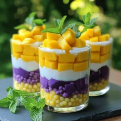 - 1 cup small tapioca pearls (sago) - 1 ripe mango, peeled and diced - 1 cup coconut milk - 1/2 cup sugar (adjust to taste) - 1 medium purple sweet potato, peeled and cubed - 1/2 teaspoon vanilla extract - 1/4 teaspoon salt - Fresh mint leaves for garnish (optional) - Cooking pot - Steamer or separate pot for sweet potato - Small saucepan - Serving bowls or cups Mango Sago with Purple Sweet Potato is a special treat. Each bite brings a burst of flavor. You will love the mix of creamy coconut and sweet, ripe mango. The soft sago pearls add fun texture. The bright purple sweet potato makes it unique and colorful. When preparing the ingredients, make sure to get fresh ones. A ripe mango will make a big difference in taste. The sweet potato should feel firm and smooth. This ensures a great flavor in your dessert. For the cooking equipment, a good pot is key for boiling the pearls. A steamer will help cook the sweet potato evenly. Using a small pan for the coconut sauce keeps it from burning. Finally, choose pretty bowls to serve this treat. It will look amazing on your table. For the Full Recipe, check out the detailed steps in the next section. - Bring a pot of water to a boil. - Add the sago pearls and cook for 10-15 minutes. - Stir occasionally to stop sticking. - Once translucent, drain and rinse the sago under cold water. - Steam or boil cubed purple sweet potato for 15-20 minutes. - Check with a fork; it should be soft. - Drain and mash until smooth. - Let it cool for a few minutes. - In a small saucepan, mix coconut milk, sugar, vanilla extract, and salt. - Heat over medium heat until sugar dissolves. - Be careful not to let it boil. - In serving bowls, start with a layer of mashed sweet potato. - Add a scoop of cooked sago pearls on top. - Pour the warm coconut sauce over both layers. - Top with diced mango for a fresh finish. - You can add more coconut sauce if you like. - Chill in the fridge for 30 minutes or serve warm. For the full recipe, check out the details we’ve shared! - Ensure not to overcook sago pearls to retain the right texture. They should be chewy, not mushy. - Adjust sugar level based on your sweetness preference. Taste as you go to find the right balance. - Use elegant glass cups to display the layers beautifully. This makes the dessert look fancy and inviting. - Garnish with mint leaves and extra mango for enhanced presentation. A splash of green adds freshness and color. - Don’t let the coconut sauce boil to prevent curdling. Keep the heat low and stir gently. - Ensure sweet potato is adequately cooked for a smooth texture. It should be soft enough to mash easily. These tips will help you create a stunning and tasty Mango Sago with Purple Sweet Potato. For the full recipe, check out the details above! {{image_2}} You can easily switch the fruits in this dessert. Try using kiwi or berries for a twist. They add a nice tartness that works well. You can also use almond milk instead of coconut milk. This change makes the dish dairy-free and still tasty. Add toppings for extra flavor and texture! Toasted coconut flakes or chopped nuts give a nice crunch. You can also try flavors like pandan or lemon zest. These additions make the dish special and unique. You can serve Mango Sago with Purple Sweet Potato in many ways. Individual cups look elegant and are great for guests. You can also use a large bowl for sharing. This dish can be served cold or warm. Each way offers a different experience. Enjoy the creamy, fruity taste no matter how you serve it! To keep your Mango Sago with Purple Sweet Potato fresh, refrigerate it. Use an airtight container, and it will last for up to 3 days. If you layer the dessert before storing, it makes for easy serving later. While you can freeze this dessert, it may change the texture. I recommend consuming it fresh for the best taste. If you want to freeze it, store the sweet potato and sago separately. This method helps maintain their quality. If you prefer your dessert warm, reheat lightly in the microwave. Be careful not to overheat the coconut sauce, as this can change its creamy texture. Enjoy your delightful treat warm or chilled, as you like! Mango Sago with Purple Sweet Potato is a tasty dessert. It combines sago, sweet potato, and mango. Here are the main ingredients: - 1 cup small tapioca pearls (sago) - 1 ripe mango, peeled and diced - 1 cup coconut milk - 1/2 cup sugar (adjust to taste) - 1 medium purple sweet potato, peeled and cubed - 1/2 teaspoon vanilla extract - 1/4 teaspoon salt - Fresh mint leaves for garnish (optional) This dish has layers of flavor and color. The sago pearls are chewy and fun. The sweet potato adds creaminess and sweetness. And the mango gives a fresh, fruity touch. Yes, you can use frozen mango. Just make sure to thaw it before adding. Thawed mango still tastes sweet and juicy. It works well in this dessert. This dessert can be healthy with the right balance. Purple sweet potatoes are rich in vitamins. They also contain antioxidants. Sago is a good source of carbohydrates. Coconut milk adds healthy fats, but watch the sugar. You can adjust the sugar to suit your taste. Making a vegan version is easy! Use plant-based milk, like almond or oat milk, instead of coconut milk. For sweeteners, you can use maple syrup or agave. Both are great options. If you don't have sago, you can try small tapioca pearls. They have a similar texture. You can also use gelatin or agar-agar for a different twist. Both alternatives will work well in this recipe. This dessert combines sago, sweet potatoes, and coconut milk for a unique treat. You learned the steps to cook sago, prepare sweet potatoes, and make a tasty coconut sauce. I shared tips to avoid common mistakes and offered various ways to customize the dish. Remember, you can easily adjust ingredients to fit your taste. Keep your dessert fresh by storing it properly. Enjoy making this simple yet delightful dish, and don't hesitate to get creative with your variations!