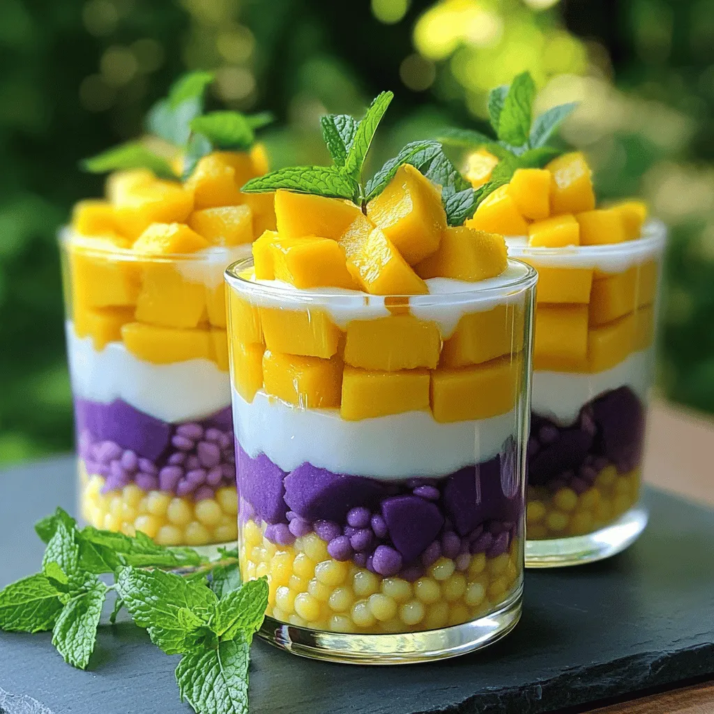- 1 cup small tapioca pearls (sago) - 1 ripe mango, peeled and diced - 1 cup coconut milk - 1/2 cup sugar (adjust to taste) - 1 medium purple sweet potato, peeled and cubed - 1/2 teaspoon vanilla extract - 1/4 teaspoon salt - Fresh mint leaves for garnish (optional) - Cooking pot - Steamer or separate pot for sweet potato - Small saucepan - Serving bowls or cups Mango Sago with Purple Sweet Potato is a special treat. Each bite brings a burst of flavor. You will love the mix of creamy coconut and sweet, ripe mango. The soft sago pearls add fun texture. The bright purple sweet potato makes it unique and colorful. When preparing the ingredients, make sure to get fresh ones. A ripe mango will make a big difference in taste. The sweet potato should feel firm and smooth. This ensures a great flavor in your dessert. For the cooking equipment, a good pot is key for boiling the pearls. A steamer will help cook the sweet potato evenly. Using a small pan for the coconut sauce keeps it from burning. Finally, choose pretty bowls to serve this treat. It will look amazing on your table. For the Full Recipe, check out the detailed steps in the next section. - Bring a pot of water to a boil. - Add the sago pearls and cook for 10-15 minutes. - Stir occasionally to stop sticking. - Once translucent, drain and rinse the sago under cold water. - Steam or boil cubed purple sweet potato for 15-20 minutes. - Check with a fork; it should be soft. - Drain and mash until smooth. - Let it cool for a few minutes. - In a small saucepan, mix coconut milk, sugar, vanilla extract, and salt. - Heat over medium heat until sugar dissolves. - Be careful not to let it boil. - In serving bowls, start with a layer of mashed sweet potato. - Add a scoop of cooked sago pearls on top. - Pour the warm coconut sauce over both layers. - Top with diced mango for a fresh finish. - You can add more coconut sauce if you like. - Chill in the fridge for 30 minutes or serve warm. For the full recipe, check out the details we’ve shared! - Ensure not to overcook sago pearls to retain the right texture. They should be chewy, not mushy. - Adjust sugar level based on your sweetness preference. Taste as you go to find the right balance. - Use elegant glass cups to display the layers beautifully. This makes the dessert look fancy and inviting. - Garnish with mint leaves and extra mango for enhanced presentation. A splash of green adds freshness and color. - Don’t let the coconut sauce boil to prevent curdling. Keep the heat low and stir gently. - Ensure sweet potato is adequately cooked for a smooth texture. It should be soft enough to mash easily. These tips will help you create a stunning and tasty Mango Sago with Purple Sweet Potato. For the full recipe, check out the details above! {{image_2}} You can easily switch the fruits in this dessert. Try using kiwi or berries for a twist. They add a nice tartness that works well. You can also use almond milk instead of coconut milk. This change makes the dish dairy-free and still tasty. Add toppings for extra flavor and texture! Toasted coconut flakes or chopped nuts give a nice crunch. You can also try flavors like pandan or lemon zest. These additions make the dish special and unique. You can serve Mango Sago with Purple Sweet Potato in many ways. Individual cups look elegant and are great for guests. You can also use a large bowl for sharing. This dish can be served cold or warm. Each way offers a different experience. Enjoy the creamy, fruity taste no matter how you serve it! To keep your Mango Sago with Purple Sweet Potato fresh, refrigerate it. Use an airtight container, and it will last for up to 3 days. If you layer the dessert before storing, it makes for easy serving later. While you can freeze this dessert, it may change the texture. I recommend consuming it fresh for the best taste. If you want to freeze it, store the sweet potato and sago separately. This method helps maintain their quality. If you prefer your dessert warm, reheat lightly in the microwave. Be careful not to overheat the coconut sauce, as this can change its creamy texture. Enjoy your delightful treat warm or chilled, as you like! Mango Sago with Purple Sweet Potato is a tasty dessert. It combines sago, sweet potato, and mango. Here are the main ingredients: - 1 cup small tapioca pearls (sago) - 1 ripe mango, peeled and diced - 1 cup coconut milk - 1/2 cup sugar (adjust to taste) - 1 medium purple sweet potato, peeled and cubed - 1/2 teaspoon vanilla extract - 1/4 teaspoon salt - Fresh mint leaves for garnish (optional) This dish has layers of flavor and color. The sago pearls are chewy and fun. The sweet potato adds creaminess and sweetness. And the mango gives a fresh, fruity touch. Yes, you can use frozen mango. Just make sure to thaw it before adding. Thawed mango still tastes sweet and juicy. It works well in this dessert. This dessert can be healthy with the right balance. Purple sweet potatoes are rich in vitamins. They also contain antioxidants. Sago is a good source of carbohydrates. Coconut milk adds healthy fats, but watch the sugar. You can adjust the sugar to suit your taste. Making a vegan version is easy! Use plant-based milk, like almond or oat milk, instead of coconut milk. For sweeteners, you can use maple syrup or agave. Both are great options. If you don't have sago, you can try small tapioca pearls. They have a similar texture. You can also use gelatin or agar-agar for a different twist. Both alternatives will work well in this recipe. This dessert combines sago, sweet potatoes, and coconut milk for a unique treat. You learned the steps to cook sago, prepare sweet potatoes, and make a tasty coconut sauce. I shared tips to avoid common mistakes and offered various ways to customize the dish. Remember, you can easily adjust ingredients to fit your taste. Keep your dessert fresh by storing it properly. Enjoy making this simple yet delightful dish, and don't hesitate to get creative with your variations!