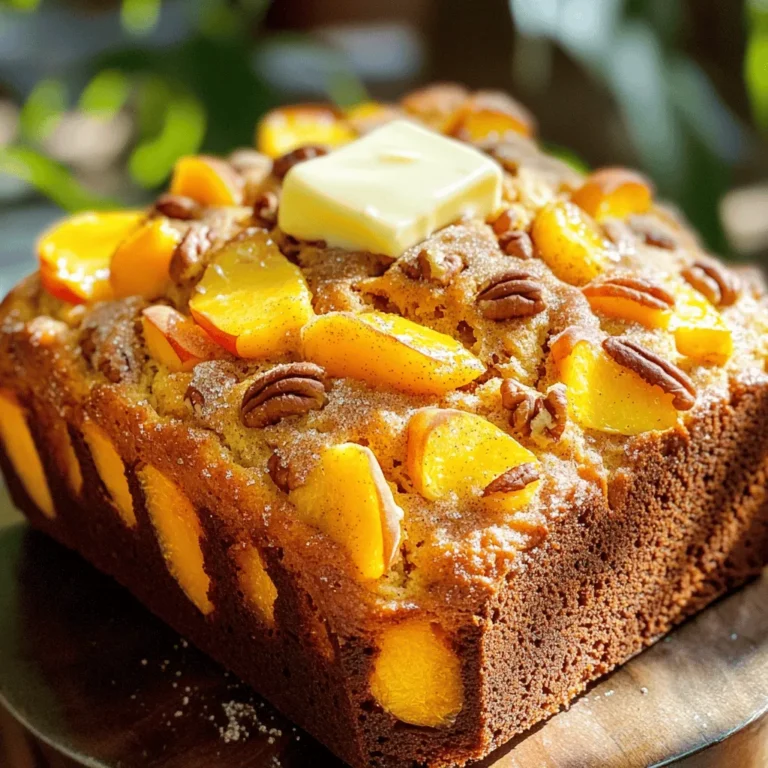 To make this delightful Southern Peach Bread, you will need a few simple ingredients. Here’s the list: - 2 cups all-purpose flour - 1 teaspoon baking powder - 1/2 teaspoon baking soda - 1/2 teaspoon salt - 1 teaspoon ground cinnamon - 1/2 cup unsalted butter, softened - 1 cup granulated sugar - 2 large eggs - 1 teaspoon vanilla extract - 1 cup buttermilk - 2 cups fresh peaches, peeled and diced - 1/2 cup chopped pecans (optional) - 1/4 cup brown sugar (for topping) - 1 teaspoon cinnamon (for topping) Each of these items brings flavor and texture to the bread. Fresh peaches add sweetness and moisture, making the bread soft. The butter and sugar create a rich base, while the buttermilk keeps it fluffy. If you like nuts, adding pecans gives a nice crunch. This recipe is easy, yet it creates a warm, inviting aroma as it bakes. You can find the full recipe with all the steps and instructions to make this tasty treat. Enjoy making this Southern Peach Bread with great ingredients that come together perfectly! 1. Preheat your oven to 350°F (175°C). 2. Grease and flour a 9x5 inch loaf pan. 3. In a medium bowl, mix the dry ingredients: - 2 cups all-purpose flour - 1 teaspoon baking powder - 1/2 teaspoon baking soda - 1/2 teaspoon salt - 1 teaspoon ground cinnamon 4. Set this bowl aside for later. 1. In a large bowl, cream together: - 1/2 cup unsalted butter, softened - 1 cup granulated sugar Use an electric mixer, blend until light and fluffy. This takes about 3-4 minutes. 2. Add 2 large eggs to the butter mix, one at a time. 3. Mix in 1 teaspoon vanilla extract next. 4. Gradually pour in 1 cup buttermilk. Stir until well combined. 1. Slowly add the dry ingredient mixture to the wet mix. Stir just until combined. Be careful not to overmix! 2. Gently fold in: - 2 cups fresh peaches, peeled and diced - 1/2 cup chopped pecans (optional) 1. Pour the batter into the prepared loaf pan. Smooth the top with a spatula. 2. In a small bowl, mix: - 1/4 cup brown sugar - 1 teaspoon cinnamon Sprinkle this topping over the batter. 3. Bake for 55-60 minutes. Check if done by inserting a toothpick in the center. If it comes out clean, it’s ready. 4. Allow the bread to cool in the pan for about 10 minutes. 5. Then, transfer to a wire rack to cool completely. For the full recipe, refer back to the ingredients listed above. Enjoy each slice of this delightful Southern Peach Bread! To make the best Southern Peach Bread, you must avoid overmixing. This keeps the bread light and fluffy. Mix just until you see no dry flour. It is also important to check for doneness. Insert a toothpick into the center. If it comes out clean, your bread is ready! Serve the bread warm with a pat of butter. Fresh peach slices on top add a nice touch. This makes it look great and taste even better. If you want to store it, keep it in an airtight container. This way, it stays soft and tasty. You can add a little cinnamon or nutmeg for extra flavor. Vanilla extract also boosts the taste. When using peaches, ripe ones work best for this recipe. Canned peaches can also work if fresh ones are not available. Just drain them well before adding to the batter. For the full recipe, check out the original source. {{image_2}} You can change the flavor of Southern Peach Bread by using other fruits. Cherries, blueberries, or apples work well. Each fruit brings its own taste and texture. For cherries, pit and chop them before use. If you choose blueberries, toss them in flour to prevent sinking. Apples should be peeled and diced for easy mixing. When using different fruits, you may need to adjust the sugar. Some fruits are sweeter, so you can cut back on sugar. Always taste the fruit first to decide how much sugar to add. If you need gluten-free options, substitute all-purpose flour with a gluten-free blend. Make sure the blend is suitable for baking. This swap will keep the bread light and tasty. For those avoiding dairy, try using almond milk or oat milk instead of buttermilk. You can use dairy-free butter to replace the regular butter. These changes maintain flavor while fitting your diet. Southern Peach Bread pairs well with breakfast or brunch items. Serve it warm with butter or cream cheese. It also goes great with coffee or tea. This bread is perfect for holidays or gatherings. Slice it and arrange it on a platter. Add fresh peach slices for a colorful touch. Guests will enjoy this sweet treat at any event. For more ideas, check out the Full Recipe for serving tips! To keep your Southern Peach Bread fresh, follow these simple steps. First, let the bread cool completely before storing. This prevents moisture build-up, which can make the bread soggy. Wrap the bread tightly in plastic wrap. You can also use aluminum foil for extra protection. - Store at room temperature for up to 3 days. - For longer storage, place it in the fridge. This will keep it fresh for up to a week. Refrigeration can change the texture, making it a bit denser. If you prefer that fluffy bite, keep it at room temperature. Freezing Southern Peach Bread is easy and keeps it tasty. Once cooled, slice the bread if you want individual pieces. Wrap each slice in plastic wrap. Then, place the slices in a freezer bag or airtight container. - For whole loaves, wrap it tightly in plastic then foil. - Label with the date for easy tracking. To thaw, take out a slice or loaf from the freezer. Leave it at room temperature for an hour or so. You can also heat it in the microwave for about 15 seconds. This way, you enjoy warm, delicious bread anytime! For the complete recipe, check out the Full Recipe section. How long does Southern Peach Bread last? Southern Peach Bread lasts about 3 to 5 days at room temperature. Store it in an airtight container to keep it fresh. If you want it to last longer, you can freeze it. Can I use frozen peaches for this recipe? Yes, you can use frozen peaches. Just make sure to thaw and drain them first. This step helps reduce excess moisture in the bread. What is the best way to slice the bread? To slice the bread, use a serrated knife. This knife helps you get clean cuts without squishing the bread. Slice it when it cools, but warm slices are extra tasty. What to do if the bread is too dense? If your bread turns out dense, it could be due to overmixing. Mix just until combined. Also, ensure your baking powder and baking soda are fresh. Old leavening agents can lead to dense bread. Issues with overbaking or underbaking If you overbake, the bread can dry out. Keep an eye on it and test with a toothpick. For underbaking, the center may stay gooey. Bake a bit longer, but check often to avoid overbaking. Alternatives for all-purpose flour You can use whole wheat flour or a gluten-free blend. If using whole wheat, the bread may be denser. Adjust liquid ingredients to keep the right texture. Substituting sweeteners and toppings Instead of granulated sugar, try honey or maple syrup. For a topping, you can use oats or crushed nuts instead of brown sugar. This will give a nice crunch to the bread. For the full recipe, be sure to check the specific ingredient list and instructions. In this article, I shared how to make delicious Southern Peach Bread. We covered the ingredients you need, step-by-step instructions, and tips for perfecting your loaf. You learned about variations, storage tips, and answers to common questions. Baking can be fun and rewarding. Use fresh peaches for the best flavor. Enjoy sharing this treat with family and friends. Your kitchen will smell wonderful, and you'll have a tasty treat to enjoy. Happy baking!