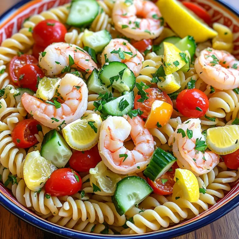To make this Quick Lemon Garlic Shrimp Pasta Salad, you need: - 8 oz. pasta (fusilli or penne works well) - 1 lb. shrimp, peeled and deveined - 3 tablespoons olive oil - 4 cloves garlic, minced - Juice and zest of 1 lemon - 1 cup cherry tomatoes, halved - ½ cup cucumber, diced - ½ cup red bell pepper, diced - ¼ cup fresh parsley, chopped - Salt and pepper to taste - ¼ teaspoon red pepper flakes (optional) These ingredients mix to create a fresh, bright, and tasty salad. The shrimp adds protein, while the pasta makes it filling. The lemon and garlic give it a nice zing. You can add these for extra flavor: - Avocado, diced - Fresh basil, chopped - Feta cheese, crumbled - Olives, sliced These options let you customize your salad. They also add more color and taste. Don't have something? Here are some swaps: - Pasta: Use whole wheat or gluten-free pasta. - Shrimp: Try chicken or firm tofu instead. - Olive oil: Avocado oil or canola oil will work. - Cherry tomatoes: Use regular tomatoes, diced small. - Red bell pepper: Any bell pepper color is fine. These substitutes keep the dish tasty and fun. You can still enjoy this salad even if you’re low on some ingredients. Start by boiling a large pot of salted water. This adds flavor to your pasta. Once the water is boiling, add 8 oz. of pasta. I like fusilli or penne for this salad. Cook it according to the package instructions, usually around 8-10 minutes. You want it al dente, so check it a minute early. When done, drain the pasta and let it cool for a bit. Next, grab a large skillet and heat 2 tablespoons of olive oil over medium heat. Once hot, toss in 4 minced garlic cloves. Sauté them for about 1 minute until they smell amazing. Then, add 1 lb. of peeled and deveined shrimp. Cook the shrimp for 2-3 minutes on each side. They should turn pink and opaque. After that, squeeze in the juice of 1 lemon and add the zest. Stir everything well, then take the skillet off the heat. In a large mixing bowl, combine the cooked pasta and sautéed shrimp. Add 1 cup of halved cherry tomatoes, ½ cup of diced cucumber, ½ cup of diced red bell pepper, and ¼ cup of chopped fresh parsley. Drizzle the remaining tablespoon of olive oil over this mix. Season with salt, pepper, and optional red pepper flakes. Toss everything together until it's well mixed. For the best taste, let the salad chill in the fridge for about 30 minutes. This helps all the flavors blend together nicely. For the full recipe, check out the details above! To sauté shrimp well, start with a hot pan. Use two tablespoons of olive oil for flavor. Add minced garlic to the oil and stir for about one minute. This brings out the garlic's sweet taste. Then, add the shrimp in a single layer. Cook them for two to three minutes on each side. They should turn pink and opaque. Overcooking makes them tough, so watch closely. Squeeze fresh lemon juice over them at the end for a bright flavor. When preparing pasta salad, cooking the pasta correctly is key. Use salted boiling water for the best flavor. Cook it until just al dente. Drain the pasta and let it cool slightly. This helps the salad stay fresh and not soggy. Once cooled, toss it in a large bowl with the other ingredients. Mixing right after cooking keeps everything from clumping. Herbs and spices can elevate your pasta salad. Fresh parsley adds a burst of color and taste. For a little heat, sprinkle in red pepper flakes. If you love more flavor, consider fresh basil or dill. These herbs work well with shrimp and lemon. Don't be afraid to experiment! Each herb brings a unique twist to the dish. For the full recipe, check out the details above. {{image_2}} You can boost your Quick Lemon Garlic Shrimp Pasta Salad by adding more veggies. Fresh spinach adds a nice crunch and color. Zucchini slices also work well, giving a mild taste. Roasted bell peppers bring a smoky flavor. You can even toss in olives for a salty bite. Make it your own by choosing what you love! If shrimp isn’t your thing, don’t worry! You can use chicken instead. Simply grill or sauté it until it’s cooked through. Tofu is a great plant-based option for a veggie delight. You can also try canned tuna for a quick protein boost. Each choice brings its own flavor to the dish. For a gluten-free version, swap regular pasta for rice noodles or zucchini noodles. These options keep the dish light and fresh. If you want a low-carb meal, cauliflower rice is a fantastic choice. It absorbs the flavors well and keeps the salad filling. You’ll enjoy a tasty dish while sticking to your dietary goals. For the complete recipe, check out the Full Recipe section! To store your leftover Quick Lemon Garlic Shrimp Pasta Salad, place it in an airtight container. Make sure the salad is cool before sealing it. This helps keep it fresh. You can store it in the fridge for up to three days. If you want to keep it longer, you can freeze it, but the texture may change once thawed. When you are ready to eat your salad again, you may want to reheat it. I suggest taking out the shrimp pasta salad and letting it sit at room temperature for about 15 minutes. This helps it warm up evenly. If you prefer it warm, heat it in the microwave for 30 seconds. Stir it well and check the temperature. The shelf life of the ingredients varies. Here are some key points: - Pasta: Cooked pasta lasts about 3 to 5 days in the fridge. - Shrimp: Cooked shrimp can stay fresh for 3 to 4 days in the fridge. - Vegetables: Fresh cherry tomatoes and cucumbers last about 3 to 5 days. - Olive Oil: It can last for months when stored in a cool, dark place. I recommend keeping track of dates. Always check for any signs of spoilage before eating leftovers. Enjoy your tasty dish any day! If you want to make it again, check the Full Recipe. Yes, you can use frozen shrimp. Just thaw them first. Place them in cold water for about 15 minutes. Once thawed, peel and devein them if needed. This saves time and works well in the dish. The pasta salad will last about 3 days in the fridge. Make sure to store it in an airtight container. This helps keep it fresh and safe to eat later. If you don’t have cherry tomatoes, use regular tomatoes instead. Dice them into small pieces. You can also use bell peppers or even diced avocado. These options add color and flavor to your salad. For the full recipe, check the complete instructions above. Enjoy your cooking! In this post, we explored making a tasty pasta salad with shrimp. We covered key ingredients, cooking steps, and helpful tips to get it just right. We also talked about fun variations and how to store leftovers. Keep these ideas in mind to create your perfect dish. Enjoy experimenting with flavors and ingredients. You’ll impress your family and friends with your skills. Happy cooking!