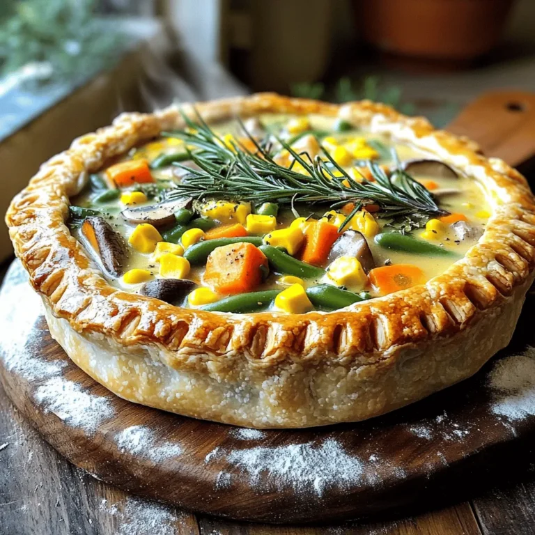 The base of your vegetarian pot pie starts with simple, fresh ingredients. Here’s what you need: - 1 prepared pie crust (store-bought or homemade) - 2 tablespoons olive oil - 1 medium onion, diced - 2 cloves garlic, minced - 2 medium carrots, diced - 1 cup green beans, chopped - 1 cup mushrooms, sliced - 1 cup corn (fresh or frozen) - 1 medium potato, peeled and cubed - 1 cup vegetable broth - 1 tablespoon soy sauce - 1 teaspoon dried thyme - 1 teaspoon fresh rosemary, chopped - ½ teaspoon black pepper - ½ cup heavy cream or coconut cream (for a vegan option) - Salt to taste - 1 tablespoon cornstarch (optional, for thickening) When picking veggies, think about color and taste. Fresh vegetables add flavor and texture. Here are some top picks: - Carrots: They bring sweetness and crunch. - Green beans: They add a nice snap and freshness. - Mushrooms: They give a rich, earthy flavor. - Corn: It adds a hint of sweetness for balance. - Potatoes: They create heartiness and absorb flavors well. Feel free to mix in other vegetables like peas, zucchini, or bell peppers. Each choice can make your pot pie even better. Adding protein makes your pot pie filling more satisfying. Here are some great options: - Lentils: They cook quickly and add a nice texture. - Chickpeas: They are filling and have a nutty flavor. - Tofu: It absorbs flavors well and adds creaminess. - Seitan: This meat substitute has a chewy texture for heartiness. You can use one or a combination of these for a power-packed meal. Each option brings its own special taste to the dish. Now that you know what to include, you can check out the Full Recipe for a step-by-step guide on making your savory vegetarian pot pie. Start by gathering all your ingredients. This makes cooking easier. You will need: - 1 prepared pie crust (store-bought or homemade) - 2 tablespoons olive oil - 1 medium onion, diced - 2 cloves garlic, minced - 2 medium carrots, diced - 1 cup green beans, chopped - 1 cup mushrooms, sliced - 1 cup corn (fresh or frozen) - 1 medium potato, peeled and cubed - 1 cup vegetable broth - 1 tablespoon soy sauce - 1 teaspoon dried thyme - 1 teaspoon fresh rosemary, chopped - ½ teaspoon black pepper - ½ cup heavy cream or coconut cream (for a vegan option) - Salt to taste - 1 tablespoon cornstarch (optional, for thickening) Make sure to wash and chop all vegetables first. This helps them cook evenly. Now, let’s cook the filling. Heat the olive oil in a large skillet over medium heat. Add the diced onion and garlic. Cook them until the onion looks clear, about 3-4 minutes. Next, stir in the carrots, green beans, and mushrooms. Cook for another 5 minutes, or until they get tender. Then, add the corn and cubed potato. Pour in the vegetable broth and soy sauce. Mix everything well. Bring it to a gentle simmer. Season this mix with thyme, rosemary, black pepper, and salt. If you want a thicker filling, add cornstarch and stir. Once the potatoes are nearly done, pour in the heavy cream. Stir and cook for another 2-3 minutes. Remove the skillet from heat and let it cool for a bit. Next, roll out your pie crust. Place it in a deep-dish pie pan. Pour the cooled vegetable filling into the crust. Spread it out evenly. Cover the filling with another layer of pie crust. Crimp the edges to seal it well. Cut a few slits in the top crust for steam to escape. Preheat your oven to 425°F (220°C). Bake the pie for 25-30 minutes, or until the crust turns golden brown and the filling bubbles. Let the pot pie cool for about 10 minutes before slicing. Serve it hot and enjoy this comforting dish! You can find the full recipe for more details. When making your vegetarian pot pie, watch out for a few common issues. One big mistake is overcooking the vegetables. You want them tender but not mushy. Another mistake is skipping the seasoning. Salt and herbs elevate the flavors. Lastly, don’t forget to let your pie cool a bit before serving. This helps the filling set up nicely. Using herbs and spices can elevate your pot pie. I love adding fresh rosemary and thyme for depth. Dried herbs work too, but fresh ones bring a bright taste. Try adding a pinch of nutmeg for warmth. You can also mix in a dash of paprika for a subtle kick. Experiment with flavors to find what you enjoy. A great crust makes your pot pie shine. Start with a cold pie crust. This keeps it flaky. If using store-bought crust, don’t forget to thaw it properly. Roll it out gently on a floured surface. For a golden crust, brush it with egg wash or milk before baking. Be sure to cut slits in the top to let steam escape. This helps prevent a soggy bottom. For the complete recipe, check out the Full Recipe section. {{image_2}} To make this dish vegan, swap out the heavy cream. You can use coconut cream instead. It adds a rich texture and a hint of sweetness. If you want a lighter option, try almond milk or cashew cream. These options keep the flavors bright. For the pie crust, most store-bought varieties are vegan. Just check the label for dairy. You can also make your own crust using plant-based butter. This keeps it simple and delicious! For those needing gluten-free options, you can use a gluten-free pie crust. These are available at many stores. You can also make your own by mixing gluten-free flour blends. Add a bit of almond flour for nutty flavor. When making the filling, ensure your vegetable broth is gluten-free. Some brands contain gluten, so read the labels carefully. This small step makes your pot pie safe and tasty. If you want to cut calories, consider these swaps. Use less cream or opt for a lighter plant-based option. You can also skip the pie crust and use veggies as a topping. This makes a comforting stew that’s still hearty. Adding extra vegetables boosts nutrition without adding many calories. Consider using zucchini, spinach, or bell peppers. These add color and flavor while keeping it light. Try these variations to suit your needs. Each option still brings comfort and joy to your table. For the full recipe, check the section above. To keep your leftover vegetarian pot pie fresh, let it cool. Then, cover it tightly with plastic wrap or foil. You can also place it in an airtight container. Store it in the fridge for up to three days. This helps maintain the crust's texture and keeps the filling flavorful. When you’re ready to enjoy your pot pie again, preheat your oven to 350°F (175°C). Remove the pie from its storage. Place it on a baking sheet to catch any drips. Bake it for about 20-25 minutes. This method keeps the crust crispy and warms the filling evenly. You can also microwave individual slices, but the crust may become soft. If you want to store your vegetarian pot pie for longer, freezing is a great option. First, let the pie cool completely. Wrap it tightly in plastic wrap, then cover it with aluminum foil. This prevents freezer burn. You can freeze it for up to three months. When you’re ready to eat it, thaw it overnight in the fridge. Then, reheat it in the oven for the best results. Enjoy your delicious, comforting meal any time! For the full recipe, check out the Garden Delight Vegetarian Pot Pie. Yes, you can make Vegetarian Pot Pie ahead of time. Prepare the filling and let it cool. You can store it in the fridge for up to two days. If you want to freeze it, do so before baking. Use a freezer-safe dish for best results. When ready to bake, thaw the filling overnight in the fridge and assemble it with the crust. This helps save time on busy days. You can use many vegetables in your pot pie. Some great choices include: - Carrots - Green beans - Mushrooms - Potatoes - Corn - Peas - Spinach Use what you like or what you have on hand. Mix colors and textures for a hearty dish. You can even add some roasted vegetables for a smoky flavor. If you want to thicken your filling without cornstarch, use a few different methods. Here are some options: - Mashed potatoes: Add some cooked and mashed potatoes to the mix for a creamy texture. - Flour: You can sprinkle some all-purpose flour into the filling while it simmers. This works well to thicken the sauce. - Pureed veggies: Blend some of the cooked vegetables into a puree. Stir this back into the filling for a thick consistency. These methods give you the same comforting feel as cornstarch without the need for it. For the full recipe, check back with the main section. You now have a complete guide to making a delicious vegetarian pot pie. We explored essential ingredients, tasty vegetable options, and healthy protein sources. The step-by-step instructions make preparation easy, and the tips help prevent common mistakes. You can try different variations to fit your diet and storage tips to keep leftovers fresh. Remember, this dish is flexible and allows for creativity. Enjoy making your pot pie, and don't be afraid to experiment with flavors!