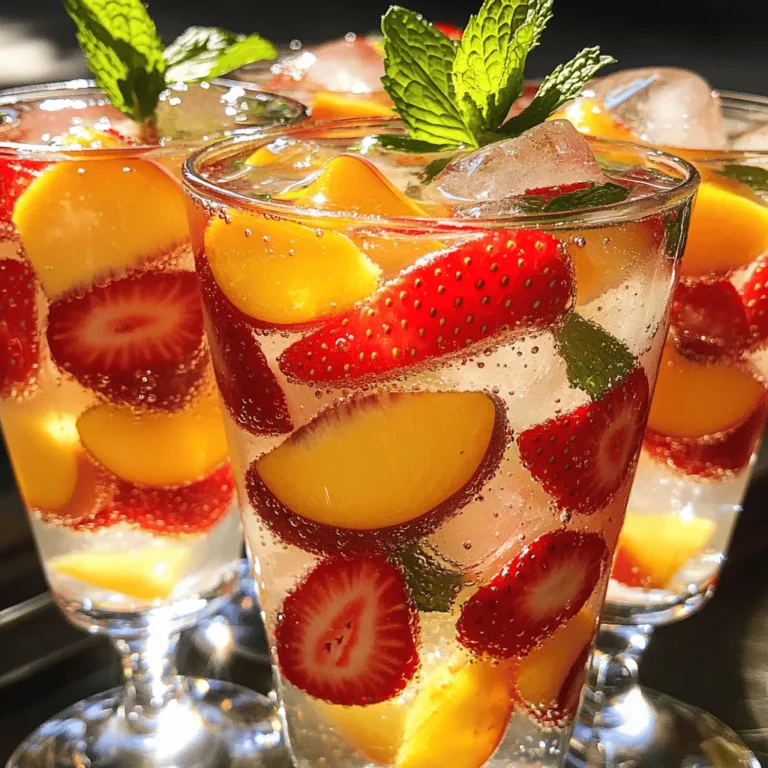 - 1 cup fresh strawberries, hulled and sliced - 1 ripe peach, pitted and diced - 1/4 cup sugar (adjust for sweetness) - 1 tablespoon lemon juice - 4 cups sparkling water - Ice cubes - Fresh mint leaves for garnish Using fresh fruits makes this soda bright and tasty. Strawberries add sweetness, while peaches bring a soft, juicy feel. You can choose ripe fruits for the best flavor. The sugar helps balance the tartness of the fruits. You can adjust the amount based on your taste. A splash of lemon juice adds a nice zing. For the fizzy part, sparkling water is key. It gives the soda its fun bubbles. Ice cubes keep it cold and refreshing. Finally, mint leaves add a lovely touch. They look great and taste fresh. This homemade strawberry peach soda is perfect for hot summer days. You can find the full recipe above to create this delightful drink. Enjoy making it and even more, enjoy drinking it! - First, combine 1 cup of sliced strawberries, 1 diced peach, and 1/4 cup of sugar in a medium saucepan. - Heat over medium until the fruits start to release their juices. This should take about 5 to 7 minutes. Stir gently as it cooks. - Once the juices flow, add 1 tablespoon of lemon juice. Keep cooking for another 2 minutes. - Remove the pan from heat and let it cool a bit. Now, mash the fruit mixture with a fork or a potato masher. This step helps release even more flavor. If you want a smoother soda, strain the mixture through a fine sieve. - In a large pitcher, combine the fresh fruit syrup with 4 cups of sparkling water. Stir gently to mix without losing the fizz. - Fill your glasses with ice cubes. Pour the strawberry peach soda over the ice, leaving a little space at the top. - Finally, garnish each glass with fresh mint leaves. This adds a lovely touch! For the full recipe, check the details above. Enjoy your homemade soda! To balance sweetness and fruit flavor, start with less sugar. Use only 1/8 cup of sugar and taste. Add more if needed, but go slow. The ripe peach and strawberries bring natural sweetness. Always remember that fresh fruit can change sweetness levels. You can add herbs like basil or rosemary for an extra kick. Just a few leaves can make your drink unique. If you want a blended variation, throw in some ice and blend the fruit syrup with sparkling water. This makes a smooth, frosty treat that’s perfect for hot days. Choose fun glassware to show off your drink. Use tall glasses or mason jars for a rustic look. For garnishing, place fresh mint leaves on top. You can also add a slice of peach or strawberry on the rim. This makes your drink pop and look inviting. {{image_2}} You can easily swap fruits in this drink. If strawberries and peaches are out of season, try mango or blackberries instead. Each fruit brings a unique flavor. For mango, use ripe ones for a creamy texture. Blackberries add a tart twist that balances well with sweetness. Feel free to mix and match. Want to make this soda a fun cocktail? Add a splash of vodka or rum to create a refreshing drink. Use about 1 to 2 ounces per glass. Stir it in after mixing the soda. You can also top it with a fruit slice to enhance the look. This twist is perfect for summer parties or gatherings. For a healthier option, consider using honey or agave syrup instead of sugar. Both sweeteners dissolve easily and add a distinct flavor. Use the same amount or adjust to taste. Honey gives a floral note, while agave has a light sweetness. These options can make your drink more nutritious and flavorful. For the complete method on making this soda, check the Full Recipe. To store leftover soda, use a clean glass jar. Seal it tightly to keep it fizzy. Store it in the fridge for best results. Try to drink it within 2 days. The soda tastes best when fresh. If it goes flat, you can mix it with more sparkling water. For leftover fruit syrup, pour it into an airtight container. You can keep it in the fridge for up to a week. It’s great for pancakes or yogurt, too. You can also freeze syrup in ice cube trays. This way, you can enjoy it later. Just pop a cube into sparkling water for a quick drink. The prepared soda lasts about 2 to 3 days in the fridge. The fruit syrup stays fresh longer, about a week. If you freeze the syrup, it can last for months. Always check for signs of spoilage. Fresh is best for taste and safety. Yes, you can use frozen fruit. Frozen fruit works well in this soda. It offers a great flavor but may change the texture. Fresh fruit keeps the drink crisp, while frozen fruit can make it thicker. If you use frozen fruit, let it thaw before cooking. This way, you get the best taste. To reduce sweetness, cut back on the sugar. Start with two tablespoons instead of 1/4 cup. You can also add more lemon juice. This adds a nice tartness and balances the sweetness. Another option is to use a sugar substitute. Try honey or agave syrup for a healthier choice. Yes, you can prepare this soda in advance. Make the fruit syrup a day before serving. Store it in the fridge. When you're ready, mix it with sparkling water. However, do this right before serving to keep the fizz. If you mix it too early, it may lose its bubbles. You can use either plain or flavored sparkling water. Plain water lets the fruit shine. Flavored sparkling water adds an extra taste. Choose a flavor that matches your fruit, like peach or lemon. Just make sure it is not too sweet. This keeps your soda refreshing and light. This blog post covers how to make a refreshing fruit soda using simple ingredients like fresh strawberries and peaches. You learned how to cook a sweet fruit mixture, create a tasty syrup, and mix it with sparkling water. I shared tips on adjusting sweetness, enhancing flavors, and presentation ideas. Don’t forget to explore variations by using seasonal fruits or making an alcoholic version. With proper storage, you can enjoy this treat for days. Now, you have everything you need to impress friends and family with your homemade creations!