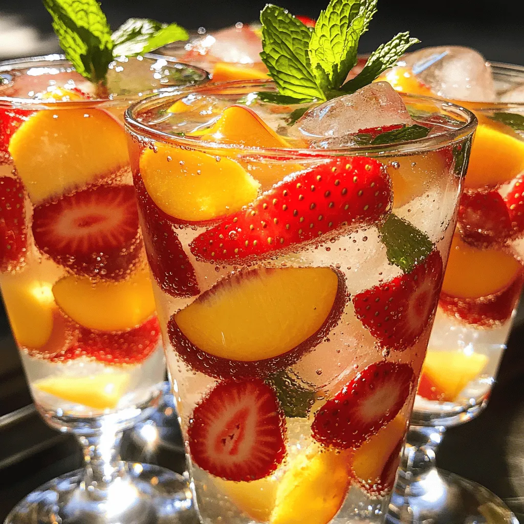 - 1 cup fresh strawberries, hulled and sliced - 1 ripe peach, pitted and diced - 1/4 cup sugar (adjust for sweetness) - 1 tablespoon lemon juice - 4 cups sparkling water - Ice cubes - Fresh mint leaves for garnish Using fresh fruits makes this soda bright and tasty. Strawberries add sweetness, while peaches bring a soft, juicy feel. You can choose ripe fruits for the best flavor. The sugar helps balance the tartness of the fruits. You can adjust the amount based on your taste. A splash of lemon juice adds a nice zing. For the fizzy part, sparkling water is key. It gives the soda its fun bubbles. Ice cubes keep it cold and refreshing. Finally, mint leaves add a lovely touch. They look great and taste fresh. This homemade strawberry peach soda is perfect for hot summer days. You can find the full recipe above to create this delightful drink. Enjoy making it and even more, enjoy drinking it! - First, combine 1 cup of sliced strawberries, 1 diced peach, and 1/4 cup of sugar in a medium saucepan. - Heat over medium until the fruits start to release their juices. This should take about 5 to 7 minutes. Stir gently as it cooks. - Once the juices flow, add 1 tablespoon of lemon juice. Keep cooking for another 2 minutes. - Remove the pan from heat and let it cool a bit. Now, mash the fruit mixture with a fork or a potato masher. This step helps release even more flavor. If you want a smoother soda, strain the mixture through a fine sieve. - In a large pitcher, combine the fresh fruit syrup with 4 cups of sparkling water. Stir gently to mix without losing the fizz. - Fill your glasses with ice cubes. Pour the strawberry peach soda over the ice, leaving a little space at the top. - Finally, garnish each glass with fresh mint leaves. This adds a lovely touch! For the full recipe, check the details above. Enjoy your homemade soda! To balance sweetness and fruit flavor, start with less sugar. Use only 1/8 cup of sugar and taste. Add more if needed, but go slow. The ripe peach and strawberries bring natural sweetness. Always remember that fresh fruit can change sweetness levels. You can add herbs like basil or rosemary for an extra kick. Just a few leaves can make your drink unique. If you want a blended variation, throw in some ice and blend the fruit syrup with sparkling water. This makes a smooth, frosty treat that’s perfect for hot days. Choose fun glassware to show off your drink. Use tall glasses or mason jars for a rustic look. For garnishing, place fresh mint leaves on top. You can also add a slice of peach or strawberry on the rim. This makes your drink pop and look inviting. {{image_2}} You can easily swap fruits in this drink. If strawberries and peaches are out of season, try mango or blackberries instead. Each fruit brings a unique flavor. For mango, use ripe ones for a creamy texture. Blackberries add a tart twist that balances well with sweetness. Feel free to mix and match. Want to make this soda a fun cocktail? Add a splash of vodka or rum to create a refreshing drink. Use about 1 to 2 ounces per glass. Stir it in after mixing the soda. You can also top it with a fruit slice to enhance the look. This twist is perfect for summer parties or gatherings. For a healthier option, consider using honey or agave syrup instead of sugar. Both sweeteners dissolve easily and add a distinct flavor. Use the same amount or adjust to taste. Honey gives a floral note, while agave has a light sweetness. These options can make your drink more nutritious and flavorful. For the complete method on making this soda, check the Full Recipe. To store leftover soda, use a clean glass jar. Seal it tightly to keep it fizzy. Store it in the fridge for best results. Try to drink it within 2 days. The soda tastes best when fresh. If it goes flat, you can mix it with more sparkling water. For leftover fruit syrup, pour it into an airtight container. You can keep it in the fridge for up to a week. It’s great for pancakes or yogurt, too. You can also freeze syrup in ice cube trays. This way, you can enjoy it later. Just pop a cube into sparkling water for a quick drink. The prepared soda lasts about 2 to 3 days in the fridge. The fruit syrup stays fresh longer, about a week. If you freeze the syrup, it can last for months. Always check for signs of spoilage. Fresh is best for taste and safety. Yes, you can use frozen fruit. Frozen fruit works well in this soda. It offers a great flavor but may change the texture. Fresh fruit keeps the drink crisp, while frozen fruit can make it thicker. If you use frozen fruit, let it thaw before cooking. This way, you get the best taste. To reduce sweetness, cut back on the sugar. Start with two tablespoons instead of 1/4 cup. You can also add more lemon juice. This adds a nice tartness and balances the sweetness. Another option is to use a sugar substitute. Try honey or agave syrup for a healthier choice. Yes, you can prepare this soda in advance. Make the fruit syrup a day before serving. Store it in the fridge. When you're ready, mix it with sparkling water. However, do this right before serving to keep the fizz. If you mix it too early, it may lose its bubbles. You can use either plain or flavored sparkling water. Plain water lets the fruit shine. Flavored sparkling water adds an extra taste. Choose a flavor that matches your fruit, like peach or lemon. Just make sure it is not too sweet. This keeps your soda refreshing and light. This blog post covers how to make a refreshing fruit soda using simple ingredients like fresh strawberries and peaches. You learned how to cook a sweet fruit mixture, create a tasty syrup, and mix it with sparkling water. I shared tips on adjusting sweetness, enhancing flavors, and presentation ideas. Don’t forget to explore variations by using seasonal fruits or making an alcoholic version. With proper storage, you can enjoy this treat for days. Now, you have everything you need to impress friends and family with your homemade creations!