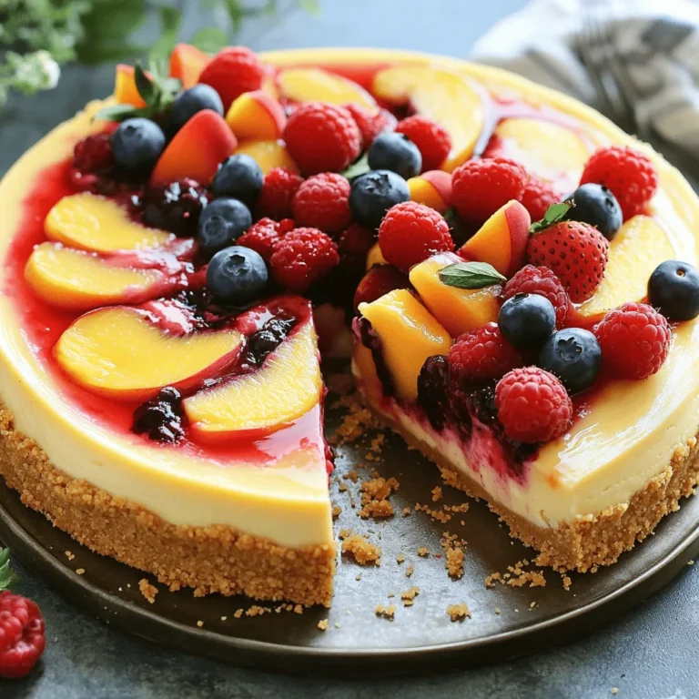 For this delightful cheesecake, you will need: - 1 and 1/2 cups graham cracker crumbs - 1/4 cup granulated sugar - 1/2 cup unsalted butter, melted - 16 oz cream cheese, softened - 1 cup powdered sugar - 1 teaspoon vanilla extract - 3 large eggs - 1 cup fresh peaches, pureed - 1 cup mixed fresh berries (strawberries, blueberries, raspberries) - 1 tablespoon lemon juice - 1/4 cup sour cream (optional for extra creaminess) These ingredients create a rich and creamy cheesecake with a tasty fruit topping. The cream cheese gives a smooth texture. The fresh peaches add sweetness, while the mixed berries provide a bold flavor. You can enhance the taste of your cheesecake with: - Sour cream for creaminess - Variations on sweeteners Using sour cream makes the cheesecake even richer. You can also try honey or maple syrup instead of granulated sugar for a different flavor profile. These options let you customize the cheesecake to your taste. If you want to try something new, I recommend experimenting with these additions. They can make your dessert even more special! For the full recipe, visit the [Full Recipe]. To start, preheat your oven to 325°F (160°C). This temperature is perfect for baking cheesecake. Make sure your oven is fully warmed before you bake. A good tip is to use an oven thermometer for accuracy. This prevents any surprises during baking. Next, prepare your baking environment. Line the bottom of your springform pan with parchment paper. This helps the cheesecake come out easier. Also, place a baking sheet on the rack below to catch any drips. To make the crust, grab a medium bowl. Mix together 1 and 1/2 cups of graham cracker crumbs, 1/4 cup of granulated sugar, and 1/2 cup of melted unsalted butter. Stir until the mixture is well combined. Now, press this mixture into the bottom of your 9-inch springform pan. Use the back of a measuring cup for an even layer. Bake the crust for 10 minutes. It should look golden brown. Let it cool before adding the filling. In a large mixing bowl, beat 16 oz of softened cream cheese with an electric mixer. Aim for a smooth texture. Gradually add in 1 cup of powdered sugar. Continue mixing until well combined. Next, add 1 teaspoon of vanilla extract. Then, crack in 3 large eggs one by one. Make sure to blend well after each egg. Now, stir in 1 cup of pureed peaches and 1 tablespoon of lemon juice. If you want extra creaminess, add 1/4 cup of sour cream. Mix until smooth and creamy. Gently fold in 1 cup of mixed fresh berries. Use a spatula to keep the berries whole. This adds nice texture to your cheesecake. Pour the cheesecake filling into your cooled crust. Bake in your preheated oven for 55-60 minutes. The edges should be set, but the center will still jiggle a bit. This is normal! After baking, turn off the oven and crack the door open slowly. Let the cheesecake cool in the oven for one hour. This helps to avoid cracks on the top. Once cooled, place the cheesecake in the fridge. Chill for at least 4 hours, or overnight for the best flavor. The longer it chills, the better it tastes. To keep your cheesecake smooth, avoid sudden temperature changes. A water bath helps with this. Place your springform pan in a larger pan filled with hot water. This step creates steam that helps cook the cheesecake evenly. Also, make sure to bake at the right temperature. Too high can cause cracks as it cooks too fast. For humidity, avoid baking on humid days. High humidity can affect the texture. To get that creamy cheesecake texture, it’s key to use room temperature ingredients. Cold ingredients can lead to lumps. So, let your cream cheese and eggs sit out for about 30 minutes before mixing. When you mix, do it slowly. Overmixing can add too much air, causing cracks. A smooth, gentle blend keeps that nice, creamy feel. Garnishing your cheesecake makes it even more appealing. Top it with fresh berries right before serving. You can also drizzle honey or a berry sauce over the top. For drinks, a sweet white wine pairs well. If you want something lighter, serve with whipped cream. This adds a nice touch and enhances flavors. For more ideas, check out the [Full Recipe]. {{image_2}} You can change up the fruit for your cheesecake. Summer is great for fresh berries. I love using strawberries, blueberries, and raspberries. You can also try seasonal fruits like cherries or plums. If fresh fruit is not an option, frozen berries work well too. Just make sure to thaw and drain them first. This keeps the filling from being too watery. The crust can change the whole cheesecake experience. Try using a nut crust made from almonds or pecans. It adds a nice crunch. You can also use cookie crumbs, like Oreos or Nilla wafers, for a sweet twist. For those who need gluten-free options, crushed gluten-free cookies work great. Just look for ones that have a similar texture to graham crackers. You can boost the flavor of your cheesecake easily. For a chocolate kick, add cocoa powder or chocolate chips. Mix in spices like cinnamon or nutmeg for a warm touch. Unique toppings can also elevate your dessert. Consider adding whipped cream, caramel sauce, or even a sprinkle of toasted coconut. These little extras make each slice special. For the full recipe, check the details above! To keep your Summer Berry Peach Cheesecake fresh, store it in the fridge. Wrap it tightly in plastic wrap or place it in an airtight container. This helps to keep out air and moisture. If you have slices, use a cake dome or a sealed container. This prevents drying out and keeps the flavors intact. Yes, you can freeze Summer Berry Peach Cheesecake! To freeze, wrap the whole cheesecake or slices in plastic wrap, then in aluminum foil. This double-layering helps prevent freezer burn. For best results, freeze it for up to three months. When ready to eat, thaw it in the fridge overnight. This keeps the texture smooth and creamy. In the fridge, your cheesecake will last about five days. After that, it might start to lose flavor and texture. Look for signs of spoilage like an off smell or a change in color. If it feels slimy or has mold, it’s best to throw it away. Enjoy your cheesecake fresh for the best taste! Yes, you can make this cheesecake ahead of time. It actually tastes better after chilling. I suggest making it a day or two in advance. Just store it in the fridge after it cools. Cover it well to keep it fresh. This way, you save time on the day you want to serve it. If you don't have fresh peaches, don't worry! You can use canned peaches instead. Just drain them well and puree them. Frozen peaches work too; thaw and blend them before adding. You can also try peach preserves for a sweet flavor boost. These options keep the peach taste in your cheesecake. You can use low-fat cream cheese if you prefer. It will change the texture a bit, making it lighter. Neufchâtel cheese can work as well. It has a similar taste but is lower in fat. Just remember, any change may affect the cheesecake’s creaminess. To check if your cheesecake is done, look for the edges. They should be set and firm. The center should still jiggle slightly when you shake the pan. You can also insert a toothpick. If it comes out clean or with a few crumbs, it’s ready. Cracking can happen for a few reasons. One common cause is baking at too high a temperature. Always bake at 325°F (160°C) for this recipe. Another reason may be sudden temperature changes. Let the cheesecake cool in the oven with the door ajar. This helps prevent cracks. This blog offers a step-by-step guide to making a Summer Berry Peach Cheesecake. I covered the required ingredients, baking techniques, and tips to prevent cracks. You learned about variations, storage, and how to enhance flavors. In making this cheesecake, you can impress your family and friends. With practice, you'll perfect your technique. Enjoy the fun of baking and creating tasty treats!