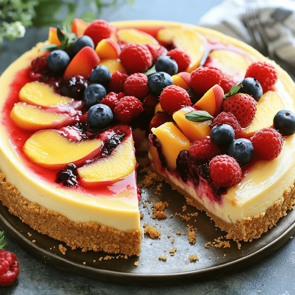For this delightful cheesecake, you will need: - 1 and 1/2 cups graham cracker crumbs - 1/4 cup granulated sugar - 1/2 cup unsalted butter, melted - 16 oz cream cheese, softened - 1 cup powdered sugar - 1 teaspoon vanilla extract - 3 large eggs - 1 cup fresh peaches, pureed - 1 cup mixed fresh berries (strawberries, blueberries, raspberries) - 1 tablespoon lemon juice - 1/4 cup sour cream (optional for extra creaminess) These ingredients create a rich and creamy cheesecake with a tasty fruit topping. The cream cheese gives a smooth texture. The fresh peaches add sweetness, while the mixed berries provide a bold flavor. You can enhance the taste of your cheesecake with: - Sour cream for creaminess - Variations on sweeteners Using sour cream makes the cheesecake even richer. You can also try honey or maple syrup instead of granulated sugar for a different flavor profile. These options let you customize the cheesecake to your taste. If you want to try something new, I recommend experimenting with these additions. They can make your dessert even more special! For the full recipe, visit the [Full Recipe]. To start, preheat your oven to 325°F (160°C). This temperature is perfect for baking cheesecake. Make sure your oven is fully warmed before you bake. A good tip is to use an oven thermometer for accuracy. This prevents any surprises during baking. Next, prepare your baking environment. Line the bottom of your springform pan with parchment paper. This helps the cheesecake come out easier. Also, place a baking sheet on the rack below to catch any drips. To make the crust, grab a medium bowl. Mix together 1 and 1/2 cups of graham cracker crumbs, 1/4 cup of granulated sugar, and 1/2 cup of melted unsalted butter. Stir until the mixture is well combined. Now, press this mixture into the bottom of your 9-inch springform pan. Use the back of a measuring cup for an even layer. Bake the crust for 10 minutes. It should look golden brown. Let it cool before adding the filling. In a large mixing bowl, beat 16 oz of softened cream cheese with an electric mixer. Aim for a smooth texture. Gradually add in 1 cup of powdered sugar. Continue mixing until well combined. Next, add 1 teaspoon of vanilla extract. Then, crack in 3 large eggs one by one. Make sure to blend well after each egg. Now, stir in 1 cup of pureed peaches and 1 tablespoon of lemon juice. If you want extra creaminess, add 1/4 cup of sour cream. Mix until smooth and creamy. Gently fold in 1 cup of mixed fresh berries. Use a spatula to keep the berries whole. This adds nice texture to your cheesecake. Pour the cheesecake filling into your cooled crust. Bake in your preheated oven for 55-60 minutes. The edges should be set, but the center will still jiggle a bit. This is normal! After baking, turn off the oven and crack the door open slowly. Let the cheesecake cool in the oven for one hour. This helps to avoid cracks on the top. Once cooled, place the cheesecake in the fridge. Chill for at least 4 hours, or overnight for the best flavor. The longer it chills, the better it tastes. To keep your cheesecake smooth, avoid sudden temperature changes. A water bath helps with this. Place your springform pan in a larger pan filled with hot water. This step creates steam that helps cook the cheesecake evenly. Also, make sure to bake at the right temperature. Too high can cause cracks as it cooks too fast. For humidity, avoid baking on humid days. High humidity can affect the texture. To get that creamy cheesecake texture, it’s key to use room temperature ingredients. Cold ingredients can lead to lumps. So, let your cream cheese and eggs sit out for about 30 minutes before mixing. When you mix, do it slowly. Overmixing can add too much air, causing cracks. A smooth, gentle blend keeps that nice, creamy feel. Garnishing your cheesecake makes it even more appealing. Top it with fresh berries right before serving. You can also drizzle honey or a berry sauce over the top. For drinks, a sweet white wine pairs well. If you want something lighter, serve with whipped cream. This adds a nice touch and enhances flavors. For more ideas, check out the [Full Recipe]. {{image_2}} You can change up the fruit for your cheesecake. Summer is great for fresh berries. I love using strawberries, blueberries, and raspberries. You can also try seasonal fruits like cherries or plums. If fresh fruit is not an option, frozen berries work well too. Just make sure to thaw and drain them first. This keeps the filling from being too watery. The crust can change the whole cheesecake experience. Try using a nut crust made from almonds or pecans. It adds a nice crunch. You can also use cookie crumbs, like Oreos or Nilla wafers, for a sweet twist. For those who need gluten-free options, crushed gluten-free cookies work great. Just look for ones that have a similar texture to graham crackers. You can boost the flavor of your cheesecake easily. For a chocolate kick, add cocoa powder or chocolate chips. Mix in spices like cinnamon or nutmeg for a warm touch. Unique toppings can also elevate your dessert. Consider adding whipped cream, caramel sauce, or even a sprinkle of toasted coconut. These little extras make each slice special. For the full recipe, check the details above! To keep your Summer Berry Peach Cheesecake fresh, store it in the fridge. Wrap it tightly in plastic wrap or place it in an airtight container. This helps to keep out air and moisture. If you have slices, use a cake dome or a sealed container. This prevents drying out and keeps the flavors intact. Yes, you can freeze Summer Berry Peach Cheesecake! To freeze, wrap the whole cheesecake or slices in plastic wrap, then in aluminum foil. This double-layering helps prevent freezer burn. For best results, freeze it for up to three months. When ready to eat, thaw it in the fridge overnight. This keeps the texture smooth and creamy. In the fridge, your cheesecake will last about five days. After that, it might start to lose flavor and texture. Look for signs of spoilage like an off smell or a change in color. If it feels slimy or has mold, it’s best to throw it away. Enjoy your cheesecake fresh for the best taste! Yes, you can make this cheesecake ahead of time. It actually tastes better after chilling. I suggest making it a day or two in advance. Just store it in the fridge after it cools. Cover it well to keep it fresh. This way, you save time on the day you want to serve it. If you don't have fresh peaches, don't worry! You can use canned peaches instead. Just drain them well and puree them. Frozen peaches work too; thaw and blend them before adding. You can also try peach preserves for a sweet flavor boost. These options keep the peach taste in your cheesecake. You can use low-fat cream cheese if you prefer. It will change the texture a bit, making it lighter. Neufchâtel cheese can work as well. It has a similar taste but is lower in fat. Just remember, any change may affect the cheesecake’s creaminess. To check if your cheesecake is done, look for the edges. They should be set and firm. The center should still jiggle slightly when you shake the pan. You can also insert a toothpick. If it comes out clean or with a few crumbs, it’s ready. Cracking can happen for a few reasons. One common cause is baking at too high a temperature. Always bake at 325°F (160°C) for this recipe. Another reason may be sudden temperature changes. Let the cheesecake cool in the oven with the door ajar. This helps prevent cracks. This blog offers a step-by-step guide to making a Summer Berry Peach Cheesecake. I covered the required ingredients, baking techniques, and tips to prevent cracks. You learned about variations, storage, and how to enhance flavors. In making this cheesecake, you can impress your family and friends. With practice, you'll perfect your technique. Enjoy the fun of baking and creating tasty treats!