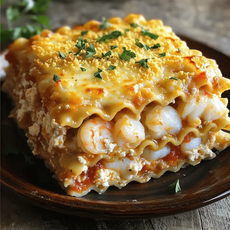 To make a great seafood lasagna, you need fresh and tasty ingredients. Here’s a list of what I use: - Seafood Options: - 200g shrimp, peeled and deveined - 200g scallops, sliced - 200g white fish (like cod or haddock), cut into bite-sized pieces These seafood options give a rich flavor. You can mix and match based on what you like or what is fresh. - Dairy Products and Herbs: - 1 cup ricotta cheese - 2 cups mozzarella cheese, shredded - 1 cup Parmesan cheese, grated - 1 teaspoon dried oregano - 1 teaspoon dried basil - Salt and pepper to taste The blend of cheeses makes the dish creamy. The herbs add a nice taste that really brings everything together. - Lasagna Noodles and Sauces: - 9 lasagna noodles - 2 cups marinara sauce I use regular lasagna noodles, but you can choose whole wheat or gluten-free if you need. The marinara sauce is key; it ties the layers together and adds depth. For the full recipe, check out Ocean's Delight Seafood Lasagna. It will guide you through making this delicious dish step by step. To start, heat olive oil in a large skillet over medium heat. Add the finely chopped onion and minced garlic. Sauté them until they become soft, which takes about 3-4 minutes. This step builds a strong flavor base for your dish. Next, toss in the shrimp and scallops. Cook them until they are opaque, around 4-5 minutes. This step is key for keeping your seafood tender. After that, stir in the white fish and spinach. Cook until the spinach wilts down. Don’t forget to season the mixture with oregano, basil, salt, and pepper. This adds depth to your seafood mix. Once done, remove it from heat and let it cool slightly. Now it's time to assemble your lasagna! Start by spreading a thin layer of marinara sauce at the bottom of a 9x13 inch baking dish. Place three lasagna noodles over this sauce. Make sure the noodles are not touching each other. Spoon half of the seafood mixture over the noodles. Then, add half of the ricotta cheese mixture on top. Next, layer more marinara sauce over this. Sprinkle a mix of mozzarella and Parmesan cheese. Repeat these layers: noodles, remaining seafood, remaining ricotta, and more marinara sauce. Finish with a final layer of noodles topped with the rest of the marinara and a generous amount of mozzarella and Parmesan cheese. Preheat your oven to 180°C (350°F). Cover your lasagna with foil, but remember to spray the foil with cooking spray to prevent sticking. Bake it in the oven for 25 minutes. After that, remove the foil and bake for an additional 15-20 minutes. You want the cheese to be bubbly and golden. Once it's done, let it sit for about 10 minutes. This helps the layers set. Before serving, garnish with fresh parsley for a pop of color. Enjoy a slice of your savory seafood lasagna made with love! For the complete recipe, check out the Full Recipe. How to ensure seafood doesn’t overcook Seafood cooks fast. To avoid rubbery texture, cook it just until opaque. For shrimp, that’s about 4-5 minutes. Scallops need about the same time. White fish cooks quickly too, about 3-4 minutes. Always remove seafood from heat once it turns opaque. Flavor pairings that complement seafood Lemon, garlic, and fresh herbs work magic with seafood. Consider using parsley, basil, or dill. These bright flavors balance the richness of cheese and sauce. Pairing seafood with spinach adds color and nutrients. The sweetness of shrimp and scallops pairs well with marinara sauce. Tips on ingredient substitutions You can swap seafood types based on what you like. Try crab or lobster for a luxurious touch. For a lighter dish, substitute with zucchini or mushrooms. If you need a dairy-free option, use nut-based cheeses. Just keep the flavor balance in mind. Pairing with side dishes like salads and bread Serve seafood lasagna with a crisp salad. A simple mixed greens salad works great. Add a light vinaigrette to enhance the meal. Garlic bread or a crusty baguette is perfect for soaking up sauce. These sides make your meal feel complete. Ideal wine pairings for seafood lasagna White wine is a classic choice with seafood. A chilled Sauvignon Blanc or Pinot Grigio pairs nicely. If you prefer red, choose a light one like Pinot Noir. The right wine enhances the flavors and adds to your dining experience. Creative presentation ideas for special occasions Make your dish pop with color. Serve on white plates to highlight the lasagna’s layers. Garnish with fresh parsley for a bright touch. Drizzle extra marinara sauce around the plate for flair. These small touches impress guests at any gathering. For more details, check out the Full Recipe. {{image_2}} You can change up seafood lasagna with different ingredients. If you do not want seafood, try vegetables or meat. Zucchini, mushrooms, or spinach make great veggie swaps. For a meaty option, ground chicken or turkey works well. You can also play with sauces. Instead of marinara, consider a creamy Alfredo or a zesty pesto. Each sauce brings its own taste. Mix and match to find your favorite. For a vegetarian seafood lasagna, skip the seafood entirely. Use extra cheese and add more veggies. This keeps the dish rich and filling. You can even add artichoke hearts or sun-dried tomatoes for a unique flavor. Seafood lasagna has many regional spins. In Italy, you might find a version with clams and squid. Meanwhile, in Greece, they may add feta cheese and fresh herbs. Incorporating spices from around the world can change the dish’s flavor. For example, adding curry powder gives it a warm kick. Fresh dill or cilantro can brighten the taste, making it fresh and exciting. Experiment with these variations and spices. Doing so keeps seafood lasagna fun and new each time. This dish can become a canvas for your culinary creativity. To keep your seafood lasagna fresh, store it in the fridge. Place it in an airtight container. Seafood lasagna lasts for about three to four days in the fridge. If you want to keep it longer, freezing is a great option. Wrap it tightly in plastic wrap and then in aluminum foil. This way, it can last up to three months in the freezer. When you're ready to enjoy your leftover lasagna, reheating it properly is key. The best method is to use the oven. Preheat your oven to 180°C (350°F). Place the lasagna in an oven-safe dish and cover it with foil. Bake for about 25 minutes. This keeps the texture nice and moist. If you need a quicker option, you can use the microwave. Place a slice on a microwave-safe plate. Cover it with a damp paper towel to keep it from drying out. Heat it for one to two minutes. Check to see if it's hot all the way through. These methods help your seafood lasagna taste just as good as the first time you made it. Enjoy the rich flavors again! What type of seafood is best for seafood lasagna? I love using shrimp, scallops, and white fish like cod. These seafood types add great taste. You can mix in other seafood too. Just make sure they are fresh and flavorful. Can I prepare seafood lasagna in advance? Yes, you can prepare it up to one day ahead. Just assemble the layers and cover it well. Store it in the fridge. Bake it when you are ready to serve. How long does seafood lasagna last in the fridge? Seafood lasagna stays good for about three days in the fridge. Make sure to store it in an airtight container. This keeps it fresh and tasty. Can I use whole wheat lasagna noodles? Absolutely! Whole wheat noodles work well and add more fiber. They give a nice nutty flavor to the dish. Just cook them a bit longer than regular noodles. Should I thaw frozen seafood before cooking? Yes, thawing frozen seafood is best. It helps seafood cook evenly. You can defrost it in the fridge overnight for best results. What can I serve with seafood lasagna? A fresh salad pairs perfectly with seafood lasagna. Garlic bread is another great choice. Both add flavor and balance to your meal. Caloric content per serving Each serving of seafood lasagna has about 450 calories. This can vary based on the seafood and cheese used. It's a hearty meal but check the ingredients for your specific count. Health benefits of the ingredients used Seafood like shrimp and fish are rich in protein and omega-3 fatty acids. Spinach adds vitamins and minerals. This dish is not only delicious but also healthy for you! Seafood lasagna is a fantastic dish you can make with various seafood and ingredients. Choosing fresh seafood and seasoning well is key to great flavor. Follow the steps to prepare your seafood mixture, layer your lasagna, and bake it perfectly. Remember, you can customize recipes to fit your taste. Try different ingredients or serving ideas. Enjoy hearty seafood lasagna with family and friends, knowing you’ve made a delicious meal that’s sure to impress. Now, get ready to dig in and share your tasty creation!