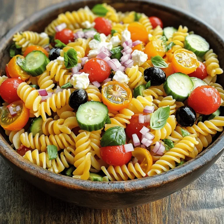To make a vibrant tricolored pasta salad, gather these main ingredients: - 2 cups tricolored rotini pasta - 1 cup cherry tomatoes, halved - 1 cup cucumber, diced - 1/2 cup black olives, sliced - 1/2 cup feta cheese, crumbled - 1/4 cup red onion, finely chopped - 1/4 cup fresh basil, chopped These ingredients give the salad its bright colors and fresh flavors. For the dressing, use these components: - 1/4 cup olive oil - 2 tablespoons red wine vinegar (or apple cider vinegar) - 1 teaspoon garlic powder - Salt and pepper to taste This dressing adds a zesty kick to the salad. The prep time for this dish is about 15 minutes. The total time is around 45 minutes. You can serve this salad for 4 to 6 people. This makes it perfect for gatherings or a family meal. For the full recipe, check the section above. To make tricolored pasta salad, first, boil the water. Use a large pot and add salt. Bring the water to a rolling boil. Next, add 2 cups of tricolored rotini pasta. Cook it according to the package directions until it is al dente. This usually takes around 8 to 10 minutes. Once cooked, drain the pasta in a colander. Rinsing the pasta under cold water is very important. This stops the cooking and cools the pasta quickly. While the pasta cooks, you can prep the vegetables. Start with 1 cup of cherry tomatoes. Cut them in half. Next, take 1 cup of cucumber and dice it into small pieces. Use a sharp knife for clean cuts. For the red onion, finely chop 1/4 cup. The smaller the pieces, the better the flavor. Don’t forget the black olives! Slice 1/2 cup. Lastly, chop 1/4 cup of fresh basil. Fresh herbs add a nice touch to the dish. Always use fresh vegetables for the best taste and look. After prepping, it’s time to mix everything. In a large bowl, combine the cooled pasta, cherry tomatoes, cucumber, black olives, feta cheese, red onion, and basil. For the dressing, whisk together 1/4 cup of olive oil, 2 tablespoons of red wine vinegar, and 1 teaspoon of garlic powder in a small bowl. Pour this dressing over the mixed ingredients. When tossing, do it gently to avoid mushiness. You want all ingredients to stay intact. Once mixed, cover the salad and chill it for at least 30 minutes. This helps the flavors blend well. For the full recipe, check the earlier section. To make your tricolored pasta salad great, cook your pasta al dente. This means the pasta should be firm when you bite it. If you cook it too long, it will turn mushy in the salad. After cooking, rinse the pasta under cold water. This stops the cooking process and cools it down quickly. When adding vegetables, use fresh ones to keep the crunch. If you want to avoid soggy veggies, do not add them too early. Wait until just before serving to mix them in. This helps maintain their crispness. To boost the taste of your salad, try adding fresh herbs like parsley or dill. You can also use spices like oregano or thyme for a kick. For a hint of sweetness, consider natural sweeteners like honey or agave syrup in your dressing. They balance the tang of the vinegar well. Make your salad look stunning by serving it in a large, clear bowl. This lets the colors shine through. You can also layer the veggies and pasta for an eye-catching look. For a final touch, use colorful garnishes like extra basil leaves or sliced olives. These not only add beauty but also enhance the flavor. When you serve your tricolored pasta salad, remember to keep it cool. A chilled dish is more refreshing, especially on warm days. For the complete recipe, check out the [Full Recipe]. {{image_2}} You can change the pasta type to suit your taste. Try penne or farfalle instead of tricolored rotini. Both work great and add texture. For veggies, add bell peppers or spinach for color and crunch. You can also mix in proteins. Grilled chicken, shrimp, or chickpeas add a nice boost. Red wine vinegar is tasty, but apple cider vinegar works too. It gives a bit of sweetness. You can also try balsamic vinegar for a rich flavor. If you want creamy, use ranch or yogurt-based dressings. They add a smooth touch that pairs well with the pasta. Think about seasonal flavors. In summer, add fresh corn or zucchini. Fall calls for roasted butternut squash and cranberries. You can even mix in flavors from other cuisines. A taco-themed salad can have black beans, corn, and a zesty lime dressing. The options are endless! To store your tricolored pasta salad, use airtight containers. Glass or plastic containers work well. These containers keep air out and help maintain freshness. Before storing, let the salad cool down to room temperature. This step prevents moisture buildup inside the container. You can keep the salad separate from the dressing for best results. Mix the dressing in just before serving. Refrigerate your pasta salad for up to three days. After three days, the salad may lose flavor and texture. Look for signs before eating. If the salad smells sour or changes color, it’s time to toss it. If the veggies appear slimy or mushy, do not consume the salad. If you have leftover pasta salad, serve it cold or at room temperature. You can remix it by adding fresh herbs or more veggies. This helps revive the flavors. For a new twist, try adding grilled chicken or shrimp. This adds protein and makes a filling meal. You can also blend in some pesto or a different dressing to change the taste. Enjoy your culinary creativity! You can make tricolored pasta salad a day in advance. Cook the pasta and chop the veggies. Store them in separate containers in the fridge. Just mix them together when you’re ready to serve. This keeps the pasta firm and the veggies fresh. For maximum flavor, let the salad chill for at least 30 minutes. This helps the ingredients blend well. If you make it the night before, the taste will deepen. Just remember to stir it before serving. Yes, you can easily make this salad vegan. Swap out feta cheese for a plant-based cheese. You can also use a vegan dressing. The olive oil and vinegar work well without any dairy. Try adding more veggies like bell peppers or avocados for creaminess. You can even toss in some chickpeas for protein. This way, you keep the salad filling and tasty. A simple olive oil and vinegar dressing works best. Use red wine vinegar or apple cider vinegar for tang. Garlic powder adds a nice kick. You can also try creamy dressings. A tahini or cashew cream dressing could be great. Just pick what you like best. Don’t forget to season the dressing with salt and pepper. This makes all the flavors pop! For the full recipe, check out the details above. In this blog post, we explored the essentials for a tasty tricolored pasta salad. You learned about key ingredients, from fresh veggies to zesty dressings. We walked through each preparation step, ensuring your pasta is perfectly cooked and your vegetables crisp. Tips on texture and flavor kept the dish exciting, while storage methods ensured freshness. In summary, pasta salad is versatile and can cater to different tastes. Enjoy experimenting with your own twists and savor the flavors!