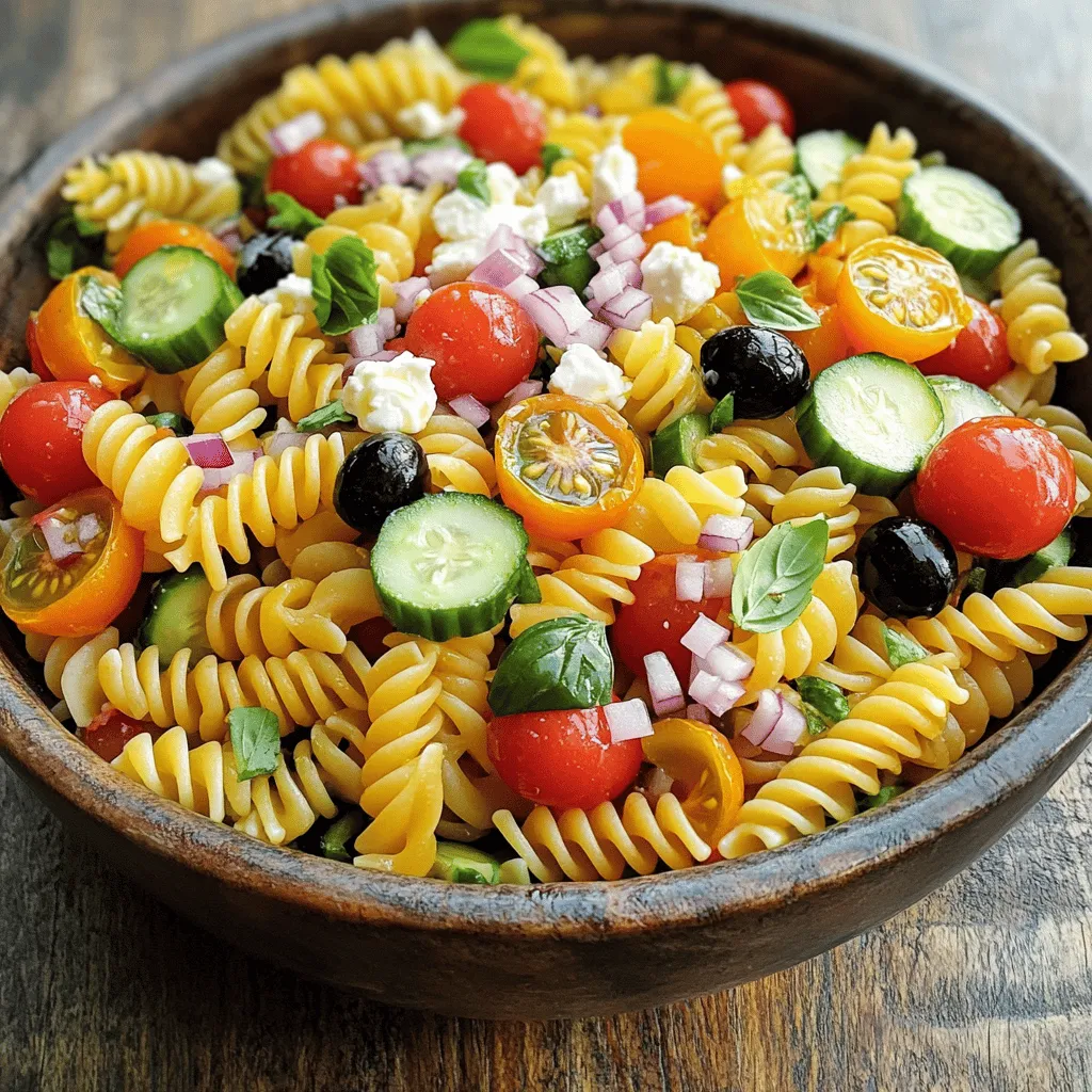 To make a vibrant tricolored pasta salad, gather these main ingredients: - 2 cups tricolored rotini pasta - 1 cup cherry tomatoes, halved - 1 cup cucumber, diced - 1/2 cup black olives, sliced - 1/2 cup feta cheese, crumbled - 1/4 cup red onion, finely chopped - 1/4 cup fresh basil, chopped These ingredients give the salad its bright colors and fresh flavors. For the dressing, use these components: - 1/4 cup olive oil - 2 tablespoons red wine vinegar (or apple cider vinegar) - 1 teaspoon garlic powder - Salt and pepper to taste This dressing adds a zesty kick to the salad. The prep time for this dish is about 15 minutes. The total time is around 45 minutes. You can serve this salad for 4 to 6 people. This makes it perfect for gatherings or a family meal. For the full recipe, check the section above. To make tricolored pasta salad, first, boil the water. Use a large pot and add salt. Bring the water to a rolling boil. Next, add 2 cups of tricolored rotini pasta. Cook it according to the package directions until it is al dente. This usually takes around 8 to 10 minutes. Once cooked, drain the pasta in a colander. Rinsing the pasta under cold water is very important. This stops the cooking and cools the pasta quickly. While the pasta cooks, you can prep the vegetables. Start with 1 cup of cherry tomatoes. Cut them in half. Next, take 1 cup of cucumber and dice it into small pieces. Use a sharp knife for clean cuts. For the red onion, finely chop 1/4 cup. The smaller the pieces, the better the flavor. Don’t forget the black olives! Slice 1/2 cup. Lastly, chop 1/4 cup of fresh basil. Fresh herbs add a nice touch to the dish. Always use fresh vegetables for the best taste and look. After prepping, it’s time to mix everything. In a large bowl, combine the cooled pasta, cherry tomatoes, cucumber, black olives, feta cheese, red onion, and basil. For the dressing, whisk together 1/4 cup of olive oil, 2 tablespoons of red wine vinegar, and 1 teaspoon of garlic powder in a small bowl. Pour this dressing over the mixed ingredients. When tossing, do it gently to avoid mushiness. You want all ingredients to stay intact. Once mixed, cover the salad and chill it for at least 30 minutes. This helps the flavors blend well. For the full recipe, check the earlier section. To make your tricolored pasta salad great, cook your pasta al dente. This means the pasta should be firm when you bite it. If you cook it too long, it will turn mushy in the salad. After cooking, rinse the pasta under cold water. This stops the cooking process and cools it down quickly. When adding vegetables, use fresh ones to keep the crunch. If you want to avoid soggy veggies, do not add them too early. Wait until just before serving to mix them in. This helps maintain their crispness. To boost the taste of your salad, try adding fresh herbs like parsley or dill. You can also use spices like oregano or thyme for a kick. For a hint of sweetness, consider natural sweeteners like honey or agave syrup in your dressing. They balance the tang of the vinegar well. Make your salad look stunning by serving it in a large, clear bowl. This lets the colors shine through. You can also layer the veggies and pasta for an eye-catching look. For a final touch, use colorful garnishes like extra basil leaves or sliced olives. These not only add beauty but also enhance the flavor. When you serve your tricolored pasta salad, remember to keep it cool. A chilled dish is more refreshing, especially on warm days. For the complete recipe, check out the [Full Recipe]. {{image_2}} You can change the pasta type to suit your taste. Try penne or farfalle instead of tricolored rotini. Both work great and add texture. For veggies, add bell peppers or spinach for color and crunch. You can also mix in proteins. Grilled chicken, shrimp, or chickpeas add a nice boost. Red wine vinegar is tasty, but apple cider vinegar works too. It gives a bit of sweetness. You can also try balsamic vinegar for a rich flavor. If you want creamy, use ranch or yogurt-based dressings. They add a smooth touch that pairs well with the pasta. Think about seasonal flavors. In summer, add fresh corn or zucchini. Fall calls for roasted butternut squash and cranberries. You can even mix in flavors from other cuisines. A taco-themed salad can have black beans, corn, and a zesty lime dressing. The options are endless! To store your tricolored pasta salad, use airtight containers. Glass or plastic containers work well. These containers keep air out and help maintain freshness. Before storing, let the salad cool down to room temperature. This step prevents moisture buildup inside the container. You can keep the salad separate from the dressing for best results. Mix the dressing in just before serving. Refrigerate your pasta salad for up to three days. After three days, the salad may lose flavor and texture. Look for signs before eating. If the salad smells sour or changes color, it’s time to toss it. If the veggies appear slimy or mushy, do not consume the salad. If you have leftover pasta salad, serve it cold or at room temperature. You can remix it by adding fresh herbs or more veggies. This helps revive the flavors. For a new twist, try adding grilled chicken or shrimp. This adds protein and makes a filling meal. You can also blend in some pesto or a different dressing to change the taste. Enjoy your culinary creativity! You can make tricolored pasta salad a day in advance. Cook the pasta and chop the veggies. Store them in separate containers in the fridge. Just mix them together when you’re ready to serve. This keeps the pasta firm and the veggies fresh. For maximum flavor, let the salad chill for at least 30 minutes. This helps the ingredients blend well. If you make it the night before, the taste will deepen. Just remember to stir it before serving. Yes, you can easily make this salad vegan. Swap out feta cheese for a plant-based cheese. You can also use a vegan dressing. The olive oil and vinegar work well without any dairy. Try adding more veggies like bell peppers or avocados for creaminess. You can even toss in some chickpeas for protein. This way, you keep the salad filling and tasty. A simple olive oil and vinegar dressing works best. Use red wine vinegar or apple cider vinegar for tang. Garlic powder adds a nice kick. You can also try creamy dressings. A tahini or cashew cream dressing could be great. Just pick what you like best. Don’t forget to season the dressing with salt and pepper. This makes all the flavors pop! For the full recipe, check out the details above. In this blog post, we explored the essentials for a tasty tricolored pasta salad. You learned about key ingredients, from fresh veggies to zesty dressings. We walked through each preparation step, ensuring your pasta is perfectly cooked and your vegetables crisp. Tips on texture and flavor kept the dish exciting, while storage methods ensured freshness. In summary, pasta salad is versatile and can cater to different tastes. Enjoy experimenting with your own twists and savor the flavors!