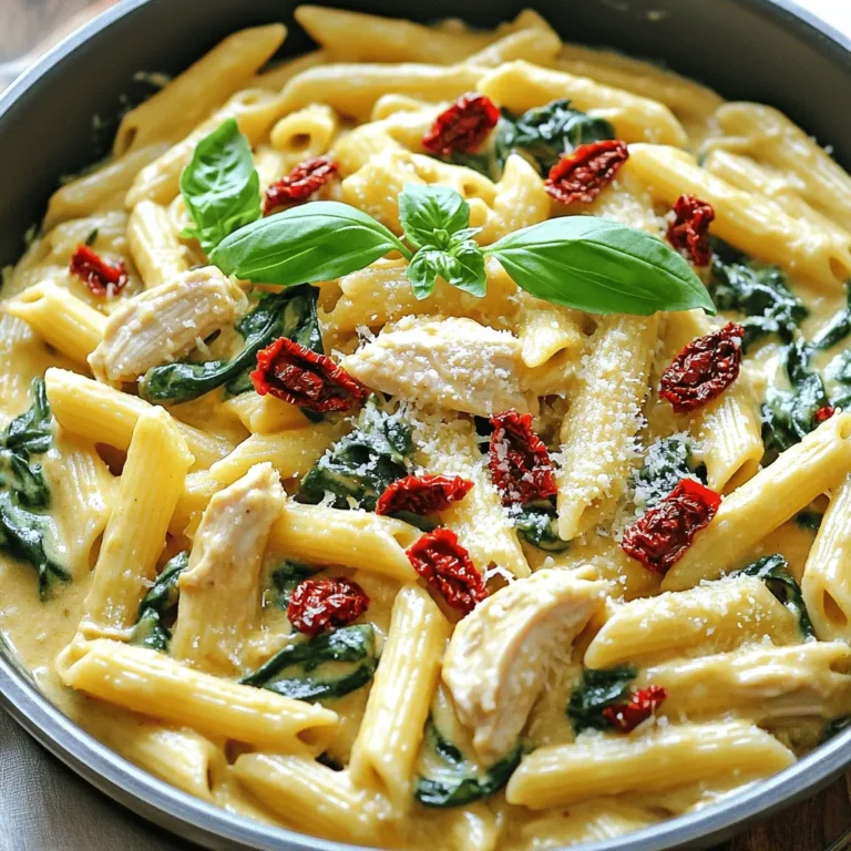 To make One Pot Tuscan Chicken Pasta, gather these key items: - 2 tablespoons olive oil - 1 pound chicken breast, diced - 4 cloves garlic, minced - 1 teaspoon Italian seasoning - 1 cup sun-dried tomatoes, chopped - 3 cups chicken broth - 12 ounces penne pasta - 1 cup heavy cream or coconut cream - 2 cups fresh spinach - 1 cup grated Parmesan cheese - Salt and pepper to taste - Fresh basil leaves for garnish These ingredients come together to create a rich and creamy dish. The chicken adds protein, while the sun-dried tomatoes give a burst of flavor. The creamy sauce binds all the flavors and coats the pasta perfectly. You can boost the taste of your pasta with these options: - Red pepper flakes for heat - Artichoke hearts for a tangy touch - Olives for a briny flavor - Mushrooms for an earthy note These add-ins can enhance each bite. Feel free to mix and match based on your taste. To make cooking easy, use these tools: - Large pot or deep skillet - Wooden spoon for stirring - Knife and cutting board for prep - Measuring cups and spoons Having the right tools makes cooking smoother. A large pot helps blend all the flavors well. A wooden spoon ensures you don’t scratch your pot while stirring. For the full recipe, check the link above. Enjoy crafting your delicious meal! To start, grab a large pot. Heat 2 tablespoons of olive oil over medium-high heat. Once hot, add 1 pound of diced chicken breast. Cook it for about 5-7 minutes until it’s browned. Season the chicken with salt, pepper, and 1 teaspoon of Italian seasoning. This adds a nice flavor to your dish. Once the chicken is cooked, add 4 cloves of minced garlic and 1 cup of chopped sun-dried tomatoes. Sauté these for about 2 minutes. The garlic should smell great at this point. Now, pour in 3 cups of chicken broth. Bring this mixture to a light simmer. Next, add 12 ounces of penne pasta, stirring well to mix everything. Cover the pot and cook for 10-12 minutes. Stir occasionally to ensure the pasta cooks evenly. The pasta should be tender and most of the liquid absorbed when it's done. Reduce the heat to low. Next, stir in 1 cup of heavy cream or coconut cream. This makes your sauce creamy and rich. Mix well to combine everything. Add 2 cups of fresh spinach and cook for another 2-3 minutes. You want the spinach to wilt but still look fresh. Finally, remove the pot from heat and stir in 1 cup of grated Parmesan cheese. This will melt and create a delicious sauce. Adjust the seasoning with more salt and pepper if needed. For the finishing touch, garnish with fresh basil leaves. You can find the Full Recipe for more details. When cooking pasta, always use a large pot. This gives the pasta room to move. Use plenty of water—at least 4 quarts for every pound of pasta. Salt the water well; it should taste like the sea. Add the pasta once the water boils. Stir it often to prevent sticking. Cook until just al dente, as it will finish cooking in the sauce. Drain the pasta, but save some pasta water. This water can help thicken the sauce if needed. To make the sauce creamy, add heavy cream or coconut cream after cooking the pasta. Stir it in slowly over low heat. This helps blend the flavors without curdling. If you want extra creaminess, add more cheese. Grated Parmesan melts well and enriches the sauce. Don't forget to taste and adjust the seasoning. A pinch of salt often makes a big difference in flavor. Seasoning is key in this dish. Start with Italian seasoning for a classic taste. Fresh garlic adds a punch, so use it generously. Sun-dried tomatoes offer a tangy bite that brightens the dish. Fresh basil at the end adds a lovely aroma. If you like heat, add red pepper flakes. Adjust the salt and pepper to your liking for the best flavor. Always remember, good seasoning can elevate your meal from good to great! {{image_2}} If you want a meat-free dish, try using mushrooms or firm tofu. Both options add a nice texture. Cook them just like you would the chicken. Add salt and pepper to bring out their flavors. You can also stir in extra garlic and Italian seasoning for more taste. This way, you keep the dish rich and satisfying. For a gluten-free meal, swap regular pasta with gluten-free penne. Many brands offer great options that cook similarly. You can also use zucchini noodles or spaghetti squash for a lighter touch. Just remember to adjust the cooking time for these alternatives. These swaps keep your meal tasty and safe for those with gluten concerns. You can boost your dish by adding seasonal veggies. Think about using bell peppers, zucchini, or cherry tomatoes. Just chop them and add them to the pot when you cook the chicken. This not only adds color but also brings extra nutrients. You can mix and match based on what’s fresh and available. It makes the dish even more vibrant and healthy. For the full recipe, check out the One Pot Tuscan Chicken Pasta section above. To store your One Pot Tuscan Chicken Pasta, let it cool first. Use an airtight container to keep it fresh. You can keep it in the fridge for up to three days. Make sure to label the container with the date. This way, you won’t forget when you made it! When you are ready to eat, reheat the pasta gently. You can use a microwave or a stove. If using the microwave, heat it in short bursts, stirring in between. If using the stove, add a splash of chicken broth or cream to keep it creamy. This adds moisture and flavor back to the dish. If you want to freeze your pasta, do it right away. Portion it out into freezer bags. Make sure to remove as much air as possible. This helps prevent freezer burn. You can freeze it for up to three months. When you’re ready to eat, thaw it in the fridge overnight and reheat as usual. For the full recipe, check out the link! You can use coconut cream instead of heavy cream. It adds creaminess with a hint of sweetness. You can also try using Greek yogurt or cashew cream for a lighter option. Both will give a nice texture without too many calories. When using yogurt, mix it in slowly to avoid curdling. Yes, you can use whole wheat pasta for this recipe. Whole wheat pasta adds more fiber and nutrients. Just be aware that it may cook a bit differently. Check the package for cooking times, as it may take longer. Adjust the broth amount if needed to keep it creamy. One Pot Tuscan Chicken Pasta will last about 3 to 4 days in the fridge. Store it in an airtight container to keep it fresh. When you reheat, add a splash of broth or cream to help it regain its creamy texture. - Full Recipe In this article, we covered the key ingredients for making One Pot Tuscan Chicken Pasta. You learned about essential and optional items, along with the best kitchen tools. The step-by-step instructions guide you through preparing the chicken, cooking pasta, and making a creamy sauce. I shared tips for perfect pasta and seasoning, plus variations for different diets. Finally, we covered storage tips to keep leftovers fresh. Remember, with simple steps, you can create a delicious meal that fits your needs. Enjoy your cooking adventure!