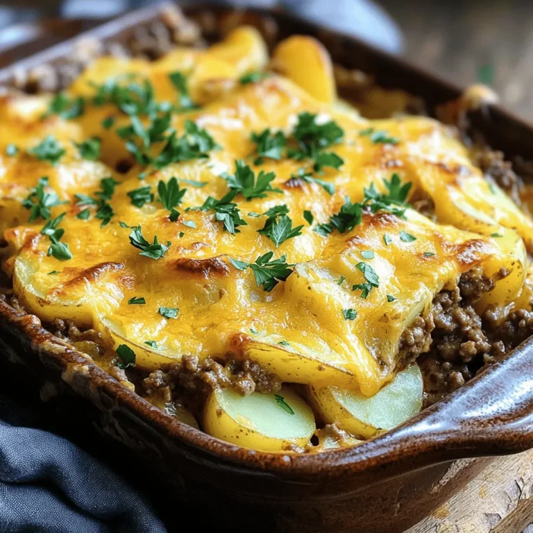 - 1 lb ground beef - 4 large potatoes, thinly sliced - 1 onion, finely chopped - 2 cloves garlic, minced - 1 cup beef broth - 1 cup sour cream - 1 cup shredded cheese (cheddar or a blend) - 2 tablespoons olive oil - 1 teaspoon dried thyme - 1 teaspoon smoked paprika - Salt and pepper to taste - Fresh parsley, chopped (for garnish) When I cook this casserole, I feel like I’m wrapping everyone in a warm hug. The main ingredients are simple but pack a lot of flavors. Ground beef is hearty. It mixes well with the creamy sour cream and cheesy goodness. Potatoes are the star of this dish. When they bake, they become soft. Their flavor balances with the beef. I love adding spices like thyme and smoked paprika to boost taste. You can also make it your own. - Vegetables (carrots, peas) - Different cheese options (mozzarella, gouda) - Spices for extra flavor Want to add more? Toss in some veggies like peas or carrots. They give color and nutrition. You can also change the cheese. Mozzarella or gouda can give it a fun twist. If you love heat, try adding spices like chili powder. Each choice makes the dish unique. For the full recipe, check out the detailed cooking instructions! - Preheat oven to 375°F (190°C). - Prepare ingredients: chop the onion, mince the garlic, and slice the potatoes. - In a large skillet, heat olive oil over medium heat. - Add the chopped onion and minced garlic. Sauté until the onion looks clear. - Add the ground beef to the skillet. Brown it while breaking it apart. - Drain any extra fat if needed. - Stir in beef broth, thyme, smoked paprika, salt, and pepper. - Let the mixture simmer for about 5 minutes. This helps the flavors mix well. - Grease a casserole dish before adding layers. - Layer half of the sliced potatoes evenly at the bottom. - Spread half of the beef mixture over the potatoes. - Add half of the sour cream next. Top with half of the shredded cheese. - Repeat the layers with the remaining potatoes, beef, sour cream, and cheese. - Make sure to spread each layer evenly for best cooking. - Cover the casserole with aluminum foil. Bake for 30 minutes. - After 30 minutes, take off the foil. Bake for another 15 minutes. - Check for doneness by poking a potato with a fork. It should be soft. - The cheese should also look bubbly and golden. This simple process leads you to a tasty dish that warms the heart. For detailed steps, refer to the Full Recipe. - Using fresh herbs for enhanced flavor: Fresh herbs like parsley or thyme can boost the taste. Chopping fresh parsley adds a bright note. Thyme enhances the savory flavor of the beef. - Tips for perfectly cooked potatoes: Slice potatoes evenly for even cooking. Thin slices cook faster and absorb flavors well. Soaking them in water for a few minutes can help reduce starch and improve texture. - Overcooking the beef: Keep a close eye on the beef while cooking. Overcooked beef can become dry and tough. Aim for a nice brown color, then remove from heat. - Soggy potatoes and how to prevent them: To avoid soggy potatoes, layer them properly. Make sure to drain any excess liquid from the beef mixture. You can also bake uncovered for part of the time to let moisture escape. - Recommended sides to complement the dish: A fresh salad pairs well with the casserole. Roasted vegetables can add a nice crunch. Bread or rolls also make a great side. - Ideal wine pairings: A medium-bodied red wine works best. Try a Merlot or a Cabernet Sauvignon. These wines match well with the richness of the beef. For the full recipe, check out [Full Recipe]. {{image_2}} You can easily make a vegetarian version of Beef & Potato Casserole. Instead of ground beef, use plant-based options. Some great choices are lentils, mushrooms, or textured vegetable protein. These substitutes add protein and fiber. They also soak up flavors well, making your dish tasty. You may need to adjust the cooking time slightly, but it will still be delicious. For a gluten-free casserole, choose the right ingredients. Use gluten-free beef broth and sour cream. Check labels to ensure no hidden gluten exists. You can also use cornstarch as a thickener if needed. This way, everyone can enjoy the dish without worry. To spice things up, add ingredients like jalapeños or hot sauce. This gives the casserole a warm kick. You can also explore different cuisines by using herbs and spices. Try Italian herbs like oregano and basil for a Mediterranean twist. Or, go for Mexican spices like cumin and chili powder for a bold flavor. These small changes can make your dish exciting and unique. To store your Beef & Potato Casserole, let it cool first. Place it in an airtight container. This keeps it fresh and safe. You can store it in the fridge for up to 3 days. When you want to eat it, just reheat the portion you want. If you want to freeze the casserole, follow these steps: 1. Allow it to cool completely. 2. Cut it into serving sizes for easy thawing. 3. Wrap each piece tightly in plastic wrap. 4. Place the wrapped portions in a freezer-safe bag or container. This way, the casserole can last up to 3 months in the freezer. When you're ready to enjoy it, thaw it overnight in the fridge. You can reheat it in the oven at 350°F (175°C) for about 25 minutes. If using a microwave, heat it in short intervals, checking often. This will help keep it tasty and warm. For more details, check the Full Recipe. Making Beef & Potato Casserole takes about 55 minutes. The prep time is 15 minutes. You will cook it for 40 minutes. This means you can enjoy a warm, hearty meal quickly. Yes, you can use sweet potatoes. They will change the taste and texture. Sweet potatoes are sweeter and creamier. This will give the dish a new flavor twist. Regular potatoes are starchy and hold their shape better. Both options are delicious, so choose what you prefer! You have many options if you need a sour cream substitute. Greek yogurt works well and adds protein. If you're dairy-free, try coconut cream or cashew cream. Both give a creamy texture. Tofu can also be blended for a similar effect. Absolutely! Doubling the recipe is easy. Just use a larger baking dish. Keep the same cooking time, but check for doneness. You want the potatoes to be soft and the cheese bubbly. This way, you can feed more people without losing quality. For the full recipe, refer to the previous section. This Beef & Potato Casserole is a simple and filling dish. We covered ingredients, step-by-step instructions, and tips for success. Keep the casserole fresh with smart storage and explore variations for your taste. Remember, making this meal can be easy, fun, and tasty. Whether you stick to the recipe or add your spin, you will enjoy a warm, hearty meal that friends and family will love. Happy cooking!